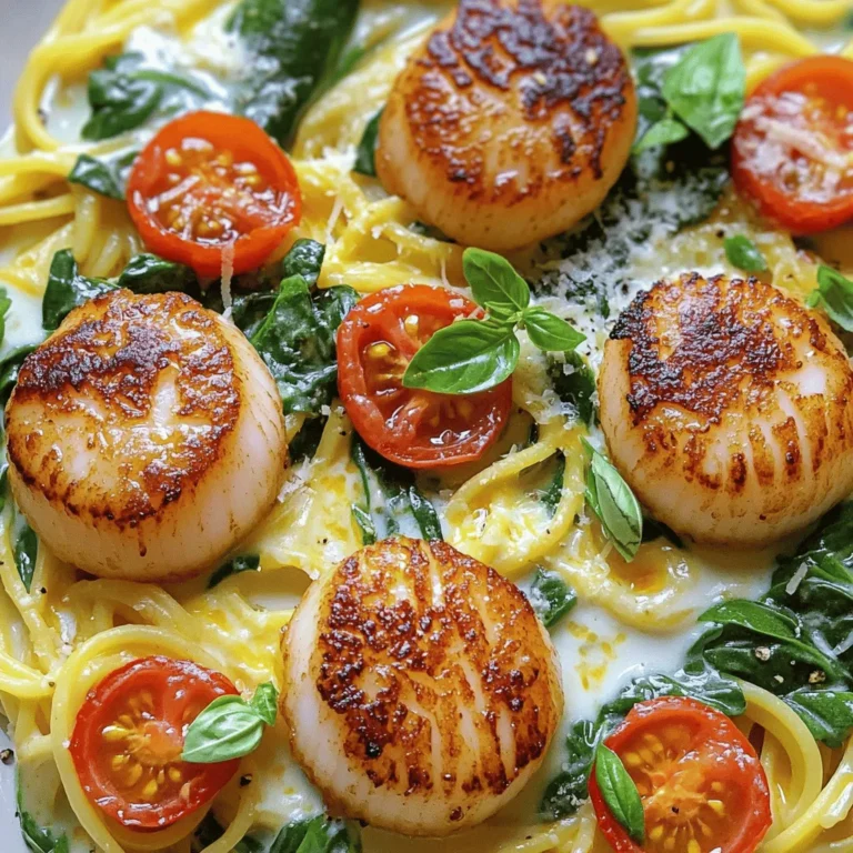 To make creamy Tuscan scallops, you need some simple and fresh ingredients. Here’s the list you’ll need: - 1 pound fresh scallops, patted dry - 2 tablespoons olive oil - 2 tablespoons unsalted butter - 3 cloves garlic, minced - 1 cup cherry tomatoes, halved - 2 cups baby spinach - 1 cup heavy cream - ½ cup grated Parmesan cheese - 1 teaspoon dried Italian herbs - Salt and pepper to taste - Fresh basil for garnish These ingredients come together to create a rich and tasty dish. The scallops give a sweet flavor, while the cream makes everything smooth. Cherry tomatoes add a pop of color and taste. Baby spinach brings in some freshness. The herbs and cheese round out the flavors nicely. This recipe is not just easy, but it feels special too. You can find the full recipe to guide you through the steps to make this delightful meal. To start, you need to season the scallops. Lightly sprinkle salt and pepper on both sides. This simple step enhances their natural taste. Make sure your scallops are dry. Pat them with a paper towel to remove moisture. A dry surface helps achieve a perfect sear. For the sear, use a large skillet. Heat 2 tablespoons of olive oil over medium-high heat. Wait until the oil shimmers; this shows it's hot enough. Place the scallops in the skillet, making sure they don’t touch. Sear them for 2-3 minutes until golden brown. Flip them and sear for another 2-3 minutes. Remove the scallops and set them aside. In the same skillet, melt 2 tablespoons of unsalted butter. Once melted, add 3 cloves of minced garlic. Cook it for about 1 minute until fragrant. Next, stir in 1 cup of halved cherry tomatoes and 1 teaspoon of dried Italian herbs. Cook for 2-3 minutes until the tomatoes soften and burst. Add 2 cups of baby spinach to the skillet. Stir and cook for another 1-2 minutes until it wilts. Now, pour in 1 cup of heavy cream. Bring the mixture to a gentle simmer. Stir in ½ cup of grated Parmesan cheese until it melts and blends well. Return the scallops to the skillet. Let them simmer in the sauce for 1 more minute. This warms them up and infuses them with flavor. Taste the sauce and adjust the seasoning with salt and pepper, if needed. For plating, serve the creamy Tuscan scallops over pasta or risotto. Spoon plenty of the sauce and veggies on top. For a special touch, garnish with fresh basil. This adds color and flavor to your dish. Enjoy making this creamy Tuscan scallops recipe, and check the Full Recipe for more details! To make creamy Tuscan scallops, timing is key. Cook scallops for 2-3 minutes per side. They should turn golden brown. Use medium-high heat for a nice sear. Avoid cooking them too long. Overcooked scallops turn rubbery, and no one wants that! For extra flavor, try adding fresh herbs like thyme or parsley. You can use crushed red pepper for a spicy kick. If you want a lighter dish, consider using half-and-half instead of heavy cream. This keeps the creaminess but cuts the fat. Creamy Tuscan scallops pair well with cooked pasta or creamy risotto. You can also serve them with garlic bread or a fresh salad. For garnish, sprinkle freshly chopped basil on top. It adds color and brightens the dish. Choose a large plate to showcase this beautiful meal. For the full recipe, refer to the [Full Recipe]. {{image_2}} You can switch out scallops for shrimp or fish. Both options work well in this dish. For a vegan twist, use tofu or chickpeas instead of scallops. Coconut cream can replace heavy cream for a plant-based version. Want some heat? Add red pepper flakes for spice. This will give your dish a nice kick. You can also try a Mediterranean twist. Add olives and artichokes for a fresh taste. This variation brings a new depth of flavor to the dish. Pair creamy Tuscan scallops with a crisp white wine. A Sauvignon Blanc or Pinot Grigio works best. For sides, serve a light salad or crusty bread. Garlic bread is a great choice for soaking up that creamy sauce. You can find the full recipe to explore these ideas more! To keep your creamy Tuscan scallops fresh, place them in an airtight container. This helps to maintain flavor and texture. Make sure to let the dish cool down before you seal it up. Store the container in the fridge. Your scallops will stay good for about 2-3 days. I recommend using glass containers for storing leftovers. They are durable and do not absorb odors. You can also use BPA-free plastic containers. Just ensure they are airtight to keep your scallops fresh. To reheat creamy Tuscan scallops, use a skillet on low heat. This method helps keep the scallops tender. Stir gently to avoid breaking them apart. You can also microwave them, but do it in short intervals. Check often to prevent overcooking. If you have extra creamy Tuscan scallops, consider adding them to pasta or risotto. They make a great topping for baked potatoes too. You can even mix them into a salad for added protein and flavor. What type of scallops are best for this recipe? I recommend using fresh sea scallops. They have a sweet, buttery flavor. Look for scallops that are plump and moist. Avoid any that smell fishy or are dry. Can I make creamy Tuscan scallops ahead of time? You can prepare the sauce in advance. Just cook the scallops right before serving. This keeps them tender and prevents them from becoming rubbery. Is there a substitute for heavy cream? Yes, you can use half-and-half or coconut cream. These options give a rich taste but may change the flavor slightly. How long does it take to cook scallops? Cooking scallops takes about 6 to 8 minutes. Sear them for 2-3 minutes on each side. They should be golden and firm when done. Can I freeze creamy Tuscan scallops? I do not recommend freezing them. The texture of the scallops changes when frozen. It’s best to enjoy them fresh. For more details on how to prepare this dish, check the Full Recipe. To make creamy Tuscan scallops, you need fresh ingredients and simple steps. This dish is quick and easy, perfect for a delightful dinner. Here’s what you need: - 1 pound fresh scallops, patted dry - 2 tablespoons olive oil - 2 tablespoons unsalted butter - 3 cloves garlic, minced - 1 cup cherry tomatoes, halved - 2 cups baby spinach - 1 cup heavy cream - ½ cup grated Parmesan cheese - 1 teaspoon dried Italian herbs - Salt and pepper to taste - Fresh basil for garnish You can find the full recipe with detailed steps and measurements in the complete guide. Follow the instructions for a creamy, rich meal that impresses. Enjoy cooking and tasting this dish! This blog post covered everything you need for creamy Tuscan scallops. We listed the key ingredients, shared step-by-step instructions, and provided helpful tips to perfect your dish. Remember, the right technique and flavors can elevate your meal. Don’t forget your sides and garnishes for a beautiful presentation. With options for variations and storage tips, you can adapt this dish to fit your needs. Enjoy creating this delicious recipe and impress your guests with ease!