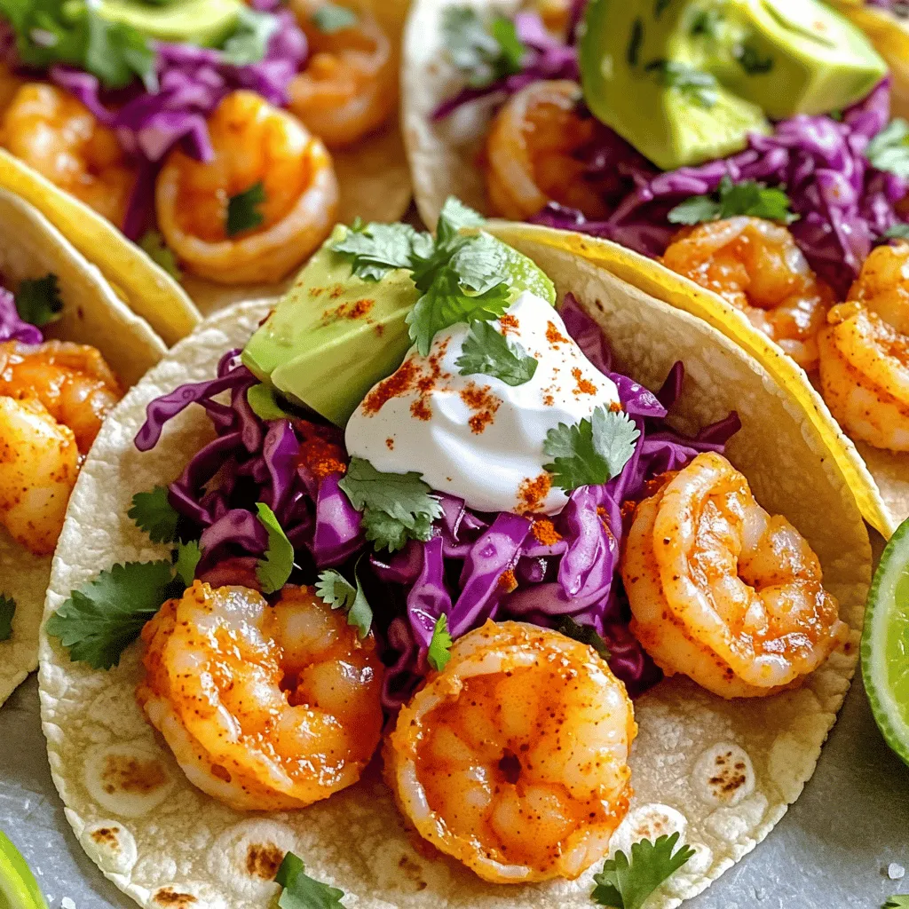 - 1 pound large shrimp - 3 tablespoons olive oil - 4 cloves garlic - Chili powder & cayenne pepper To make these tacos shine, choose fresh shrimp. This keeps the flavor bright and juicy. The olive oil gives a nice richness, while garlic packs in bold taste. The chili powder and cayenne pepper add the heat that makes these tacos special. - Red cabbage and fresh cilantro - Avocado and sour cream - Lime wedges for serving Red cabbage brings a nice crunch and vibrant color. Fresh cilantro adds a burst of flavor. Avocado gives creaminess, while sour cream balances the spice. Don’t forget lime wedges! They add a zesty kick. - Large mixing bowl - Skillet or frying pan - Cooking utensils A large mixing bowl makes it easy to coat the shrimp. A skillet or frying pan is key for cooking them just right. Have your cooking utensils ready for a smooth experience. For the full recipe of Spicy Garlic Shrimp Tacos, check the detailed instructions. To make the shrimp flavorful, combine the shrimp with spices and olive oil. In a large bowl, mix 1 pound of peeled and deveined shrimp with 3 tablespoons of olive oil. Add in 4 minced garlic cloves, 1 teaspoon of chili powder, 1/2 teaspoon of cayenne pepper, and 1 teaspoon of smoked paprika. Squeeze in the juice of 1 lime, and sprinkle with salt and pepper. Toss until the shrimp are well coated. For the best flavor, let the shrimp marinate for at least 15 minutes. If you have time, let them sit for up to 30 minutes. This allows the spices to soak in and boosts the taste. Next, heat a large skillet over medium-high heat. Once the skillet is hot, add the marinated shrimp in a single layer. Cook the shrimp for about 2-3 minutes on each side. You want them to turn pink and opaque. This quick cooking keeps them juicy and tender. Do not overcrowd the pan. If you have too many shrimp, cook them in batches. This way, they will cook evenly. While the shrimp cooks, warm the corn tortillas. Use a dry skillet and heat them for about 30 seconds on each side. You want them pliable but not crispy. To assemble, place a handful of shredded red cabbage in each tortilla. Then add 2-3 shrimp on top. Top it off with sliced avocado and a dollop of sour cream. For the final touch, sprinkle fresh chopped cilantro over the tacos. Serve with lime wedges on the side for an extra zing. For the complete process, check out the Full Recipe. To bring out the best in your shrimp, use fresh, high-quality shrimp. Look for shrimp that are firm and have a clean smell. Marinating shrimp in olive oil and spices adds depth. For flavor enhancement, let your shrimp sit in the marinade for at least 15 minutes. For seasoning, combine chili powder, cayenne pepper, and smoked paprika. These spices work well together and create a bold taste. The garlic adds a rich flavor, while lime juice brightens everything. You can adjust spice levels in a few simple ways. If you prefer less heat, cut back on cayenne pepper. You can also add a touch of honey to balance the spice. For a milder option, try sweet paprika instead of smoked. If you want a vegetarian version, swap shrimp for grilled vegetables or black beans. Roasted corn also adds a nice crunch and flavor. Pair these tacos with a refreshing drink. A chilled white wine, like Sauvignon Blanc, works well. If you prefer something non-alcoholic, a lime soda is perfect. For plating, stack the tacos nicely on a colorful plate. Garnish with extra cilantro and lime wedges. This makes the dish pop and look inviting. For the full recipe, check the details provided earlier. {{image_2}} You can switch up the seafood in these tacos. If you want a change from shrimp, try scallops or white fish. These options bring their own unique flavors. Scallops are sweet and tender, while fish adds a mild taste. Each choice will give your tacos a fresh twist. Just remember to adjust the cooking time. Fish cooks faster than shrimp, so keep an eye on it. Tortillas are key to a great taco. You can use flour or corn tortillas, depending on your taste. Corn tortillas are classic and gluten-free. They have a nice, earthy flavor. Flour tortillas are softer and easier to fold. For a gluten-free option, look for tortillas made from almond or coconut flour. These can add a fun new taste. Toppings make tacos fun and tasty. Besides red cabbage and avocado, try other veggies like diced tomatoes or bell peppers. You can also add sauces for extra flavor. A spicy salsa or a creamy chipotle sauce can really elevate your dish. Different regions have their own taco styles. For example, you could try adding pickled onions for a tangy crunch. Each topping gives a different flair to your tacos, so feel free to get creative! Store leftover shrimp in an airtight container. Place it in the fridge right away. This keeps it fresh. Use within two days for the best taste. If you want to save it longer, freeze the shrimp. Spread the shrimp on a baking sheet first. Once frozen, move them to a freezer bag. This method stops them from sticking together. You can keep frozen shrimp for up to three months. To keep your tacos fresh, store the shrimp and tortillas separately. Wrap the tortillas in foil or plastic wrap. This helps them stay soft. Place the shrimp in a container. Store both in the fridge. They will last for about two days. If you assemble the tacos, eat them the same day. The tortillas can get soggy if left too long. For reheating shrimp, use a skillet on low heat. Add a splash of water or oil. This helps keep the shrimp moist. Heat until warm, about five minutes. For the tortillas, warm them in the skillet. This makes them soft again. Heat for about 30 seconds on each side. Now, you can enjoy your Spicy Garlic Shrimp Tacos again. Check out the Full Recipe for more details on making these tasty tacos! Yes, you can prepare some parts ahead. Marinate the shrimp for up to two hours. This helps the flavors soak in. You can also shred the cabbage and chop the cilantro in advance. Keep them in the fridge until you are ready to serve. Warm the tortillas just before you assemble. This keeps them fresh and soft. These tacos pair well with many sides. Here are a few suggestions: - Black beans for protein - Cilantro lime rice for a fresh flavor - Grilled corn on the cob with lime and chili - A light salad with avocado and tomatoes To tone down the heat, try these tips: - Use less cayenne pepper in the marinade. - Add more olive oil to balance flavors. - Serve with a creamy topping, like sour cream or Greek yogurt. This cools down the spice. - Pair with mild sides that can offset the heat. You can find the Full Recipe in this article. It has all the steps and details you need to create delicious spicy garlic shrimp tacos. You learned how to make tasty spicy garlic shrimp tacos. We discussed the key ingredients, tools you need, and step-by-step cooking. There are tips to add fun twists and flavors, too. Remember to store leftovers properly for the next meal. Enjoy your cooking and make these tacos tonight! They are easy and full of flavor. Keep experimenting with your own ideas. You have the tools to create something amazing. Happy cooking!