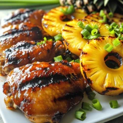 - 4 chicken thighs, boneless and skinless - 1/4 cup soy sauce - 1/4 cup brown sugar - 2 tablespoons ketchup - 2 tablespoons apple cider vinegar - 2 tablespoons fresh ginger, grated - 3 cloves garlic, minced - 1 teaspoon sesame oil - 1/2 teaspoon black pepper - 1/4 teaspoon cayenne pepper (optional, for heat) - 1 pineapple, cut into rings - 2 green onions, chopped (for garnish) Huli Huli Chicken shines with its sweet and savory flavors. The chicken thighs soak in a tasty marinade, which adds depth to each bite. The grilled pineapple gives a fresh twist. You can serve this dish with the reserved marinade drizzled on top. This elevates the taste and makes it even better. - Alternative proteins: You can use chicken breasts or even pork if you like. - Gluten-free options: Use tamari instead of soy sauce for a gluten-free choice. - Vegan variations: Substitute chicken with firm tofu or tempeh for a plant-based meal. Substituting ingredients can still give you great taste. Don't worry; you can mix and match based on what you have. This flexibility makes cooking fun and easy. - Choosing the right chicken: Look for chicken thighs that feel firm and have a nice color. - Importance of fresh herbs and spices: Fresh ginger and garlic make a big difference in flavor. Use them instead of dried versions for the best taste. Fresh ingredients lead to better meals. Always check for quality when you shop. It makes your Huli Huli Chicken even more special and delicious. For the full recipe, check the [Full Recipe]. To make the marinade, gather your ingredients first. You will need: - 1/4 cup soy sauce - 1/4 cup brown sugar - 2 tablespoons ketchup - 2 tablespoons apple cider vinegar - 2 tablespoons fresh ginger, grated - 3 cloves garlic, minced - 1 teaspoon sesame oil - 1/2 teaspoon black pepper - 1/4 teaspoon cayenne pepper (optional) In a medium bowl, whisk together the soy sauce, brown sugar, ketchup, apple cider vinegar, ginger, garlic, sesame oil, black pepper, and cayenne pepper. Mix well until combined. This marinade is what makes the chicken flavorful. Next, place the 4 chicken thighs in a resealable plastic bag or a shallow dish. Pour half of the marinade over the chicken. Seal the bag or cover the dish. Refrigerate it for at least 1 hour. For the best taste, marinate overnight. Now, let’s get to grilling! First, preheat your grill or grill pan over medium heat. This step is key for even cooking. After the grill is ready, take the chicken out of the marinade. Discard the used marinade. Grill the chicken for about 6 to 7 minutes on each side. You want the internal temperature to reach 165°F (75°C). This ensures the chicken is safe to eat. While the chicken cooks, it’s time to prepare the pineapple. Start with a fresh pineapple cut into rings. Brush the rings lightly with oil. When the chicken is halfway done, add the pineapple to the grill. Grill the pineapple for about 2 to 3 minutes on each side. You want it caramelized and slightly charred. This adds a sweet touch to your meal. Once everything is done, remove the chicken and pineapple from the grill. Let the chicken rest for a few minutes. This helps keep it juicy. Now, you can slice the chicken and serve it with the charred pineapple rings on the side. Drizzle the reserved marinade over the top for added flavor. If you want, garnish with chopped green onions. For the full recipe, check out the complete instructions. To check for doneness, use a meat thermometer. The chicken should reach 165°F (75°C). If you don’t have a thermometer, cut into the thickest part of the chicken. The juice should run clear, not pink. Common grilling mistakes can ruin your meal. First, don’t flip the chicken too often. Let it cook on one side for a good sear. Second, avoid overcrowding the grill. This can lower the temperature and make the chicken cook unevenly. For the best flavor, marinate the chicken longer. I suggest a minimum of 1 hour, but overnight is even better. This allows the flavors to soak in deeply. You can also add spices to boost the taste. Consider using smoked paprika or a mix of chili powder and cumin. These add depth and a hint of smokiness. When plating, slice the chicken against the grain for tender bites. Arrange the grilled pineapple rings around the chicken for a colorful presentation. Drizzle some reserved marinade over the dish for extra flavor. Pair Huli Huli chicken with sides like coconut rice or a fresh green salad. For drinks, a light lager or tropical fruit punch complements the meal nicely. For the full recipe, check out the detailed instructions above. Enjoy your grilling! {{image_2}} Huli Huli chicken is all about Hawaiian flavors. For a true taste, use local ingredients. You can add fresh pineapple juice to the marinade. It gives a sweet touch. Also, use Hawaiian sea salt instead of regular salt. This salt enhances the taste and brings authenticity. Using an open flame is important, too. Traditionally, this chicken cooks over wood fire. If you can, try using kiawe wood for a smoky flavor. This wood adds a unique taste that you can't get from gas grills. You can easily modify Huli Huli chicken for different diets. If you're watching carbs, go for chicken breasts instead of thighs. This change keeps the dish lighter. Skip the sugar in the marinade for a low-carb version. High-protein fans can add tofu or tempeh. You can marinate these just like the chicken. Then, grill them until they are golden brown. This option is great for plant-based diets. Want to boost the flavor? Try adding tropical fruits. Mango or papaya works well. Chop them up and add them to the marinade. The fruits give a fresh and fruity taste. You can also experiment with spices. Try adding smoked paprika for a deeper flavor. Or use fresh herbs like cilantro for a bright twist. Each change can make your Huli Huli chicken a new experience. For the full recipe, check out the complete guide to Huli Huli Chicken. To store leftovers, first let the chicken cool down. Place it in an airtight container. You can also use a resealable plastic bag. Make sure to remove as much air as possible. This helps keep the chicken fresh. Store it in the fridge for up to four days. For long-term storage, freeze the chicken. First, wrap it tightly in plastic wrap. Then, put it in a freezer bag. This keeps out air and prevents freezer burn. It can last up to three months in the freezer. When you’re ready to eat, thaw it in the fridge overnight. For reheating, place it in a skillet over medium heat. Add a splash of water or broth. Cover it with a lid to keep it moist. Huli Huli chicken lasts about four days in the fridge. If it changes color or develops a bad smell, it's time to toss it. Always check for signs of spoilage before eating. Enjoy your leftovers while they're still fresh! Huli Huli Chicken is a Hawaiian dish. It features grilled chicken with a sweet and savory marinade. The name "Huli Huli" means "turn" in Hawaiian, referring to flipping the chicken on the grill. This dish has roots in Hawaiian culture, often enjoyed at luaus and gatherings. The marinade blends soy sauce, ginger, and brown sugar, creating a unique flavor. It reflects the island's love for fresh ingredients and bold tastes. Yes, you can make Huli Huli Chicken ahead of time. Marinating the chicken a day before enhances the flavor. Store the chicken in the fridge after marinating. You can also grill it and keep it warm in the oven. This makes it easier for meal prep. Just be sure to use the reserved marinade for added taste when serving. Huli Huli Chicken pairs well with several side dishes. Here are some popular options: - Coconut rice - Grilled vegetables - Coleslaw - Macaroni salad - Fresh fruit salad These sides complement the sweet and savory flavors. They also add freshness and color to your plate. To adjust the spice level in Huli Huli Chicken, you can add or reduce cayenne pepper. Start with a small amount for mild heat. If you prefer more spice, increase the cayenne gradually. You can also add red pepper flakes or hot sauce to the marinade. Taste the marinade before using it. This way, you can find the right balance for your taste buds. Huli Huli Chicken offers a tasty blend of flavors and techniques. You learned about essential ingredients, how to marinate and grill, and tips for perfecting your dish. Don’t forget those tasty substitutes for different diets. Remember to store your leftovers properly to enjoy later. Whether you stick to tradition or get creative, Huli Huli Chicken can suit anyone’s taste. Enjoy making this dish and sharing it with others. Your grilling adventures have just begun!