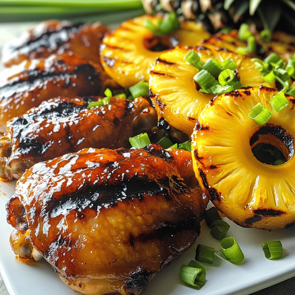- 4 chicken thighs, boneless and skinless - 1/4 cup soy sauce - 1/4 cup brown sugar - 2 tablespoons ketchup - 2 tablespoons apple cider vinegar - 2 tablespoons fresh ginger, grated - 3 cloves garlic, minced - 1 teaspoon sesame oil - 1/2 teaspoon black pepper - 1/4 teaspoon cayenne pepper (optional, for heat) - 1 pineapple, cut into rings - 2 green onions, chopped (for garnish) Huli Huli Chicken shines with its sweet and savory flavors. The chicken thighs soak in a tasty marinade, which adds depth to each bite. The grilled pineapple gives a fresh twist. You can serve this dish with the reserved marinade drizzled on top. This elevates the taste and makes it even better. - Alternative proteins: You can use chicken breasts or even pork if you like. - Gluten-free options: Use tamari instead of soy sauce for a gluten-free choice. - Vegan variations: Substitute chicken with firm tofu or tempeh for a plant-based meal. Substituting ingredients can still give you great taste. Don't worry; you can mix and match based on what you have. This flexibility makes cooking fun and easy. - Choosing the right chicken: Look for chicken thighs that feel firm and have a nice color. - Importance of fresh herbs and spices: Fresh ginger and garlic make a big difference in flavor. Use them instead of dried versions for the best taste. Fresh ingredients lead to better meals. Always check for quality when you shop. It makes your Huli Huli Chicken even more special and delicious. For the full recipe, check the [Full Recipe]. To make the marinade, gather your ingredients first. You will need: - 1/4 cup soy sauce - 1/4 cup brown sugar - 2 tablespoons ketchup - 2 tablespoons apple cider vinegar - 2 tablespoons fresh ginger, grated - 3 cloves garlic, minced - 1 teaspoon sesame oil - 1/2 teaspoon black pepper - 1/4 teaspoon cayenne pepper (optional) In a medium bowl, whisk together the soy sauce, brown sugar, ketchup, apple cider vinegar, ginger, garlic, sesame oil, black pepper, and cayenne pepper. Mix well until combined. This marinade is what makes the chicken flavorful. Next, place the 4 chicken thighs in a resealable plastic bag or a shallow dish. Pour half of the marinade over the chicken. Seal the bag or cover the dish. Refrigerate it for at least 1 hour. For the best taste, marinate overnight. Now, let’s get to grilling! First, preheat your grill or grill pan over medium heat. This step is key for even cooking. After the grill is ready, take the chicken out of the marinade. Discard the used marinade. Grill the chicken for about 6 to 7 minutes on each side. You want the internal temperature to reach 165°F (75°C). This ensures the chicken is safe to eat. While the chicken cooks, it’s time to prepare the pineapple. Start with a fresh pineapple cut into rings. Brush the rings lightly with oil. When the chicken is halfway done, add the pineapple to the grill. Grill the pineapple for about 2 to 3 minutes on each side. You want it caramelized and slightly charred. This adds a sweet touch to your meal. Once everything is done, remove the chicken and pineapple from the grill. Let the chicken rest for a few minutes. This helps keep it juicy. Now, you can slice the chicken and serve it with the charred pineapple rings on the side. Drizzle the reserved marinade over the top for added flavor. If you want, garnish with chopped green onions. For the full recipe, check out the complete instructions. To check for doneness, use a meat thermometer. The chicken should reach 165°F (75°C). If you don’t have a thermometer, cut into the thickest part of the chicken. The juice should run clear, not pink. Common grilling mistakes can ruin your meal. First, don’t flip the chicken too often. Let it cook on one side for a good sear. Second, avoid overcrowding the grill. This can lower the temperature and make the chicken cook unevenly. For the best flavor, marinate the chicken longer. I suggest a minimum of 1 hour, but overnight is even better. This allows the flavors to soak in deeply. You can also add spices to boost the taste. Consider using smoked paprika or a mix of chili powder and cumin. These add depth and a hint of smokiness. When plating, slice the chicken against the grain for tender bites. Arrange the grilled pineapple rings around the chicken for a colorful presentation. Drizzle some reserved marinade over the dish for extra flavor. Pair Huli Huli chicken with sides like coconut rice or a fresh green salad. For drinks, a light lager or tropical fruit punch complements the meal nicely. For the full recipe, check out the detailed instructions above. Enjoy your grilling! {{image_2}} Huli Huli chicken is all about Hawaiian flavors. For a true taste, use local ingredients. You can add fresh pineapple juice to the marinade. It gives a sweet touch. Also, use Hawaiian sea salt instead of regular salt. This salt enhances the taste and brings authenticity. Using an open flame is important, too. Traditionally, this chicken cooks over wood fire. If you can, try using kiawe wood for a smoky flavor. This wood adds a unique taste that you can't get from gas grills. You can easily modify Huli Huli chicken for different diets. If you're watching carbs, go for chicken breasts instead of thighs. This change keeps the dish lighter. Skip the sugar in the marinade for a low-carb version. High-protein fans can add tofu or tempeh. You can marinate these just like the chicken. Then, grill them until they are golden brown. This option is great for plant-based diets. Want to boost the flavor? Try adding tropical fruits. Mango or papaya works well. Chop them up and add them to the marinade. The fruits give a fresh and fruity taste. You can also experiment with spices. Try adding smoked paprika for a deeper flavor. Or use fresh herbs like cilantro for a bright twist. Each change can make your Huli Huli chicken a new experience. For the full recipe, check out the complete guide to Huli Huli Chicken. To store leftovers, first let the chicken cool down. Place it in an airtight container. You can also use a resealable plastic bag. Make sure to remove as much air as possible. This helps keep the chicken fresh. Store it in the fridge for up to four days. For long-term storage, freeze the chicken. First, wrap it tightly in plastic wrap. Then, put it in a freezer bag. This keeps out air and prevents freezer burn. It can last up to three months in the freezer. When you’re ready to eat, thaw it in the fridge overnight. For reheating, place it in a skillet over medium heat. Add a splash of water or broth. Cover it with a lid to keep it moist. Huli Huli chicken lasts about four days in the fridge. If it changes color or develops a bad smell, it's time to toss it. Always check for signs of spoilage before eating. Enjoy your leftovers while they're still fresh! Huli Huli Chicken is a Hawaiian dish. It features grilled chicken with a sweet and savory marinade. The name "Huli Huli" means "turn" in Hawaiian, referring to flipping the chicken on the grill. This dish has roots in Hawaiian culture, often enjoyed at luaus and gatherings. The marinade blends soy sauce, ginger, and brown sugar, creating a unique flavor. It reflects the island's love for fresh ingredients and bold tastes. Yes, you can make Huli Huli Chicken ahead of time. Marinating the chicken a day before enhances the flavor. Store the chicken in the fridge after marinating. You can also grill it and keep it warm in the oven. This makes it easier for meal prep. Just be sure to use the reserved marinade for added taste when serving. Huli Huli Chicken pairs well with several side dishes. Here are some popular options: - Coconut rice - Grilled vegetables - Coleslaw - Macaroni salad - Fresh fruit salad These sides complement the sweet and savory flavors. They also add freshness and color to your plate. To adjust the spice level in Huli Huli Chicken, you can add or reduce cayenne pepper. Start with a small amount for mild heat. If you prefer more spice, increase the cayenne gradually. You can also add red pepper flakes or hot sauce to the marinade. Taste the marinade before using it. This way, you can find the right balance for your taste buds. Huli Huli Chicken offers a tasty blend of flavors and techniques. You learned about essential ingredients, how to marinate and grill, and tips for perfecting your dish. Don’t forget those tasty substitutes for different diets. Remember to store your leftovers properly to enjoy later. Whether you stick to tradition or get creative, Huli Huli Chicken can suit anyone’s taste. Enjoy making this dish and sharing it with others. Your grilling adventures have just begun!