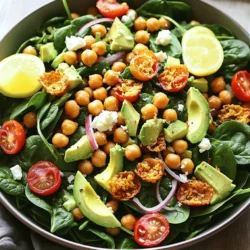 - 1 can (15 oz) chickpeas, drained and rinsed - 6 cups fresh spinach, washed and dried - 1/2 cup cherry tomatoes, halved - 1/4 red onion, thinly sliced Chickpeas are a great protein source. They add a nice crunch to the salad. Spinach gives the salad its green, fresh look. It is rich in vitamins and minerals. Cherry tomatoes add a pop of color and sweetness. Red onion brings a bit of sharpness to balance the flavors. - 2 tablespoons olive oil - 1 teaspoon smoked paprika - 1/2 teaspoon garlic powder - Salt and pepper to taste - 2 tablespoons lemon juice Olive oil makes the chickpeas crispy when roasted. Smoked paprika adds a warm, smoky flavor. Garlic powder gives it a tasty kick. Salt and pepper enhance the other flavors. Lemon juice brightens the salad and adds freshness. - 1 avocado, diced - 1/4 cup feta cheese, crumbled Avocado adds creaminess and healthy fats. Feta cheese gives a salty, tangy flavor that many enjoy. You can mix and match these add-ins to suit your taste. You can find the full recipe for a delicious meal that is easy to make! 1. Preheat your oven to 400°F (200°C). This helps the chickpeas get crispy. 2. Drain and rinse the chickpeas well. Pat them dry with a towel. 3. In a bowl, mix the chickpeas with olive oil, smoked paprika, garlic powder, salt, and pepper. Make sure they are coated evenly. 4. Wash the spinach under cool water. Dry it with a salad spinner or paper towels. 5. Halve the cherry tomatoes and slice the red onion thinly. Dice the avocado into small cubes. 6. Spread the seasoned chickpeas on a baking sheet. Make sure they are in a single layer. 7. Roast the chickpeas in the oven for 25-30 minutes. Shake the pan halfway through. This keeps them crispy. 8. While the chickpeas roast, combine the spinach, cherry tomatoes, red onion, and avocado in a large bowl. Mix them gently. 9. Once the chickpeas are golden and crispy, let them cool for a few minutes. Then add them to the salad. 10. Drizzle fresh lemon juice over the salad. This adds a bright flavor. 11. If you like, sprinkle feta cheese on top for extra taste. Toss everything together gently. For the full recipe, click here: [Full Recipe]. Enjoy your fresh flavor boost! To make crispy chickpeas, you need to roast them right. First, ensure your chickpeas are dry. Pat them with a towel after rinsing. This step helps them crisp up in the oven. Spread the chickpeas out on a baking sheet. Make sure they are in a single layer. This way, they cook evenly. Use parchment paper to line your sheet. It helps prevent sticking and makes for easy cleanup. Marinating chickpeas can boost their taste. For a simple marinade, use olive oil, salt, and your favorite spices. Let them sit for at least 15 minutes. You can also add herbs like rosemary or thyme. Try adding a pinch of cayenne for heat. These extras make your chickpeas pop with flavor. Pair your salad with crunchy toppings. Nuts, seeds, or croutons add a nice texture. You can also add grilled chicken for protein. For dressings, simple lemon juice works well. You could also use a balsamic vinaigrette. Each option brings a fresh flavor boost. For the full recipe, check the details above. {{image_2}} You can mix things up in your crispy chickpeas and spinach salad. Instead of spinach, try kale or arugula for a different taste. Both greens add great flavor and texture. For protein, grilled chicken is a fantastic choice. It makes the salad heartier and adds a nice, savory element. You could also use shrimp or tofu for a different twist. This salad can fit many diets. For a vegan option, skip the feta cheese. Instead, add more avocado for creaminess. If you need a gluten-free meal, you’re in luck! All the ingredients in this salad are naturally gluten-free. Just ensure your chickpeas are certified gluten-free if you have allergies. Seasonal vegetables can really enhance this salad. In spring, add peas or radishes for a fresh crunch. In the summer, diced cucumbers and bell peppers lighten the dish. In fall, roasted butternut squash or sweet potatoes add warmth and sweetness. During winter, try adding roasted Brussels sprouts for a hearty feel. Each season brings new flavors to explore! To keep your crispy chickpeas and spinach salad fresh, store leftovers correctly. First, you want to refrigerate the salad. Place it in an airtight container. This helps keep the flavors intact and prevents spoilage. For the best storage, use glass containers. They are sturdy and do not absorb odors. You can also use plastic containers with a tight seal. Just make sure they are clean and dry before use. When it comes to reheating, focus on the chickpeas. You want them crispy again. The best method is to use an oven. Preheat it to 350°F (175°C). Spread the chickpeas on a tray and heat for 10-15 minutes. This warms them up and keeps the crunch. For the salad, it’s best to eat it fresh. If you need to warm it, do so gently. Use a microwave for just a few seconds, but be careful. You don’t want to wilt the spinach too much. Can you freeze the salad? It’s not recommended. The spinach will lose its texture and flavor when thawed. Instead, freeze only the chickpeas. To freeze them properly, first, let the chickpeas cool. Then, spread them out on a baking sheet in a single layer. Freeze for about an hour, then transfer them to a zip-top bag. Make sure to remove as much air as possible. This way, they will stay fresh and crispy for your next salad. For the full recipe, check out the original details. Enjoy your delicious, fresh salad! To make crispy chickpeas, start with a can of chickpeas. Drain and rinse them well. Common mistakes include not drying them enough and using too little oil. Make sure to spread them out in a single layer on the baking sheet. Roast at 400°F (200°C) for 25-30 minutes. Shake the pan halfway through for even cooking. Yes, you can make this salad ahead of time. To prepare for meal prep, store the chickpeas and salad separately. Mix them together only when ready to eat. This keeps the salad fresh and crisp. You can also prepare the dressing and store it in a small jar. If you want to substitute spinach, use other greens like kale, arugula, or mixed salad greens. Each green has a unique taste and texture. Kale is hearty, while arugula adds a peppery flavor. Choose based on your preference or what you have on hand. Chickpeas are packed with protein, fiber, and essential nutrients. They help keep you full and support digestion. A half-cup serving has about 7 grams of protein and 6 grams of fiber. They also provide vitamins and minerals like iron and magnesium. Chickpeas are a great addition to a healthy diet. For the full recipe, check out the section above. This blog post covered a tasty chickpea salad. We explored its main ingredients, like chickpeas, spinach, and vegetables. Seasonings, dressings, and options like feta or avocado added flavor. I shared step-by-step cooking instructions and helpful tips for the best results. You learned about variations for different diets and how to store leftovers. Finally, we answered common questions to aid your cooking. Enjoy making this salad often for its taste, health benefits, and easy prep!