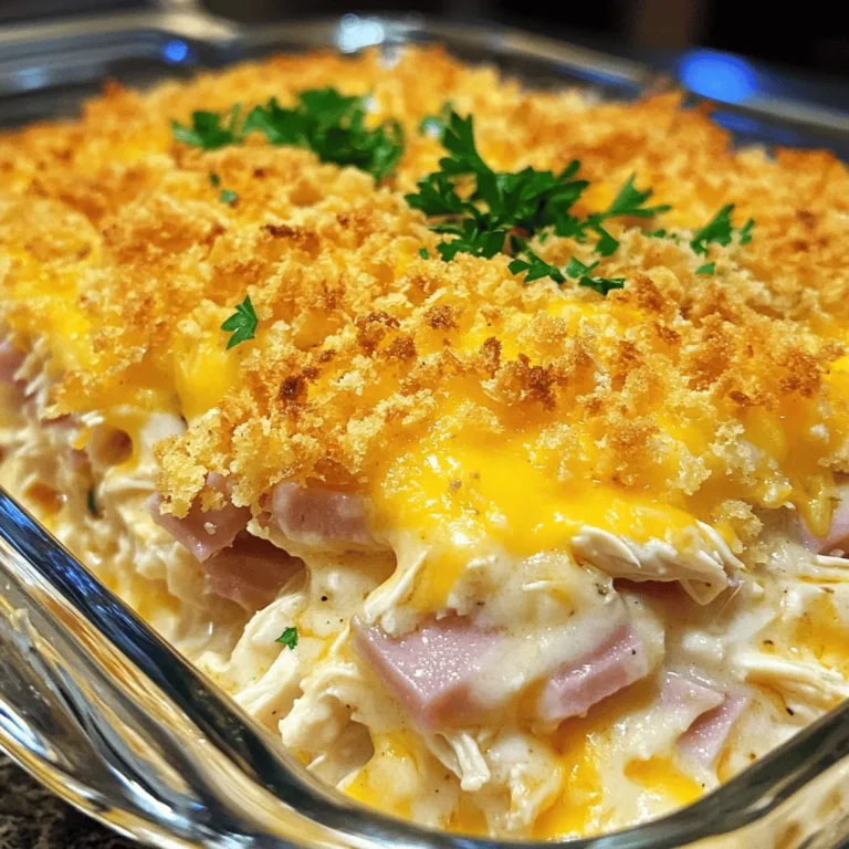 For this Chicken Cordon Bleu Casserole, the main proteins are cooked chicken and ham. You need 2 cups of cooked chicken, shredded into bite-sized pieces. This adds a nice, tender texture. Next, use 6 slices of ham, chopped into small bits. The ham gives a salty and savory kick that works well with chicken. Cheese is key to making this dish creamy and rich. I use 1 cup of Swiss cheese, shredded, for its nutty flavor. Swiss melts beautifully, adding a lovely stretch. Alongside that, I include 1 cup of cheddar cheese, shredded. Cheddar adds a sharp taste and a golden color when baked. A few more ingredients make this casserole shine. You will need 1 cup of cooked noodles, like cavatappi or egg noodles, for a hearty base. 1 cup of cream of chicken soup brings creaminess and flavor. Add 1/2 cup of milk to thin the soup. Season with 1 teaspoon of garlic powder, 1 teaspoon of onion powder, 1/2 teaspoon of black pepper, and 1/2 teaspoon of dried thyme to enhance taste. Finally, top with 1/2 cup of breadcrumbs mixed with 2 tablespoons of melted butter for a crispy finish. For the full recipe, check out the details provided. To start, gather your ingredients. You will need cooked chicken, ham, cheeses, and noodles. Measure out 2 cups of shredded chicken and 6 slices of chopped ham. Next, grab 1 cup each of Swiss and cheddar cheese, and 1 cup of cooked noodles. In a large bowl, combine the chicken, ham, both cheeses, and noodles. Then, add 1 cup of cream of chicken soup and 1/2 cup of milk. You can use garlic powder, onion powder, black pepper, and dried thyme for flavor. Mix everything until it is well blended. Now, it’s time to prepare your casserole dish. Preheat your oven to 350°F (175°C) and grease a 9x13 inch dish. Pour the chicken mixture into the dish, spreading it evenly. This ensures each bite is tasty. In a small bowl, mix 1/2 cup of breadcrumbs with 2 tablespoons of melted butter. Once coated, sprinkle the breadcrumbs on top of the casserole. This will create a crispy layer when baked. Cover your casserole loosely with aluminum foil. Place it in the oven and bake for 25 minutes. After that, remove the foil and bake for another 10 to 15 minutes. You want the top to be golden brown and bubbly. Once done, let the casserole cool for 5 to 10 minutes before serving. This will help it set and make it easier to serve. For a lovely touch, sprinkle fresh parsley on top before you enjoy this comforting dish. For the full recipe, check out the details provided above. To keep your casserole creamy, use cream of chicken soup. This soup adds rich flavor and moisture. Also, add milk to thin it out just a bit. You can adjust the milk based on how creamy you want it. For the best cheese melt, use a mix of Swiss and cheddar. Swiss cheese melts well and gives a nice stretch. Cheddar adds sharpness and depth to the dish. Make sure to shred the cheese yourself. Pre-shredded cheese often contains anti-caking agents that prevent proper melting. To boost flavor, use garlic powder and onion powder. These spices add a warm taste. You can also mix in fresh herbs like thyme or parsley. Fresh herbs make the dish bright and fresh. Lastly, try adding a dash of lemon juice for a zing. This small addition can make a big difference. For the full recipe, check out the details above. {{image_2}} You can switch the chicken for turkey or pork. Both meats work well. You could also try shrimp or even tofu for a fun twist. Each protein brings its own flavor. Mixing it up keeps the dish exciting. Swiss cheese is great, but don't stop there. Try mozzarella for a gooey texture. Gouda adds a rich flavor that many love. You can also mix in some blue cheese for a bold taste. Each cheese can change the whole dish. Want a meatless meal? Use mushrooms and spinach instead of chicken and ham. Add artichokes for a nice touch. You can also include some roasted veggies like zucchini or bell peppers. This gives you a hearty and tasty casserole without meat. For the full recipe, check out the details provided above. After baking your Chicken Cordon Bleu Casserole, let it cool down. I usually let it sit for about 5 to 10 minutes. This step helps to set the layers and makes serving easier. Don’t rush this part; it’s key for great texture. To store leftover casserole, first, cover it. Use plastic wrap or foil to keep it fresh. You can also place it in an airtight container. This dish stays good in the fridge for up to three days. If you want to keep it longer, freeze it. Just ensure you wrap it tightly to prevent freezer burn. Reheating your Chicken Cordon Bleu Casserole is simple. Preheat your oven to 350°F (175°C). Place the casserole in an oven-safe dish. Cover it with foil to keep it moist, and heat it for about 20 to 25 minutes. If you prefer, you can also reheat slices in the microwave. Just heat them for 1-2 minutes, checking often to avoid overcooking. Enjoy this tasty dish again with just a little effort! You can prepare this casserole a day in advance. Just follow the recipe until you are ready to bake. Once mixed, cover it and store it in the fridge. When you’re ready, preheat your oven and bake it straight from the fridge. This saves time and keeps flavors fresh. Yes, you can freeze this casserole. Assemble it as the recipe shows, but do not bake it. Wrap the dish tightly with plastic wrap and then foil. You can freeze it for up to three months. When you want to eat it, thaw it in the fridge overnight and then bake it. This dish pairs well with fresh salad and steamed veggies. You can also serve garlic bread for added crunch. Mashed potatoes or rice can give a nice base too. Each option adds flavor and balance to your meal. For more ideas, check the Full Recipe for serving tips! This blog post covered how to make a tasty Chicken Cordon Bleu Casserole. We discussed the key ingredients, detailed the steps for preparation and cooking, and shared tips for creamy, cheesy goodness. You learned about variations to try and the best ways to store leftovers. In closing, enjoy creating this dish and explore your unique twists. Happy cooking!