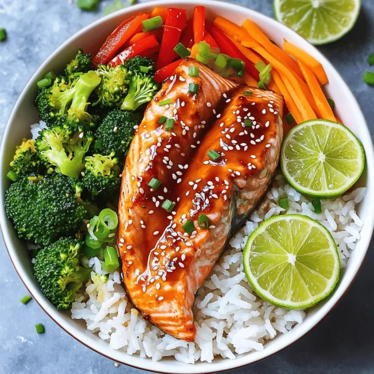 - 2 salmon fillets (about 6 oz each) - 1 cup cooked jasmine rice - 1 cup broccoli florets - 2 tablespoons soy sauce - 2 tablespoons honey - 1 tablespoon rice vinegar - 1 tablespoon sesame oil - 1 teaspoon grated ginger - 1 teaspoon minced garlic - 1 tablespoon sesame seeds - Sliced green onions for garnish When I make teriyaki salmon bowls, I love how simple and fresh each ingredient is. The salmon is the star. It has a rich flavor that pairs well with the sweet and salty sauce. I use jasmine rice as the base. It’s fluffy and fragrant, making it perfect for soaking up the sauce. Broccoli adds a nice crunch and bright color. The sauce is quick to prepare. You just mix soy sauce, honey, rice vinegar, sesame oil, ginger, and garlic. It creates a sweet and savory blend that brings everything together. For a pop of texture and flavor, I sometimes add sesame seeds and green onions as garnishes. These optional toppings make the dish look beautiful and add extra flavor. You can find the full recipe for this delightful dish in the link provided. It’s easy to make and a great way to enjoy a gourmet meal at home. To make your teriyaki sauce, start by whisking together a few key ingredients. Combine 2 tablespoons of soy sauce, 2 tablespoons of honey, 1 tablespoon of rice vinegar, and 1 tablespoon of sesame oil. Add 1 teaspoon of grated ginger and 1 teaspoon of minced garlic. Mix well until smooth. This sauce will bring a sweet and savory flavor to your dish. Next, preheat your oven to 400°F (200°C). While it heats, line a baking sheet with parchment paper. Place 2 salmon fillets on the sheet. Brush half of your teriyaki sauce over the salmon fillets. This will help the fish absorb all that tasty flavor as it cooks. Now, it’s time to roast your veggies. Take 1 cup of broccoli florets, 1 sliced red bell pepper, and 1 julienned carrot. Arrange these around the salmon on the baking sheet. Drizzle the remaining teriyaki sauce over the vegetables. This adds more flavor and makes everything more delicious. Place the baking sheet in the oven. Bake everything for about 12 to 15 minutes. You will know it’s done when the salmon flakes easily with a fork and the vegetables are tender. Keep an eye on them to avoid overcooking. Once everything is cooked, it’s time to build your bowls. Start with a scoop of cooked jasmine rice as the base. Then, add the teriyaki salmon on top of the rice. Finally, layer on those roasted veggies for color and crunch. Before serving, sprinkle 1 tablespoon of sesame seeds and some sliced green onions over the top. This adds a nice crunch and a pop of color. Your teriyaki salmon bowls are now ready to enjoy! For more details, check the Full Recipe. - Use a meat thermometer for accurate doneness. Aim for 125°F for medium. - Let the salmon rest for a few minutes before plating. This helps improve texture. - For fluffy jasmine rice, rinse it well before cooking. This removes excess starch. - You can substitute with other rice varieties. Brown rice or quinoa works well too. - Want extra heat? Add spices or chili flakes to the teriyaki sauce. - Marinate the salmon longer for a deeper flavor. A few hours or overnight is best. These tips will help you create a delicious teriyaki salmon bowl. Check out the full recipe for more details! {{image_2}} You can easily switch the salmon with other proteins. Try chicken, tofu, or shrimp. Each option brings its own flavor and texture. Chicken provides a mild taste and works well with teriyaki sauce. Tofu is great for a plant-based twist. Shrimp cooks fast and adds a sweet touch. Feel free to change the veggies in your bowl. Snap peas, zucchini, or bell peppers can add crunch. You can also use whatever is in season. Seasonal vegetables taste fresher and have better nutrients. Mixing them keeps each bowl exciting. To change up the teriyaki sauce, consider adding pineapple juice. This adds a sweet and tangy kick. If you like heat, a splash of sriracha can spice things up. Each tweak gives new life to the dish and makes it your own. You can store your teriyaki salmon bowls in airtight containers. Keep them in the refrigerator. They will stay fresh for up to 3 days. Make sure to let them cool before sealing. This helps keep the flavors intact. When reheating salmon, use a low heat setting. The best way is to use a microwave. Heat it in short bursts, about 30 seconds each time. Check if it's warm through. This method keeps the salmon moist. For rice and vegetables, add a splash of water. Cover and heat for 1-2 minutes. This helps steam them back to life. If you want to freeze teriyaki salmon bowls, pack them well. Use freezer-safe containers or bags. Make sure to remove excess air to prevent freezer burn. They can stay good for up to 2 months. When ready to eat, thaw overnight in the fridge. Reheat using the methods mentioned above for best results. For the complete recipe, check out the Full Recipe. Yes, you can. Meal prep makes life easier. Cook the salmon and veggies, then store them. Keep the rice and sauce separate until you are ready to serve. This way, the rice stays fresh and the salmon does not get soggy. You can store the cooked salmon in airtight containers for up to three days in the fridge. You can pair these bowls with many sides. A fresh salad adds crunch and color. Edamame is also a great choice for protein. You might try pickled veggies for a tangy taste. Rice paper rolls can provide a fun twist. Each side offers a new flavor to enjoy with the teriyaki salmon. The salmon is done when it flakes easily with a fork. You can also use a meat thermometer. The internal temperature should reach 145°F (63°C). Look for the salmon to turn a light pink color and lose its raw look. Perfectly cooked salmon is moist, tender, and full of flavor. This article covered how to make tasty teriyaki salmon bowls. We looked at the main ingredients like salmon, rice, and broccoli. I shared step-by-step instructions to prepare the sauce and cook everything perfectly. You can also customize the dish with different proteins and vegetables. Lastly, I provided storage tips and answered common questions. Enjoying your home-cooked teriyaki salmon bowls can be simple and fun! Try it out and make your meal special.