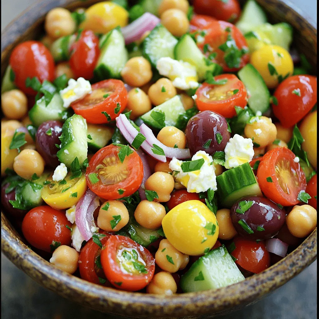 To make a delicious Mediterranean Chickpea Salad, gather these simple ingredients: - 1 can (15 oz) chickpeas, drained and rinsed - 1 cup cherry tomatoes, halved - 1 cucumber, diced - 1/2 red onion, finely chopped - 1/2 cup Kalamata olives, pitted and sliced - 1/4 cup feta cheese, crumbled (optional for a dairy-free version) - 1/4 cup fresh parsley, chopped - 3 tablespoons extra-virgin olive oil - 2 tablespoons lemon juice - 1 teaspoon dried oregano - Salt and pepper to taste You can easily swap some ingredients to suit your taste. If you don’t have chickpeas, try using white beans. For a crunch, add bell peppers instead of cucumbers. If you dislike olives, capers work well too. Want a vegan salad? Skip the feta cheese or use a plant-based alternative. You can also mix in other herbs like basil or mint for a twist. Fresh ingredients often bring the best flavor. However, canned chickpeas save time and are still healthy. If you use canned, rinse them to cut down on sodium. Fresh cherry tomatoes and cucumbers offer crispness that canned versions lack. When buying herbs, look for vibrant, green parsley. Fresh herbs brighten the salad and add depth. Overall, balance fresh and canned items to create a tasty dish. For the full recipe, check out the complete instructions. Start by gathering your ingredients. You will need chickpeas, cherry tomatoes, cucumber, red onion, olives, feta cheese, parsley, olive oil, lemon juice, oregano, salt, and pepper. Drain and rinse the chickpeas well. Halve the cherry tomatoes and dice the cucumber into small pieces. Finely chop the red onion and slice the olives. If you choose to use feta cheese, crumble it into small bits. Finally, chop the fresh parsley. In a small bowl, measure out three tablespoons of extra-virgin olive oil. Add two tablespoons of fresh lemon juice. Then, mix in one teaspoon of dried oregano, and season with salt and pepper. Whisk this mixture together until it is fully blended. This dressing is simple yet full of flavor. It will tie all the salad ingredients together perfectly. In a large bowl, combine the chickpeas, tomatoes, cucumber, red onion, olives, feta, and parsley. Pour the dressing over the salad. Gently toss everything together, ensuring each piece gets coated. Taste the salad and adjust the seasoning if needed. Let it sit for about 10-15 minutes. This allows the flavors to mix well. Serve it chilled or at room temperature for the best taste. You can find the full recipe for this delightful Mediterranean Chickpea Salad in the earlier section. To make your Mediterranean chickpea salad pop, try adding fresh herbs. Fresh basil, cilantro, or mint can boost the taste. You can also use garlic for a sweet punch. A pinch of red pepper flakes adds heat, too. For a zesty twist, squeeze more lemon juice over the salad. This brightens the flavors and gives a fresh aroma. Serve this salad chilled for the best taste. It pairs well with grilled meats or fish. You can also serve it as a light lunch or a snack. For a full meal, add quinoa or couscous. This adds a nice texture and makes it more filling. Present it in a colorful bowl, and it will look stunning on your table. To keep your salad fresh, store it in an airtight container. This helps lock in moisture and flavor. Always refrigerate leftovers right away. Use the salad within 2-3 days for the best taste. If you plan to make it in advance, keep the dressing separate. Add it right before serving to maintain crispness. For more details, check the Full Recipe. {{image_2}} You can easily make this salad vegetarian or vegan. Simply skip the feta cheese to keep it vegan. This will still give you a tasty dish packed with flavor. If you want, you can add avocado for creaminess. This addition gives a nice twist and a healthy fat boost. Think about adding other fresh items. Bell peppers, radishes, or artichokes work well in this salad. You can also include grains like quinoa or couscous for more texture. A sprinkle of nuts or seeds adds a crunchy feel. Each of these choices brings different tastes and colors to your bowl. Different regions have unique spins on this salad. In Greece, you might find more olives and herbs. In Lebanon, people often add sumac for a tangy kick. Italian versions may include basil or capers. Each variant shines with its own flavors, making this dish fun to explore. Check out the Full Recipe to see how you can create your own version. To keep your Mediterranean chickpea salad fresh, store it in an airtight container. This will help maintain its flavor and texture. Place the salad in the fridge right after serving. If you have added feta cheese, consider keeping it separate. This way, the cheese stays fresh longer. I do not recommend freezing this salad. Freezing can change the texture of the chickpeas and vegetables. The salad will lose its crispness and charm. Enjoy it fresh for the best taste! Your Mediterranean chickpea salad will last about 3 to 5 days in the fridge. Check for any signs of spoilage, like an off smell or change in color. If you notice any, it's best to toss it out. Always trust your senses. For the best taste, eat it within the first few days. For the full recipe, check out the earlier section! You can add many tasty items to your salad. Try adding bell peppers for crunch. Avocado can bring creaminess and healthy fats. Fresh herbs like mint or basil will add bright flavors. You might also enjoy adding roasted red peppers for sweetness. If you like spice, consider diced jalapeños. Nuts or seeds can give a nice crunch too. These additions can make your salad even more enjoyable. Yes, Mediterranean Chickpea Salad is very healthy. Chickpeas are a great source of protein and fiber. They help keep you full and satisfied. Fresh vegetables add vitamins and minerals to your meal. Olive oil is full of healthy fats that are good for your heart. Overall, this salad is a nutritious choice for lunch or dinner. Your Mediterranean Chickpea Salad can last about three to five days in the fridge. Keep it in an airtight container for the best results. The flavors will deepen over time, making it taste even better. Just remember to give it a good stir before you eat it again. If you see any signs of spoilage, it’s best to throw it out. This blog post guides you through making a tasty Mediterranean chickpea salad. We covered ingredients, preparation steps, and flavor tips. We talked about ingredient swaps and storage best practices, ensuring you have fresh and delicious meals. The salad can be vegetarian or vegan, fitting many diets. In closing, enjoy experimenting with different ingredient combinations. Your creativity will make each version special.