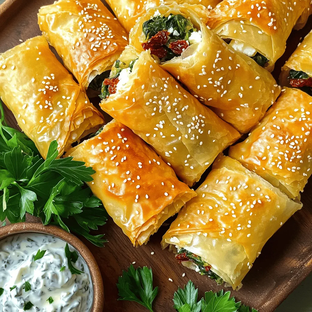 - 200g feta cheese, crumbled - 1 cup fresh spinach, chopped - 1/2 cup sun-dried tomatoes, finely chopped - 1 teaspoon dried oregano - 1/2 teaspoon garlic powder - 1/4 teaspoon red pepper flakes (optional) - 8 sheets of phyllo pastry - 1/2 cup melted butter or olive oil - Salt and pepper to taste - Sesame seeds for garnish When I create my oven-fried feta rolls, I love using fresh and vibrant ingredients. Feta cheese brings a creamy, tangy flavor that pairs well with the earthy spinach and sweet sun-dried tomatoes. The dried oregano adds an aromatic touch, while garlic powder gives it a nice depth. - Red pepper flakes for heat - Additional herbs or garnishes You can add red pepper flakes if you want some heat. I also like to toss in fresh herbs like dill or parsley for an extra burst of flavor. Garnishing with herbs brightens the dish and makes it look beautiful on your table. - Baking sheet - Mixing bowl - Pastry brush To make these rolls, you’ll need a few basic tools. A baking sheet helps catch drips while the rolls bake. A mixing bowl is essential for combining your filling ingredients. Finally, a pastry brush is a must for spreading melted butter or oil on the phyllo pastry. For the full recipe, check out the detailed steps! First, preheat your oven to 375°F (190°C). This ensures the rolls bake evenly. Next, line a baking sheet with parchment paper. This prevents sticking and makes clean-up easy. Now, let’s make the filling. In a mixing bowl, combine the crumbled feta cheese, chopped spinach, and finely chopped sun-dried tomatoes. Add dried oregano, garlic powder, and red pepper flakes if you like some heat. Season this mixture with salt and pepper. Mix well until everything is combined. For the phyllo pastry, lay one sheet on a clean surface. Brush it lightly with melted butter or olive oil. Then, place another sheet on top and repeat the brushing. This layering gives the rolls a nice texture. Cut the layered pastry into strips that are about 4 inches wide. Take 1-2 tablespoons of the feta filling and place it at one end of each strip. Leave about an inch from the sides. Now, roll the pastry tightly over the filling. Fold in the sides as you roll to seal the filling inside. Place the rolls seam-side down on the prepared baking sheet. Before baking, brush the tops of the rolls with more melted butter or olive oil. This adds flavor and helps them crisp up. Sprinkle some sesame seeds on top for extra crunch. Bake the rolls in the preheated oven for 20-25 minutes. You want them to be golden brown and crispy. Keep an eye on them towards the end to avoid overbaking. Let them cool slightly before serving. Enjoy your crispy oven-fried feta rolls! For the complete step-by-step breakdown, check out the Full Recipe. Handling phyllo pastry can be tricky. Here are some tips to make it easier: - Keep the dough covered: Phyllo dries out fast. Use a damp towel over sheets you are not using to keep them moist. - Layer carefully: Brush melted butter or oil between the layers. This keeps them crisp and prevents tearing. To ensure your filling stays inside, follow these steps: - Spoon the right amount: Use 1-2 tablespoons of filling per roll. Too much filling can cause leaks. - Seal well: Fold in the sides as you roll. This helps keep the filling secure during baking. When serving your feta rolls, consider these ideas: - Use a platter: A rustic wooden or slate platter makes a beautiful base. Arrange the rolls in a circle for visual appeal. - Add dips: Serve with tzatziki or a spicy salsa. A fresh lemon wedge can add brightness to each bite. For a full meal, pair the rolls with: - Salads: A crisp Greek salad complements the flavors well. - Grains: Serve with quinoa or couscous for a hearty touch. Avoid these common traps when making feta rolls: - Overfilling the rolls: This can lead to messy leaks. Stick to the recommended filling amount. - Incorrect baking temperature: Make sure your oven is at 375°F (190°C). Too low, and they won’t crisp up properly. Too high, and they might burn. Following these tips will help you create perfect, crispy feta rolls every time. For more details, check out the Full Recipe. {{image_2}} You can change the cheese in the rolls. Try goat cheese for a tangy twist. Or use ricotta for a creamier filling. For veggies, swap spinach with kale or mushrooms. This adds new flavors to your dish. You can also mix in fresh herbs like basil or dill. These herbs brighten the taste and add freshness. If you're gluten-free, look for gluten-free phyllo pastry. Many brands offer this option now. It keeps the texture while supporting dietary needs. For a vegan version, use tofu or cashew cheese as a feta substitute. Blend in some lemon juice and nutritional yeast for flavor. Want more crunch? Add chopped nuts or seeds to the filling. Pine nuts or walnuts give a nice texture. You can also try sunflower or pumpkin seeds for an earthy taste. For extra flavor, mix in spices like cumin or smoked paprika. These spices can elevate your rolls and surprise your taste buds. For the full recipe, check out the instructions above. After making baked feta rolls, allow them to cool. Place the rolls in an airtight container. This helps keep them fresh. You can store them in the fridge for up to three days. To maintain crispiness, reheat them in the oven instead of the microwave. You can freeze uncooked feta rolls. Place them on a baking sheet, then freeze until solid. After that, transfer them to a freezer bag. Cooked rolls can also be frozen. To reheat, bake them at 375°F (190°C) for about 15 minutes. This will keep them crispy. Baked feta rolls last about three days in the fridge. If frozen, they can stay good for up to three months. Look for signs of spoilage, like an off smell or mold. If you see these signs, it’s best to throw them away. This ensures you eat only the freshest and tastiest feta rolls. Yes, you can make feta rolls ahead of time. To do this, prepare the filling and assemble the rolls. Cover them tightly with plastic wrap or foil. Place them in the fridge for up to 24 hours. When you're ready to bake, preheat your oven and bake them directly from the fridge. This keeps them fresh and ready to enjoy. To keep phyllo pastry moist, work quickly. Lay a damp paper towel over the unused sheets. This protects them from air while you assemble your rolls. Brush each sheet with melted butter or oil for added moisture. This way, your pastry stays crisp and tender after baking. Feta rolls pair well with many sides. Consider serving them with tzatziki sauce for a cool dip. A fresh salad with tomatoes and cucumbers adds crunch. For a warm option, try garlic bread or roasted vegetables. Each side enhances the flavor of the rolls, making a tasty meal. This blog post detailed how to make delicious feta rolls. You learned about the main ingredients, including feta cheese and phyllo pastry, and optional flavors like red pepper flakes. The step-by-step guide covered preparation, assembly, and baking tips. I also shared ideas for variations, storage, and answered common questions. Experimenting with these rolls can lead to tasty results. Use the tips and tricks to avoid mistakes and enhance your dish. Enjoy making and sharing these tasty feta rolls!