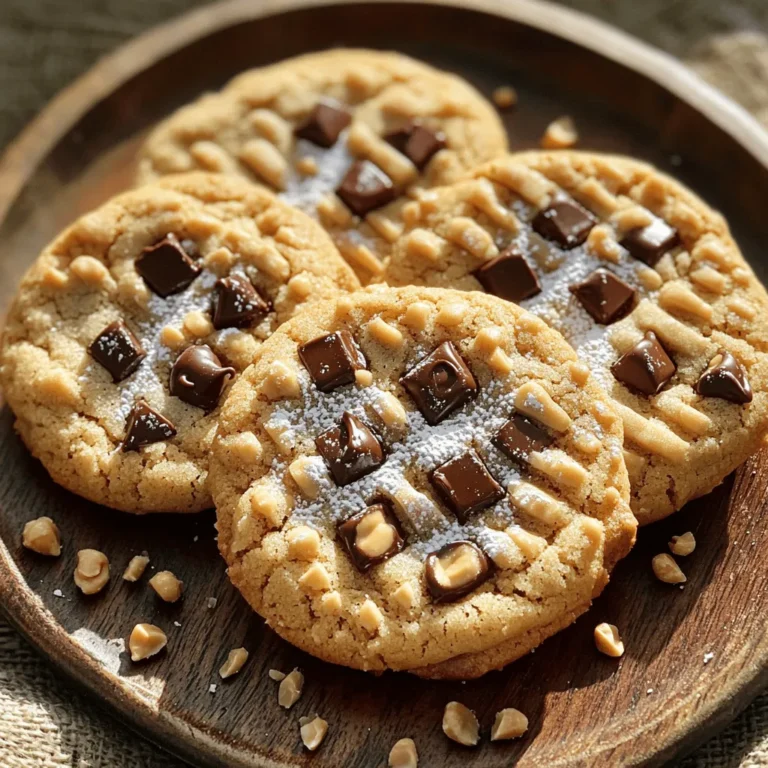 - 1 cup creamy peanut butter - 1/2 cup granulated sugar - 1/2 cup brown sugar, packed - 1 large egg - 1 teaspoon vanilla extract - 1/2 teaspoon baking soda - 1/4 teaspoon salt - 1 cup semi-sweet chocolate chips - 1/2 cup chopped peanuts (optional for extra crunch) For gluten-free options, you can use gluten-free flour. Almond flour works well too. For vegan substitutions, swap the egg for a flax egg. Mix 1 tablespoon of flaxseed meal with 2.5 tablespoons of water and let it sit for five minutes. This will act like an egg in your cookies. When choosing peanut butter, look for brands with no added sugar or oils. Natural peanut butter tastes best. For chocolate chips, semi-sweet is my top pick. Dark chocolate chips add a richer flavor. You can also opt for milk chocolate for a sweeter taste. 1. Preheat your oven to 350°F (175°C). Line a baking sheet with parchment paper. This helps cookies not stick. 2. In a large bowl, mix the creamy peanut butter, granulated sugar, and brown sugar. Beat until smooth. 3. Add the egg and vanilla extract. Mix well until all ingredients blend together. 4. In another bowl, whisk the baking soda and salt. Slowly add this to the wet mix. Stir until just combined. 1. Use a tablespoon to scoop cookie dough. Place portions on the lined baking sheet, about 2 inches apart. 2. Flatten each mound of dough with a fork. Make a crisscross pattern on top for a nice look. 3. Bake in the oven for 10-12 minutes. The edges should be lightly golden. Cookies will look soft but will firm up as they cool. 1. Remove cookies from the oven. Let them cool on the baking sheet for 5 minutes. This helps them set up. 2. Transfer cookies to a wire rack to cool completely. This keeps them from becoming soggy. 3. For serving, arrange cookies on a decorative plate. Dust lightly with powdered sugar for a fancy touch. Pair them with a glass of cold milk for the perfect treat. For the full recipe, check the section above. Enjoy your baking! To get your cookies just right, measure your ingredients carefully. This makes a big difference. For soft and chewy cookies, use more peanut butter. If you want crisp cookies, add a bit more sugar. One common mistake is over-mixing the dough. Mix until just blended. Also, do not skip cooling. Let the cookies cool on the baking sheet for five minutes. This helps them set. To boost flavors, consider adding spices like cinnamon or nutmeg. Just a pinch can elevate the taste. You can also mix in caramel chips for extra sweetness. Try adding chopped nuts for a crunchy twist. {{image_2}} To make these cookies gluten-free, use a gluten-free flour blend. Look for a blend that contains rice flour, potato starch, and tapioca flour. This mix mimics regular flour well. You can also use almond flour for a nutty taste. Just remember, different gluten-free flours can affect texture. It may take a few tries to find the perfect mix. You can easily make these cookies vegan. Replace the egg with a flax egg. To make a flax egg, mix 1 tablespoon of ground flaxseed with 2.5 tablespoons of water. Let it sit for five minutes until it thickens. For dairy-free options, choose dairy-free chocolate chips. These swaps keep the cookies soft and delicious without animal products. If you need a nut-free option, try sunbutter or soy nut butter. Sunbutter comes from sunflower seeds and tastes great in cookies. It has a similar texture to peanut butter. Soy nut butter is another good choice, and it provides a nice flavor. Both options keep the cookies safe for those with nut allergies. You won’t miss the peanuts! For more detailed instructions, check the Full Recipe. Store your peanut butter chocolate chip cookies at room temperature. Place them in an airtight container. This keeps them soft and fresh. If you prefer, you can refrigerate them. However, refrigeration may change the texture. Cookies can become firm when chilled. To freeze your cookies, let them cool completely first. Then, layer them in an airtight container. You can also wrap them in plastic wrap. Make sure to separate layers with parchment paper. This helps prevent sticking. When you're ready to enjoy, let them thaw at room temperature. Peanut butter chocolate chip cookies last about a week at room temperature. Check for any signs of staleness. If they feel hard or dry, it’s time to toss them. Fresh cookies should be soft and chewy. Enjoy them at their best, and don't hesitate to share with friends! The best peanut butter for cookies is creamy. Creamy peanut butter mixes well and gives a smooth texture. You can use natural peanut butter, but stir it well first. Avoid chunky peanut butter if you want a soft cookie. Yes, you can make these cookies without eggs. Use a flaxseed meal or applesauce as a substitute. Mix 1 tablespoon of flaxseed with 3 tablespoons of water. Let it sit for 5 minutes. This mix works well in cookies. To make the cookies less sweet, reduce the sugar. Try using 1/3 cup of each type of sugar instead of 1/2 cup. You can also add a pinch of salt to balance the flavors. This method creates a nice taste without being too sweet. You know the cookies are done when the edges are golden brown. The centers may look soft, but they will firm up as they cool. Remove them from the oven 1-2 minutes early for a softer bite. Absolutely! You can add nuts, like walnuts or pecans, for crunch. Dried fruit, like raisins or cranberries, also works well. Just make sure to keep the mix-ins balanced with the chocolate chips. For the complete recipe, check the Peanut Butter Chocolate Chip Delight 🥜 section above. Now you have a full guide for making delicious peanut butter chocolate chip cookies. You learned about key ingredients, baking steps, and how to avoid common mistakes. Remember, choosing quality ingredients makes the best cookies. Don’t forget to try fun variations to suit your taste or diet. With the right techniques, your cookies can be soft, chewy, and full of flavor. Enjoy your baking adventure, and share these treats with friends and family for smiles all around. Happy baking!