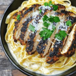 - 2 boneless, skinless chicken breasts: This is your main protein. It stays juicy and cooks well. - 2 tablespoons Cajun seasoning: This spice blend gives the chicken its bold flavor. It adds heat and zest. - 1 tablespoon olive oil: Use this to cook your chicken. It helps create a nice crust. - 8 oz fettuccine pasta: This pasta works great with the creamy sauce. It holds the sauce well. - 2 tablespoons butter: Butter adds richness to the sauce. It enhances the overall flavor. - 3 cloves garlic, minced: Garlic brings a fresh, aromatic taste to the sauce. It makes everything better. - 1 cup heavy cream: This is the base of your Alfredo sauce. It makes the sauce creamy and smooth. - 1 cup grated Parmesan cheese: Cheese adds a salty, nutty flavor. It thickens the sauce and makes it rich. - Salt and pepper to taste: These seasonings enhance all the other flavors in the dish. - Fresh parsley, chopped (for garnish): This adds a pop of color and a fresh touch to your plate. - Red bell pepper: Adds sweetness and color. Slice it thin and sauté with the garlic. - Spinach or kale: These greens boost nutrition. Toss them into the sauce for a healthy twist. - Lemon juice: A splash of lemon adds brightness. It balances the richness of the cream. - Crushed red pepper flakes: If you like spice, sprinkle these in for extra heat. Adjust to your taste. - Mushrooms: Sautéed mushrooms add earthiness. They pair well with the creamy sauce. Feel free to mix and match based on your tastes or diet. The full recipe gives you all the steps to create this tasty dish. Enjoy experimenting! To start, I pat the chicken breasts dry using paper towels. This helps the seasoning stick well. Next, I rub the Cajun seasoning all over the chicken. Make sure to coat every side evenly. This step gives it that bold flavor. For cooking, I heat olive oil in a large skillet over medium-high heat. When the oil is hot, I add the chicken. I cook each piece for about 6 to 7 minutes on each side. The chicken should look dark and blackened. This crust makes it special. Once done, I take the chicken out and let it rest for a few minutes. Then, I slice the chicken into strips to serve. Now, it's pasta time! I fill a pot with salted water and bring it to a boil. When the water is bubbling, I add the fettuccine. I cook it based on the package instructions until it is al dente, which means it is firm but cooked. This texture is key for the dish. Before draining the pasta, I reserve about ½ cup of the cooking water. This water is starchy and helps to make the sauce smooth later. For the Alfredo sauce, I use the same skillet from the chicken. I melt butter over medium heat. Then, I add minced garlic and sauté it for about one minute. The garlic should smell great but not burn. Next, I pour in the heavy cream and bring it to a gentle simmer. This is where the sauce gets creamy. I slowly stir in grated Parmesan cheese until it melts. If the sauce gets too thick, I add some reserved pasta water to adjust it. I also taste and add salt and pepper as needed. Finally, I mix everything together! I add the cooked fettuccine to the skillet with the sauce. I toss the pasta to coat it well. After that, I place the sliced blackened chicken on top. When serving, I like to use bowls or plates and garnish with freshly chopped parsley. This adds a nice touch and a burst of color. You can find the full recipe for Blackened Cajun Chicken Alfredo for more details and tips! When making Blackened Cajun Chicken Alfredo, some mistakes can happen. Here are a few: - Overcooking the chicken: This can dry it out. Cook it just until it reaches 165°F. - Not seasoning enough: Cajun seasoning is key. Don’t skip it; it adds great flavor. - Thick Alfredo sauce: If it's too thick, add reserved pasta water to thin it. - Sogginess from pasta: Make sure to drain the pasta well. To fix overcooked chicken, try slicing it thin and adding it back to the sauce for moisture. If your sauce is too thick, just stir in a bit of pasta water until it’s perfect. Using the right tools makes cooking easier. Here are some I recommend: - Skillet: A heavy-bottomed skillet works best for blackening the chicken. - Pot: Use a large pot for boiling the fettuccine. - Tongs: Great for flipping the chicken without losing the seasoning. Always choose high-quality ingredients. Fresh chicken and real Parmesan cheese deliver the best taste. Pair your Blackened Cajun Chicken Alfredo with these sides: - Garlic bread: It adds a nice crunch and complements the creamy sauce. - Steamed broccoli: This adds color and nutrition to your meal. - Caesar salad: A fresh salad balances the creamy pasta. For drinks, consider these options: - Chardonnay: Its richness pairs well with the sauce. - Iced tea: A refreshing choice that won’t overpower the dish. Enjoy your meal with these tasty pairings! {{image_2}} You can switch up the protein in your Blackened Cajun Chicken Alfredo. Shrimp works great and cooks fast. Just sauté it for 3-4 minutes until it turns pink. Steak is another option. Grill or pan-sear it for about 6-8 minutes, depending on thickness. If you prefer plant-based proteins, try using tofu or tempeh. Cook these until they are golden, about 5-7 minutes. Adjust your cooking times based on the type of protein you choose. If you need a gluten-free version, use gluten-free pasta. There are many options made from rice or chickpeas. For a dairy-free option, swap heavy cream for coconut cream or cashew cream. Nutritional yeast can replace Parmesan for a cheesy flavor without dairy. Always check labels to avoid hidden gluten or dairy. To add more flavor, consider tossing in vegetables like bell peppers, spinach, or mushrooms. Sauté them with the garlic for added depth. For a spicier dish, increase the Cajun seasoning or add red pepper flakes. If you prefer milder flavors, reduce the Cajun seasoning or add a touch of cream. This way, you can customize the heat level to your taste. For the complete dish, refer to the Full Recipe. To store your Blackened Cajun Chicken Alfredo, let it cool first. Then, put it in an airtight container. This helps keep it fresh. You can refrigerate it for up to three days. If you want to keep it longer, freeze it. Just make sure to use a freezer-safe container. It can stay good in the freezer for up to three months. When you’re ready to eat it, be sure to check for any signs of spoilage. Reheating your dish can be simple. Here’s how to do it right: 1. Microwave Method: - Place your portion in a microwave-safe bowl. - Add a splash of milk or cream to keep it creamy. - Cover the bowl with a microwave-safe lid or plate. - Heat on medium power for 1-2 minutes, stirring halfway through. 2. Stovetop Method: - Heat a skillet over medium heat. - Add a little olive oil or butter. - Stir in your leftovers and add a splash of cream or broth. - Cook for about 5-7 minutes, stirring often, until hot. Both methods work well. The stovetop keeps the texture nice. The microwave is quicker. Choose what fits your needs! To make Blackened Cajun Chicken Alfredo, start with your chicken. Rub Cajun seasoning on both sides. Cook it in a hot skillet with olive oil until it’s blackened, about 6-7 minutes per side. Next, boil fettuccine pasta until al dente. In the same skillet, melt butter and sauté garlic. Pour in heavy cream and simmer. Stir in Parmesan cheese until smooth. Combine cooked pasta and chicken in the skillet. Mix well and serve with parsley. Yes, you can use other pasta types. Fettuccine works best for this dish, but penne or rigatoni will also taste great. Remember, different shapes will change the way the sauce clings to the pasta. Thicker shapes hold sauce well, while thinner shapes may not. Cajun Chicken Alfredo blends Italian and Cajun flavors. It started in the United States, influenced by Louisiana's Cajun culture. Cajun cooking is known for its bold spices and rich flavors. The dish represents a mix of cultures, showcasing how food evolves over time. This dish can be spicy. Cajun seasoning, made from paprika and other spices, gives it heat. You can adjust the spice level by using less seasoning. If you prefer a milder version, choose a mild Cajun blend or make your own with less heat. Yes, you can prep parts ahead. Cook the chicken and pasta, then store them separately in the fridge. Make the sauce just before serving for the best flavor. Reheat the chicken and pasta gently, then mix with the sauce when ready to eat. This keeps everything fresh and tasty. In this article, we've explored the essential ingredients for Blackened Cajun Chicken Alfredo. You now know how to prepare the chicken, cook the pasta, and make a creamy Alfredo sauce. Remember the tips and tricks to avoid common mistakes and ensure your dish shines. Variations allow you to customize this meal, whether through protein changes or dietary adjustments. Lastly, proper storage and reheating ensure your leftovers taste great. Enjoy creating this flavorful dish and impressing your friends and family with your cooking skills!