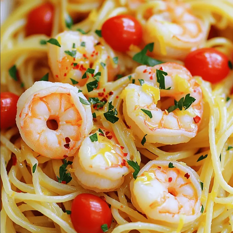 To make Lemon Garlic Shrimp Pasta, you need fresh and simple ingredients. Here’s the list of what you'll need: - 8 oz spaghetti or linguine - 1 lb jumbo shrimp, peeled and deveined - 4 tablespoons olive oil - 4 cloves garlic, minced - Zest and juice of 1 large lemon - 1/4 teaspoon red pepper flakes (adjust to taste) - Salt and pepper, to taste - 1/4 cup fresh parsley, chopped - 1/2 cup cherry tomatoes, halved (optional) - Grated Parmesan cheese, for serving (optional) These ingredients come together to create a meal that is bright and flavorful. The lemon adds a fresh taste, while the garlic gives depth. You can adjust the red pepper flakes to fit your spice level. I always emphasize the importance of using fresh ingredients. They elevate the dish and make it shine. For the best flavor, use high-quality olive oil and fresh garlic. If you want to try something different, adding cherry tomatoes gives a pop of color and sweetness. You can find the full recipe [here]. Enjoy cooking! First, fill a large pot with water. Add a good amount of salt to the water. Bring the water to a rolling boil. Then, add 8 oz of spaghetti or linguine. Cook according to the package directions until the pasta is al dente. This usually takes about 8 to 10 minutes. Stir the pasta occasionally to keep it from sticking. Once cooked, drain the pasta. Be sure to save about 1 cup of the pasta water for later. Next, grab a large skillet. Heat 2 tablespoons of olive oil over medium heat. Once the oil is hot, add the 1 lb of jumbo shrimp in a single layer. Sprinkle salt and pepper over the shrimp. Cook for about 2 to 3 minutes on one side. You want the shrimp to turn pink before flipping them. After that, flip the shrimp and cook for another 1 to 2 minutes. Make sure they are cooked through but not rubbery. Now, it’s time to bring everything together. Add 4 cloves of minced garlic and 1/4 teaspoon of red pepper flakes to the shrimp. Cook for 1 minute until the garlic smells great. Then, add the zest and juice of 1 large lemon. Give everything a good stir. Next, add the cooked pasta directly to the skillet. Toss the pasta with the shrimp and garlic mixture. If the pasta seems dry, add some reserved pasta water a little at a time until you reach the right sauce consistency. Enjoy this flavorful dish! For the full recipe, check out the earlier section. To make your Lemon Garlic Shrimp Pasta taste great, start with seasoning. Use salt, pepper, and red pepper flakes to add heat. Adjust these as you cook to get it just right. Fresh lemon juice and zest are key. They give a bright flavor that makes the dish shine. Always use fresh lemons when possible. Watch out for overcooked shrimp. Cook them until they turn pink and firm, about 2-3 minutes. If you cook them too long, they get rubbery. For perfect pasta, cook it al dente. Follow the package instructions closely. It should be tender but still have a bite when you chew. To make your dish look pretty, garnish with fresh parsley and grated Parmesan cheese. This adds color and flavor. Consider adding halved cherry tomatoes for a pop of red. They not only look good but also taste fresh. Enjoy your Lemon Garlic Shrimp Pasta! For the full recipe, check out the recipe section above. {{image_2}} You can switch shrimp for chicken in this dish. Chicken adds a nice twist. Just cut it into small pieces and cook it until it’s no longer pink. This keeps the cooking time similar, allowing for a quick meal. For a vegetarian option, try using mushrooms or tofu. They absorb flavors well. Sauté mushrooms until they are golden brown for a nice texture. If using tofu, press it to remove water first. Then, cut it into cubes and cook until crispy. While spaghetti or linguine is classic, many pasta shapes work well. You can use penne, fettuccine, or even farfalle. If you want a gluten-free option, look for gluten-free pasta made from rice or chickpeas. These options still pair well with the lemon and garlic flavors. To boost the flavor, consider adding a splash of white wine or broth. This gives the dish more depth. Cook the wine until it reduces, then add the shrimp and pasta. You can also mix in other herbs and spices. Fresh basil or thyme can add a nice touch. A sprinkle of smoked paprika can bring a subtle warmth. Explore different flavors that match your taste! For the complete recipe, check out the Full Recipe section. To store Lemon Garlic Shrimp Pasta, let it cool down first. Place the pasta in an airtight container. Make sure to keep it sealed well to avoid air exposure. You can store it in the refrigerator for up to three days. When you're ready to enjoy leftovers, reheat the pasta on the stove. Add a splash of water or olive oil to keep it moist. Heat it gently over low heat while stirring. Avoid using high heat, as it can change the texture of the shrimp. If you prefer the microwave, use a microwave-safe dish. Cover it with a lid to trap steam and heat in short bursts. Stir in between to keep it even. Enjoy your meal just like fresh! Yes, you can make Lemon Garlic Shrimp Pasta ahead of time. To store it, let it cool completely. Place it in an airtight container. It can last in the fridge for up to three days. When you’re ready to eat, reheat it on the stove. Add a splash of water or olive oil to keep it moist. Stir gently over medium heat until warmed through. You can also microwave it, but stir often to avoid hot spots. You can serve a few tasty sides with this dish. Here are some ideas: - A fresh green salad with lemon vinaigrette. - Garlic bread or a crusty baguette for dipping. - Roasted vegetables, like asparagus or zucchini. - A glass of white wine, like Pinot Grigio or Sauvignon Blanc. These pairings will enhance your meal and make it even more enjoyable. Yes, this recipe is great for meal prep. To portion it, divide the pasta into individual containers. Add shrimp evenly to each one. Make sure to include some sauce for flavor. Store in the fridge for up to three days. For longer storage, you can freeze it for a month. Just remember to thaw it overnight in the fridge before reheating. This way, you’ll have a delicious meal ready to go. Check out the Full Recipe for more cooking tips! This blog post covers a simple, tasty recipe for Lemon Garlic Shrimp Pasta. You learned the key ingredients, step-by-step cooking instructions, and tips for flavor and presentation. Variations let you customize it to your taste. Storing leftovers and reheating methods ensure you enjoy this dish later. Try this recipe for a quick meal. Your family will love it! Cooking should be fun and easy. Now, enjoy the process and create a dish filled with flavor and fresh ingredients. Happy cooking!