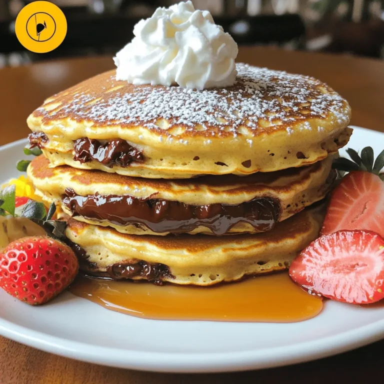 To make Nutella stuffed pancakes, you need simple ingredients. Gather these items for a delicious breakfast: - 1 cup all-purpose flour - 2 tablespoons sugar - 1 tablespoon baking powder - 1/2 teaspoon salt - 1 cup milk - 1 large egg - 2 tablespoons melted butter - 1/4 cup Nutella (or more for extra filling) - Oil or butter for cooking - Optional: whipped cream and fresh strawberries for serving These ingredients create a fluffy pancake base. The Nutella adds rich flavor and sweetness. Feel free to adjust the Nutella amount for your taste. If you want to make it extra special, add whipped cream and strawberries on top. This makes your pancakes look and taste even better! If you want the full recipe, check out the complete guide to Nutella stuffed pancakes. In a large mixing bowl, whisk together: - 1 cup all-purpose flour - 2 tablespoons sugar - 1 tablespoon baking powder - 1/2 teaspoon salt In another bowl, mix: - 1 cup milk - 1 large egg - 2 tablespoons melted butter Combine the wet and dry ingredients. Stir gently until just mixed. It is okay if you see a few lumps. Heat a skillet over medium heat. Lightly coat it with oil or butter. Pour about 1/4 cup of batter onto the skillet for each pancake. Cook until bubbles form on the top, about 1-2 minutes. Add about 1 tablespoon of Nutella in the center of the pancake. Quickly cover it with a bit more batter. Cook for another 1-2 minutes until the edges turn golden brown. Carefully flip the pancake and cook for another 1-2 minutes. Repeat this for the rest of the batter. Add more oil or butter as needed. Serve the pancakes warm. Stack them high for a nice look. You can drizzle with chocolate syrup if you like. Sprinkle powdered sugar on top for a sweet touch. Add a dollop of whipped cream and a few sliced strawberries on the side. Enjoy your delicious creation! For the full recipe, check out the instructions above. To make great pancakes, avoid overmixing the batter. Stir it gently until just combined. A few lumps are okay. This helps your pancakes stay light and fluffy. Letting the batter rest is key too. Allow it to sit for 10 minutes. This helps the flour absorb moisture. It also improves the texture of your pancakes. A rested batter gives you better pancakes. Getting the heat right is vital for fluffy pancakes. Heat your skillet to medium. If it’s too hot, your pancakes may burn. If it’s too low, they won’t cook properly. You want a nice golden brown color. Toppings can make your Nutella stuffed pancakes even better. Try adding whipped cream for a sweet touch. Fresh strawberries add color and flavor. You could also sprinkle some powdered sugar or drizzle chocolate syrup on top. Each of these options complements the rich Nutella well. {{image_2}} You can switch up the Nutella for other tasty spreads. Try using peanut butter for a nutty twist. Almond butter also works well and adds a rich flavor. You can even use fruit preserves, like strawberry or raspberry, for a fruity surprise. If you like cream cheese, a sweetened cream cheese filling can make these pancakes even more delightful. Get creative with your fillings and surprise your taste buds! If you need gluten-free pancakes, don’t worry. You can easily use gluten-free flour instead of all-purpose flour. Look for blends that include rice flour or almond flour for the best results. Just make sure to check that your baking powder is gluten-free too. The texture may change slightly, but the taste will still be amazing! Want to make Nutella stuffed pancakes vegan? It’s simple! Replace the milk with almond milk or any plant-based milk you love. Use a flax egg instead of a regular egg. To make a flax egg, mix 1 tablespoon of ground flaxseed with 2.5 tablespoons of water. Let it sit for about five minutes until it thickens. You can also swap melted butter for coconut oil or any vegetable oil. Enjoy your vegan pancakes with all the same yummy fillings! For the full recipe, check out the Nutella Stuffed Pancakes section! To keep your Nutella stuffed pancakes fresh, store them in the fridge. Place them in an airtight container. This helps prevent them from drying out. They stay good for about three days. When you want to eat them, reheat in a skillet on low heat. You can also use the microwave for a quick warm-up. Just heat for about 15-20 seconds. If you want to save pancakes for later, freezing works great. First, let them cool completely. Then, stack the pancakes with parchment paper between each one. This prevents them from sticking together. Wrap the stack in plastic wrap and place it in a freezer bag. They can last up to two months in the freezer. When you’re ready to eat, thaw them overnight in the fridge before reheating. Pancakes have a short shelf life. In the fridge, they last for about three days. In the freezer, you can enjoy them for up to two months. Make sure to check for any signs of spoilage before eating. If they smell off or look strange, it’s best to toss them. Enjoy every bite of these delicious pancakes! For the full recipe, check the section above. To make your pancakes fluffier, add a pinch of baking soda to the dry mix. Baking soda helps the batter rise better. You can also add a bit of yogurt. Yogurt adds moisture and lightness to the pancakes. Just replace some milk with yogurt for a great texture. Yes, you can make the batter ahead of time. Store it in the fridge for up to 24 hours. Just cover the bowl with plastic wrap or transfer it to a container. When you are ready to cook, give it a gentle stir. You may need to add a splash of milk if it thickens. If you want to switch it up, try peanut butter or almond butter. You can also use chocolate hazelnut spread from other brands. For a homemade option, mix cocoa powder with honey or maple syrup until smooth. This can give you a unique flavor. Look for bubbles forming on the surface of the pancake. When the bubbles pop and the edges look set, it’s time to flip. The bottom should be golden brown. If you wait too long, they can burn, so keep an eye on them! Nutella stuffed pancakes can be a treat, but they can be made healthier. Use whole wheat flour instead of all-purpose flour. This adds fiber and nutrients. You can also reduce the sugar or use less Nutella. Add fruits like bananas or berries for more vitamins. Enjoy them in moderation for a balanced meal. For the complete recipe, check the Full Recipe section! In this blog post, we explored how to make delicious Nutella stuffed pancakes. We covered the key ingredients, step-by-step instructions, and tips to enhance your cooking. You can experiment with various fillings, including vegan and gluten-free options. Remember to store leftovers properly to enjoy them later. Nutella pancakes are fun to make and satisfy your sweet cravings. Enjoy them warm with your favorite toppings. With practice, you'll master the art of fluffy pancakes filled with Nutella, making each breakfast a delight.