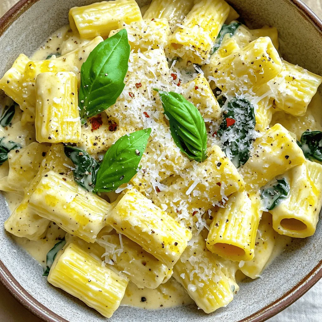 To make a rich and flavorful creamy rigatoni, gather these essential ingredients: - Rigatoni Pasta Quantity and Type - 12 ounces rigatoni pasta - Essential Cooking Oils and Fats - 2 tablespoons olive oil - Key Vegetables and Aromatics - 1 small onion, finely chopped - 3 cloves garlic, minced - Dairy Products for Creaminess - 1 cup heavy cream - 1 cup grated Parmesan cheese - Seasonings and Spices - 1 teaspoon garlic powder - 1 teaspoon Italian seasoning - Salt and black pepper, to taste - Optional Ingredients for Extra Flavor - 1/2 teaspoon crushed red pepper flakes (for heat) - Fresh basil leaves for garnish These ingredients come together to create a dish full of flavor and comfort. The rigatoni holds the creamy sauce well, making each bite satisfying. You can find the full recipe to guide you through each step. To start, fill a large pot with water. Make sure to add a good amount of salt. This salt helps to flavor the pasta. Bring the water to a boil. Once it boils, add the rigatoni. Cook according to the package instructions until al dente. This usually takes about 10 to 12 minutes. Remember to stir the pasta so it does not stick together. After cooking, save one cup of that pasta water. This water has starch that helps thicken the sauce later. Drain the pasta and set it aside. Now, let’s sauté the onions and garlic. Heat two tablespoons of olive oil in a large skillet over medium heat. Add the finely chopped onion first. Stir it for about 4 to 5 minutes until it turns soft and slightly clear. This step is key to building a good flavor base. Next, add the minced garlic. Cook it for about one minute. Watch it closely so it doesn’t burn. You want that nice garlic smell to fill your kitchen. Once the onion and garlic are ready, it’s time for the cream sauce. Lower the heat to low and pour in one cup of heavy cream. Stir in the grated Parmesan cheese, garlic powder, Italian seasoning, salt, and black pepper. Whisk it all together until smooth and creamy. If the sauce feels too thick, add some of the reserved pasta water. Just a bit at a time, until it reaches the right consistency. You want it creamy but not too runny. Now, add the cooked rigatoni and chopped spinach to the skillet. Toss everything gently to combine. This helps the pasta soak up the sauce. Cook for another 2 to 3 minutes until the spinach wilts and everything is heated through. Taste the dish and adjust the seasoning as needed. This step is crucial for a balanced flavor. For plating, I like to serve the creamy rigatoni in shallow bowls. Drizzle with extra olive oil for a glossy finish. Add a sprinkle of extra Parmesan on top. Fresh basil leaves make a lovely garnish. Pair this dish with garlic bread and a simple green salad for a complete meal. You can feel proud serving this rich and flavorful pasta dish to friends and family. For more details, check out the Full Recipe. To cook rigatoni perfectly, follow these tips: - Use plenty of water. This helps the pasta cook evenly. - Salt the water. Add a good amount of salt to enhance flavor. - Don't overcrowd the pot. This can lead to sticky pasta. - Taste for doneness. Check if it is firm but not hard. To keep rigatoni al dente, follow these steps: - Follow package time. Cook the pasta as directed on the package. - Reserve pasta water. Save some water before draining to help the sauce later. - Drain quickly. Don’t let it sit in the water too long. You can make your cream sauce even better with these add-ins: - Proteins: Consider cooked chicken, shrimp, or bacon for heartiness. - Vegetables: Add spinach, peas, or mushrooms for color and nutrition. Balancing flavors is key. Here’s how: - Season well. Taste for salt and pepper before serving. - Add herbs. Fresh basil or parsley can brighten the dish. A beautiful presentation can make your dish stand out. Here are ideas: - Use shallow bowls. This highlights the creamy sauce and pasta. - Garnish with herbs. Fresh basil adds color and freshness. - Drizzle with olive oil. A bit of extra oil gives a nice sheen. Choosing the right dinnerware also matters. Use: - White plates. They allow the food to shine. - Warm dishes. Hot plates keep the creamy rigatoni warm longer. For the full recipe, refer to the earlier section. Enjoy your cooking! {{image_2}} You can make creamy rigatoni a veggie delight. Use protein alternatives like tofu or chickpeas. They add texture and nutrition. Seasonal vegetables also work great. Try zucchini or bell peppers. Just chop them up and sauté with the onions. This adds color and flavor to your dish. For meat lovers, adding chicken or shrimp is simple. Cook the meat in the skillet before adding the cream sauce. This infuses the sauce with rich flavors. To enhance your meat dish, season it well. Garlic powder and Italian seasoning work perfectly. They help the meat shine in the creamy sauce. If you like heat, adjust the spice level easily. Add crushed red pepper flakes for a kick. Start small and add more if you can handle it. You can also use spicy sauces. Try sriracha or chili oil. These add extra flavor and heat to your creamy rigatoni. To keep your creamy rigatoni fresh, place it in an airtight container. Cool the pasta before sealing it. This step helps prevent moisture buildup. Store it in your fridge for up to three days. The sooner you eat it, the better it tastes. Use glass or plastic containers with tight lids. These materials help maintain flavor and texture. If you plan to eat it later, portion the pasta for easy access. Label the containers with the date to track freshness. To enjoy your creamy rigatoni again, gentle reheating is best. Reheat it on low heat in a skillet. Add a splash of water or cream to keep it creamy. Stir it often to prevent sticking. This method helps maintain the pasta's texture and flavor. If using a microwave, place the pasta in a bowl. Cover it loosely with a microwave-safe lid. Heat in short bursts, stirring in between. This prevents hot spots and uneven heating. The stovetop method usually yields better results, but the microwave is quicker. You can freeze creamy rigatoni if you have extra. Let the pasta cool completely before freezing. Portion it into freezer-safe bags or containers. Remove as much air as possible to prevent freezer burn. Label the bags with the date so you know when you froze it. To thaw, place the pasta in the fridge overnight. If you're short on time, you can use the microwave. Once thawed, reheat it on low heat as mentioned earlier. Enjoy your creamy rigatoni with little loss of flavor! Yes, you can use different types of pasta for creamy rigatoni. Some great choices include penne, fusilli, or farfalle. Each type has its own shape and texture, which can change the dish. Keep in mind that cooking times will vary. For example, penne may take about 11-13 minutes, while fusilli usually cooks in 8-10 minutes. Always check the package instructions for the best results. If you want to skip heavy cream, there are good substitutes. You can use half-and-half, which will make your sauce creamy but lighter. Coconut milk is a great non-dairy option that adds a hint of sweetness. Cashew cream is another choice; blend soaked cashews with water until smooth. Each option changes the flavor, so pick one that fits your taste. To make creamy rigatoni dairy-free, swap heavy cream with coconut milk or cashew cream. Use nutritional yeast instead of Parmesan cheese for a cheesy flavor. You can also add more veggies, like mushrooms or bell peppers, for extra taste. Choose dairy-free butter or olive oil for sautéing. Herbs can boost the flavor of your creamy rigatoni. Fresh basil, parsley, and oregano are great choices. For a bolder taste, try thyme or rosemary. Mix these herbs in during cooking to let their flavors blend in. Fresh herbs also add a nice pop of color to your dish. Creamy rigatoni lasts about 3-5 days in the fridge. Store it in an airtight container to keep it fresh. Check for any signs of spoilage, like an off smell or mold. If it looks or smells bad, it’s best to throw it away. Yes, you can prepare creamy rigatoni in advance. Cook the pasta and sauce separately, then mix them just before serving. This helps keep the pasta from getting too soft. You can store the components in the fridge for up to 3 days. When ready to eat, reheat them together on the stove. For the best flavor, add a splash of pasta water to loosen the sauce. For the full recipe, check out the original guide. This article covered all you need to know to make creamy rigatoni. We explored the key ingredients, cooking techniques, and tips for perfect flavor. You now have the steps to create delightful variations and know how to store leftovers. Remember, the right presentation can elevate your dish. Enjoy experimenting with flavors and textures. With practice, you’ll master this dish and impress your family and friends. Happy cooking!
