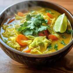 - 1 medium green cabbage, chopped - 1 large onion, diced - 3 cloves garlic, minced - 1 teaspoon ground turmeric - 1 teaspoon ground cumin - ½ teaspoon smoked paprika - 6 cups vegetable broth - 1 cup cooked chickpeas - Fresh cilantro for garnish Gathering the right ingredients is key to making this soup rich and tasty. I love using fresh cabbage, as it adds a nice crunch and color. The onion and garlic give a lovely base flavor. Turmeric shines in this recipe. It brings a warm, earthy flavor and offers health benefits. Cumin and smoked paprika add depth and a hint of smokiness. For the broth, I recommend using vegetable broth. It enhances the soup’s flavor while keeping it plant-based. Chickpeas are a great source of protein and give the soup heartiness. Finally, cilantro adds a fresh touch that brightens each bowl. You can find the complete recipe in the Full Recipe section. Enjoy gathering your ingredients! 1. Chop and dice vegetables: Start with the cabbage. Cut it into quarters, then chop it into bite-sized pieces. Next, dice the onion and slice the carrots. For the red bell pepper, remove the seeds and chop it into small cubes. Finally, mince the garlic and grate the ginger. 2. Prepare spices: Measure out the ground turmeric, cumin, coriander, and smoked paprika. Having these ready will help you cook smoothly. 1. Sauté onion, garlic, and ginger: In a large pot, heat the olive oil over medium heat. Add the diced onion and sauté until it turns translucent, about 5 minutes. Stir in the minced garlic and grated ginger. Cook for another 2 minutes until you smell a nice aroma. 2. Add spices and toast them: Add the measured spices to the pot. Stir them well and let them toast for about 1 minute. This step helps to release their rich flavors. 1. Combine vegetables and broth: Now, add the chopped cabbage, sliced carrots, and diced red bell pepper to the pot. Mix everything so the spices coat the veggies. Pour in the vegetable broth and bring the mixture to a boil. 2. Simmer and season soup: Once it boils, reduce the heat to low and let it simmer for about 25 minutes. Check the veggies; they should be tender. Stir in the cooked chickpeas and season with salt and pepper. Let it simmer for another 5 minutes to warm through. Before you serve, squeeze in the lime juice for that extra zing. Follow these steps to create a warm bowl of anti-inflammatory turmeric cabbage soup. For the full recipe, check the details above! - Adjust spice levels: If you like heat, add more turmeric or a pinch of chili. You can also reduce spices if you prefer a milder taste. - Add a hint of acidity: A squeeze of lime juice can brighten the flavors. It balances the spices and adds freshness. - Ensure vegetables are evenly cooked: Cut all veggies into similar sizes. This helps them cook at the same rate, making your soup smooth and even. - Use fresh versus dried herbs: Fresh herbs bring a lively flavor. If you use dried, adjust the amount, as they are more potent. - Best served hot: The soup tastes great when warm. It comforts you on a chilly day. - Pairing recommendations: Serve with crusty bread or a simple salad. These make great sides and enhance the meal. For more detailed cooking steps, check out the Full Recipe for Anti-Inflammatory Turmeric Cabbage Soup. {{image_2}} You can switch some ingredients in this turmeric cabbage soup. - Alternative cooking oils: Use coconut oil or avocado oil instead of olive oil. These oils add unique flavors and health benefits. - Different types of beans or legumes: Try using black beans or lentils. They both add protein and fiber, making the soup heartier. To make your soup even tastier, consider these ideas. - Adding chili for heat: If you like spice, add chopped chili peppers or red pepper flakes. This adds a nice kick to the flavors. - Using coconut milk for creaminess: Stir in a can of coconut milk for a rich texture. This makes the soup feel creamy without dairy. You can easily adjust this soup for different diets. - Vegan-friendly swaps: This recipe is already vegan, but if you want, replace chickpeas with tofu for a different texture. - Gluten-free options: Rest assured, this soup is gluten-free. Just ensure your vegetable broth does not contain gluten. Explore these variations to make the soup your own! For the full recipe, check out the details above. To keep your Anti-Inflammatory Turmeric Cabbage Soup fresh, store it properly. First, let the soup cool down to room temperature. Then, pour it into airtight containers. This helps keep the flavors intact. For best results, use glass or BPA-free plastic containers. They seal well and prevent spills. If you want to save some for later, freezing is a great option. Start by letting the soup cool completely. Then, ladle it into freezer-safe containers or bags. Leave some space at the top for expansion. When you’re ready to eat, thaw the soup overnight in the fridge. To reheat, warm it on the stove over medium heat, stirring occasionally. You can also use a microwave, but be sure to stir it halfway through. In the fridge, your soup will last about 4 to 5 days. Make sure to check for signs of spoilage. If you see any mold or notice a bad smell, it’s best to throw it away. Always trust your senses when checking food. Keeping the soup stored correctly helps maintain its taste and health benefits. Turmeric and cabbage both offer great health benefits. - Anti-inflammatory properties: Turmeric contains curcumin, which helps reduce inflammation. This can help with joint pain and swelling. Cabbage is also known to lower inflammation due to its rich antioxidants. - Nutritional value: Cabbage is low in calories but high in vitamins C and K. It also provides fiber for digestive health. Turmeric boosts your immune system and improves skin health. Together, they create a nourishing soup. Yes! You can easily make this soup ahead of time. - Tips for meal prep: Prepare the soup up to three days in advance. Store it in an airtight container in the fridge. This allows the flavors to meld well. - Reheating instructions: When ready to serve, simply heat the soup on the stove over medium heat. Stir it occasionally until hot. You can also use a microwave if you prefer. Absolutely! This soup freezes well. - How to maintain flavor and texture: Let the soup cool completely before freezing. Use freezer-safe containers to avoid freezer burn. - Best practices for freezer-friendly soup: Label the containers with the date. To reheat, thaw the soup in the fridge overnight. Heat it on the stove for the best texture. Enjoy a delicious meal anytime! For the full recipe, check out Anti-Inflammatory Turmeric Cabbage Soup . This blog post shares a simple and tasty soup recipe. You learned about key ingredients like cabbage, onion, and chickpeas. We covered essential cooking steps and useful tips to perfect the flavor. You also discovered variations and storage methods to keep your soup fresh. Overall, making this soup is easy and fun. Enjoy each bowl and share it with loved ones for a delicious meal. Happy cooking!