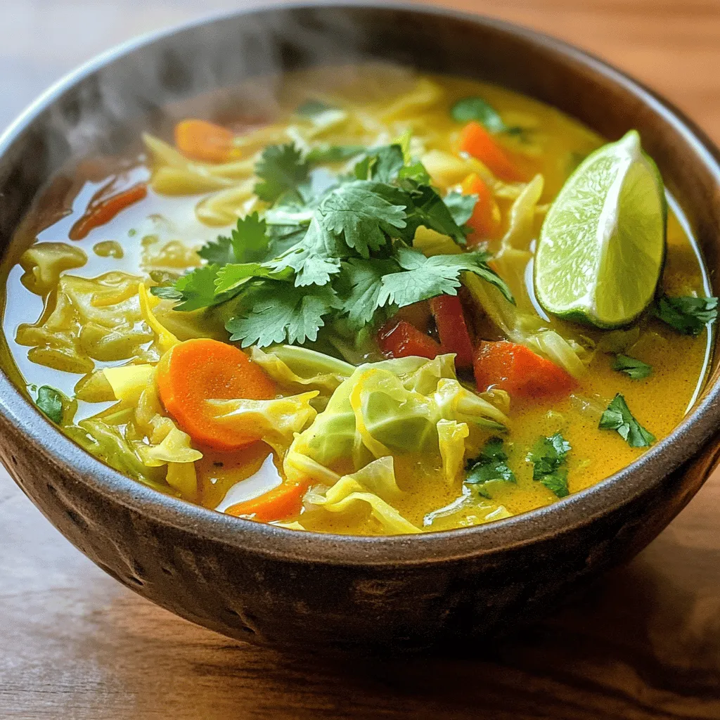 - 1 medium green cabbage, chopped - 1 large onion, diced - 3 cloves garlic, minced - 1 teaspoon ground turmeric - 1 teaspoon ground cumin - ½ teaspoon smoked paprika - 6 cups vegetable broth - 1 cup cooked chickpeas - Fresh cilantro for garnish Gathering the right ingredients is key to making this soup rich and tasty. I love using fresh cabbage, as it adds a nice crunch and color. The onion and garlic give a lovely base flavor. Turmeric shines in this recipe. It brings a warm, earthy flavor and offers health benefits. Cumin and smoked paprika add depth and a hint of smokiness. For the broth, I recommend using vegetable broth. It enhances the soup’s flavor while keeping it plant-based. Chickpeas are a great source of protein and give the soup heartiness. Finally, cilantro adds a fresh touch that brightens each bowl. You can find the complete recipe in the Full Recipe section. Enjoy gathering your ingredients! 1. Chop and dice vegetables: Start with the cabbage. Cut it into quarters, then chop it into bite-sized pieces. Next, dice the onion and slice the carrots. For the red bell pepper, remove the seeds and chop it into small cubes. Finally, mince the garlic and grate the ginger. 2. Prepare spices: Measure out the ground turmeric, cumin, coriander, and smoked paprika. Having these ready will help you cook smoothly. 1. Sauté onion, garlic, and ginger: In a large pot, heat the olive oil over medium heat. Add the diced onion and sauté until it turns translucent, about 5 minutes. Stir in the minced garlic and grated ginger. Cook for another 2 minutes until you smell a nice aroma. 2. Add spices and toast them: Add the measured spices to the pot. Stir them well and let them toast for about 1 minute. This step helps to release their rich flavors. 1. Combine vegetables and broth: Now, add the chopped cabbage, sliced carrots, and diced red bell pepper to the pot. Mix everything so the spices coat the veggies. Pour in the vegetable broth and bring the mixture to a boil. 2. Simmer and season soup: Once it boils, reduce the heat to low and let it simmer for about 25 minutes. Check the veggies; they should be tender. Stir in the cooked chickpeas and season with salt and pepper. Let it simmer for another 5 minutes to warm through. Before you serve, squeeze in the lime juice for that extra zing. Follow these steps to create a warm bowl of anti-inflammatory turmeric cabbage soup. For the full recipe, check the details above! - Adjust spice levels: If you like heat, add more turmeric or a pinch of chili. You can also reduce spices if you prefer a milder taste. - Add a hint of acidity: A squeeze of lime juice can brighten the flavors. It balances the spices and adds freshness. - Ensure vegetables are evenly cooked: Cut all veggies into similar sizes. This helps them cook at the same rate, making your soup smooth and even. - Use fresh versus dried herbs: Fresh herbs bring a lively flavor. If you use dried, adjust the amount, as they are more potent. - Best served hot: The soup tastes great when warm. It comforts you on a chilly day. - Pairing recommendations: Serve with crusty bread or a simple salad. These make great sides and enhance the meal. For more detailed cooking steps, check out the Full Recipe for Anti-Inflammatory Turmeric Cabbage Soup. {{image_2}} You can switch some ingredients in this turmeric cabbage soup. - Alternative cooking oils: Use coconut oil or avocado oil instead of olive oil. These oils add unique flavors and health benefits. - Different types of beans or legumes: Try using black beans or lentils. They both add protein and fiber, making the soup heartier. To make your soup even tastier, consider these ideas. - Adding chili for heat: If you like spice, add chopped chili peppers or red pepper flakes. This adds a nice kick to the flavors. - Using coconut milk for creaminess: Stir in a can of coconut milk for a rich texture. This makes the soup feel creamy without dairy. You can easily adjust this soup for different diets. - Vegan-friendly swaps: This recipe is already vegan, but if you want, replace chickpeas with tofu for a different texture. - Gluten-free options: Rest assured, this soup is gluten-free. Just ensure your vegetable broth does not contain gluten. Explore these variations to make the soup your own! For the full recipe, check out the details above. To keep your Anti-Inflammatory Turmeric Cabbage Soup fresh, store it properly. First, let the soup cool down to room temperature. Then, pour it into airtight containers. This helps keep the flavors intact. For best results, use glass or BPA-free plastic containers. They seal well and prevent spills. If you want to save some for later, freezing is a great option. Start by letting the soup cool completely. Then, ladle it into freezer-safe containers or bags. Leave some space at the top for expansion. When you’re ready to eat, thaw the soup overnight in the fridge. To reheat, warm it on the stove over medium heat, stirring occasionally. You can also use a microwave, but be sure to stir it halfway through. In the fridge, your soup will last about 4 to 5 days. Make sure to check for signs of spoilage. If you see any mold or notice a bad smell, it’s best to throw it away. Always trust your senses when checking food. Keeping the soup stored correctly helps maintain its taste and health benefits. Turmeric and cabbage both offer great health benefits. - Anti-inflammatory properties: Turmeric contains curcumin, which helps reduce inflammation. This can help with joint pain and swelling. Cabbage is also known to lower inflammation due to its rich antioxidants. - Nutritional value: Cabbage is low in calories but high in vitamins C and K. It also provides fiber for digestive health. Turmeric boosts your immune system and improves skin health. Together, they create a nourishing soup. Yes! You can easily make this soup ahead of time. - Tips for meal prep: Prepare the soup up to three days in advance. Store it in an airtight container in the fridge. This allows the flavors to meld well. - Reheating instructions: When ready to serve, simply heat the soup on the stove over medium heat. Stir it occasionally until hot. You can also use a microwave if you prefer. Absolutely! This soup freezes well. - How to maintain flavor and texture: Let the soup cool completely before freezing. Use freezer-safe containers to avoid freezer burn. - Best practices for freezer-friendly soup: Label the containers with the date. To reheat, thaw the soup in the fridge overnight. Heat it on the stove for the best texture. Enjoy a delicious meal anytime! For the full recipe, check out Anti-Inflammatory Turmeric Cabbage Soup . This blog post shares a simple and tasty soup recipe. You learned about key ingredients like cabbage, onion, and chickpeas. We covered essential cooking steps and useful tips to perfect the flavor. You also discovered variations and storage methods to keep your soup fresh. Overall, making this soup is easy and fun. Enjoy each bowl and share it with loved ones for a delicious meal. Happy cooking!