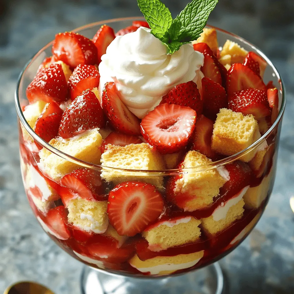 For this dessert, you'll need 2 cups of fresh strawberries. Make sure to hull and slice them. The sweetness and juiciness of ripe strawberries make this trifle special. I like to sprinkle 1/4 cup of granulated sugar on them. Let them sit for about 15-20 minutes. This helps release their delicious juices. Next, we need a cake base. I prefer using 2 cups of pound cake, cut into cubes. The pound cake adds a rich flavor and a nice texture. You can use store-bought or homemade cake. Just ensure it's soft enough to soak up the strawberry juices. For the whipped cream, gather 2 cups of heavy whipping cream. This gives the trifle its light and fluffy texture. You'll also need 1/4 cup of powdered sugar to sweeten it up. Don't forget 1 teaspoon of vanilla extract for flavor. This combination creates a perfect topping for our trifle. Check out the Full Recipe for detailed steps on how to make this delightful dessert! To start, you need fresh strawberries. Wash them well and remove the green tops. Slice the berries into small pieces. In a medium bowl, mix the sliced strawberries with granulated sugar. This sugar helps draw out their sweet juices. Let the strawberries sit for about 15 to 20 minutes. You want them juicy and flavorful for the trifle. The sugar will work its magic, making them taste even better. Next, let’s make the whipped cream. In a large mixing bowl, add heavy whipping cream, powdered sugar, and vanilla extract. These three ingredients create a rich and creamy topping. Use an electric mixer to beat this mixture on medium-high speed. Keep mixing until you see soft peaks form. This should take a few minutes. Soft peaks mean the cream holds its shape but is still smooth. Be careful not to overbeat, or it can turn into butter! Now comes the fun part: assembling your trifle! Grab a large trifle bowl or individual serving cups. Start with half of the pound cake cubes as the first layer. Make sure they cover the bottom well. Next, spoon a layer of your juicy strawberries over the cake. Don’t forget to add some of the strawberry juices too! This adds flavor and moisture. Then, spread a layer of whipped cream over the strawberries. Repeat these layers with the rest of the pound cake, strawberries, and whipped cream. Finish with a nice dollop of whipped cream on top. For a pretty touch, you can add fresh mint leaves for garnish. Chill the trifle in the fridge for at least 30 minutes. This helps the flavors blend together perfectly. For the complete recipe, check the [Full Recipe]. When picking strawberries, look for bright red color and firm texture. Avoid berries with white or green spots. The best strawberries are sweet, juicy, and fragrant. If you can, buy them from local farmers. Fresh strawberries taste better and are often more ripe. Always wash them gently and hull them before slicing. This keeps them fresh and ready for your trifle. To make whipped cream, start with cold heavy cream. Use a clean bowl and beaters. This helps achieve the right texture. Combine heavy cream, powdered sugar, and vanilla extract in a bowl. Beat on medium-high speed until soft peaks form. Be careful not to overmix, or it may turn into butter. Perfect whipped cream is light, fluffy, and holds its shape well. Layering your trifle is key to its beauty. Use a large trifle bowl or clear glasses to show off the layers. Start with cake cubes at the bottom. Then, add strawberries next. Follow with whipped cream on top. Repeat this process for the best effect. Make sure to finish with a nice dollop of whipped cream. A few mint leaves on top add a nice touch too. These layers create a stunning dessert that looks as good as it tastes. For the full recipe, check out the details above. {{image_2}} To make a gluten-free version, swap the pound cake for gluten-free cake. You can use a pre-made gluten-free cake mix or bake your own. Just check the labels to ensure all ingredients are gluten-free. This way, everyone can enjoy this tasty treat without worry! For a vegan version, use coconut cream instead of heavy cream. Chill a can of coconut milk overnight and scoop out the solid part. Whip it up with some powdered sugar and vanilla for a creamy topping. This will give your trifle a rich, tropical flavor. It’s a fun twist that adds excitement! You can mix things up by adding different flavors. For a citrus kick, try drizzling some limoncello over the strawberries. Limoncello adds a sweet and zesty touch. You can also mix in other berries, like blueberries or raspberries, for a berry medley. Each combination gives a new taste experience. Experiment and find your favorite flavors! For detailed instructions, check out the Full Recipe. Store any leftover trifle in the fridge. Use an airtight container to keep it fresh. The trifle will last about 2-3 days. Make sure to cover it well. This helps prevent the cake from drying out. Enjoy the trifle chilled for the best taste. You can freeze the pound cake and whipped cream separately. Cut the cake into cubes before freezing. Place it in a freezer-safe bag. It can last up to 3 months. For whipped cream, spoon it into a container and freeze. Just remember to thaw it in the fridge before using. To keep the trifle fresh, layer carefully. Avoid adding fresh strawberries until serving. This helps them stay firm. If you plan to serve later, create layers without strawberries. Add them just before you serve for the best look and taste. Use fresh mint leaves as a garnish for a bright touch. Yes, you can make this trifle ahead of time. It tastes great after chilling. I recommend making it a few hours before serving. This way, the flavors mix well. Just cover it with plastic wrap and store it in the fridge. It will stay fresh for up to 24 hours. If you don't have pound cake, there are many tasty choices. You can use sponge cake or angel food cake. Both will give a light texture. You can also try store-bought ladyfingers. They work well and save time. Each option will add a unique touch to your trifle. To keep strawberries firm, use fresh ones. Avoid over-mixing them with sugar. Let them sit for just 15-20 minutes. This time is enough for the juice to come out. You can also add them close to serving time. This helps keep their texture and taste fresh. For more tips, check out the Full Recipe. This blog post shared how to make a delicious strawberry shortcake trifle. You learned about the key ingredients: fresh strawberries, a cake base, and whipped cream. I outlined the steps for preparing, assembling, and layering the dessert. You also found helpful tips for choosing strawberries and making cream. Remember, you can create variations to suit your taste. With proper storage, your trifle can stay fresh. Enjoy making your own, and have fun experimenting with flavors!