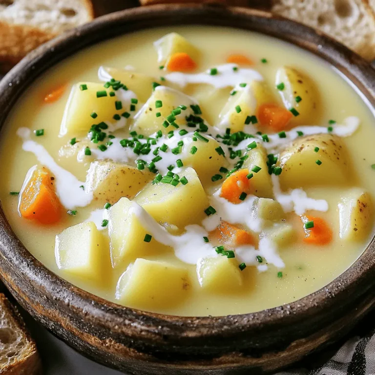 To make a warm bowl of German potato soup, you need simple ingredients that pack a lot of flavor. Here’s what you will need: - 6 medium-sized potatoes, peeled and diced - 1 large onion, finely chopped - 3 cloves garlic, minced - 4 cups vegetable broth - 1 cup heavy cream (or coconut cream for a dairy-free option) - 2 medium carrots, diced - 2 stalks celery, diced - 1 teaspoon dried thyme - 1 teaspoon paprika - Salt and pepper to taste - 3 tablespoons olive oil or butter - Fresh chives, chopped (for garnish) You can easily swap some ingredients based on your taste or needs: - Use sweet potatoes instead of regular potatoes for a sweeter flavor. - For a lighter soup, replace heavy cream with coconut cream or a plant-based milk. - If you like a kick, add a pinch of cayenne pepper or hot sauce. - You can use chicken broth instead of vegetable broth for a richer taste. - Fresh herbs can replace dried thyme for a fresher flavor. This list gives you the tools to make a comforting dish. The Full Recipe provides detailed guidance to help you create the perfect soup every time. Enjoy cooking! 1. In a large pot, heat three tablespoons of olive oil or butter over medium heat. This helps create a base for your soup. 2. Add one large onion, finely chopped. Sauté it for about five minutes until it becomes soft and clear. This step builds a great flavor. 3. Next, stir in three cloves of minced garlic, two diced medium carrots, and two diced stalks of celery. Cook these for four to five minutes. You want them soft but still bright. 4. Now, add six medium-sized potatoes, peeled and diced. Include one teaspoon of dried thyme, one teaspoon of paprika, and salt and pepper to taste. Mix everything well to coat the veggies with spices. 5. Pour in four cups of vegetable broth. Bring this mixture to a boil. Once boiling, reduce the heat to low. Let it simmer for about 20 to 25 minutes. You will know it's ready when the potatoes are tender. 6. After the potatoes are cooked, use a potato masher or an immersion blender. Mash the soup to your desired texture, whether smooth or chunky. 7. Stir in one cup of heavy cream or coconut cream, depending on your preference. Taste and adjust the seasoning if needed. Warm the soup for another five minutes. 8. Serve your soup hot, garnished with fresh chives for a burst of color and flavor. Cooking times are key; always keep an eye on your heat. Layering ingredients builds flavor. Each step counts toward a rich, warm dish. For the full recipe, refer to the detailed instructions above. To get the best texture for your German potato soup, focus on the potatoes. Choose waxy potatoes like Yukon Gold. They hold their shape well and create a creamy soup when mashed. Avoid starchy potatoes; they can make the soup too thick. For a flavor boost, add fresh herbs. Chives and parsley add freshness. Thyme and paprika enhance the earthy notes. You can also try a bay leaf during cooking for depth. Just remember to remove it before serving! Common mistakes include not sautéing the onions enough. They should be soft and slightly golden. Also, don't rush the simmering step. Let the soup cook long enough for the flavors to meld. Lastly, avoid over-mashing the potatoes. A few chunks add character to the soup. For the full recipe, check out the details above to guide your cooking. {{image_2}} You can make German potato soup even better by adding new ingredients. Try adding spinach for a leafy twist. You can use sweet potatoes instead of regular ones for a sweeter taste. If you want more protein, add diced ham or cooked sausage. Different regions in Germany have their own styles. In Bavaria, you might find a touch of beer added for depth. In the north, people often include smoked fish, giving the soup a unique flavor. Seasonal changes also bring new ideas. In spring, add peas or asparagus for freshness. In fall, try adding roasted pumpkin for a warm, earthy flavor. This keeps the soup exciting and matches the seasons. For a full guide on making the perfect soup, check out the Full Recipe. After you enjoy your German Potato Soup, you might have some left. To store leftovers, let the soup cool down first. Then, pour it into an airtight container. Make sure to seal it well to keep it fresh. This soup can stay in the fridge for up to three days. If you want to keep it longer, freezing is a great option. To freeze the soup, use freezer-safe bags or containers. Leave some space at the top, as soup expands when frozen. It can last for about three months in the freezer. When you are ready to eat it again, reheating is easy. If it’s in the fridge, heat it on the stove over medium heat. Stir it often to avoid burning. If frozen, thaw it in the fridge overnight before reheating. You can also warm it in the microwave. Just remember to stir halfway through to heat it evenly. For more details on making this delicious dish, check out the Full Recipe. Enjoy your comforting bowl of German Potato Soup! I recommend using starchy potatoes like Russets or Yukon Golds. They make the soup creamy and smooth. Waxy potatoes, like red or new potatoes, can work too. However, they may not break down as easily. Choose the right potatoes for the best texture. Yes, you can make this soup ahead of time. It tastes even better the next day. Just let it cool and store it in an airtight container. When you're ready to eat, reheat it on the stove. Add a splash of cream if the soup thickens too much. You can easily adjust this recipe to be vegan. Use coconut cream instead of heavy cream. Swap the vegetable broth for a homemade broth. You can also add more veggies, like spinach or kale, for extra nutrients. For comprehensive cooking guidance, check out the Full Recipe. In this blog post, I covered how to make German Potato Soup with clarity. We discussed the ingredients, cooking steps, and useful tips. You learned about ingredient swaps and how to enhance flavors. Additionally, I shared variations to suit seasonal tastes and regional styles. Storing and reheating options help you enjoy leftovers, too. German Potato Soup is a dish you can adapt and enjoy year-round. Embrace your creativity and make it your own!