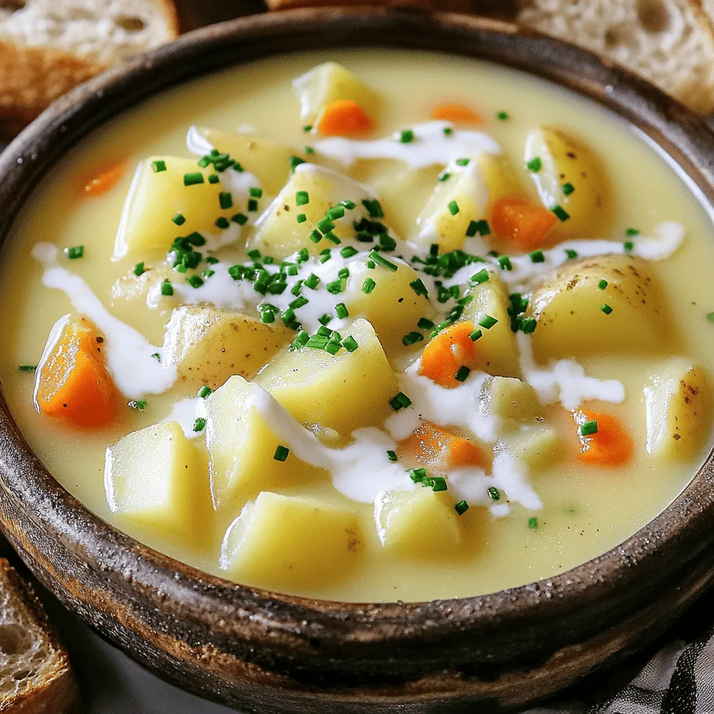 To make a warm bowl of German potato soup, you need simple ingredients that pack a lot of flavor. Here’s what you will need: - 6 medium-sized potatoes, peeled and diced - 1 large onion, finely chopped - 3 cloves garlic, minced - 4 cups vegetable broth - 1 cup heavy cream (or coconut cream for a dairy-free option) - 2 medium carrots, diced - 2 stalks celery, diced - 1 teaspoon dried thyme - 1 teaspoon paprika - Salt and pepper to taste - 3 tablespoons olive oil or butter - Fresh chives, chopped (for garnish) You can easily swap some ingredients based on your taste or needs: - Use sweet potatoes instead of regular potatoes for a sweeter flavor. - For a lighter soup, replace heavy cream with coconut cream or a plant-based milk. - If you like a kick, add a pinch of cayenne pepper or hot sauce. - You can use chicken broth instead of vegetable broth for a richer taste. - Fresh herbs can replace dried thyme for a fresher flavor. This list gives you the tools to make a comforting dish. The Full Recipe provides detailed guidance to help you create the perfect soup every time. Enjoy cooking! 1. In a large pot, heat three tablespoons of olive oil or butter over medium heat. This helps create a base for your soup. 2. Add one large onion, finely chopped. Sauté it for about five minutes until it becomes soft and clear. This step builds a great flavor. 3. Next, stir in three cloves of minced garlic, two diced medium carrots, and two diced stalks of celery. Cook these for four to five minutes. You want them soft but still bright. 4. Now, add six medium-sized potatoes, peeled and diced. Include one teaspoon of dried thyme, one teaspoon of paprika, and salt and pepper to taste. Mix everything well to coat the veggies with spices. 5. Pour in four cups of vegetable broth. Bring this mixture to a boil. Once boiling, reduce the heat to low. Let it simmer for about 20 to 25 minutes. You will know it's ready when the potatoes are tender. 6. After the potatoes are cooked, use a potato masher or an immersion blender. Mash the soup to your desired texture, whether smooth or chunky. 7. Stir in one cup of heavy cream or coconut cream, depending on your preference. Taste and adjust the seasoning if needed. Warm the soup for another five minutes. 8. Serve your soup hot, garnished with fresh chives for a burst of color and flavor. Cooking times are key; always keep an eye on your heat. Layering ingredients builds flavor. Each step counts toward a rich, warm dish. For the full recipe, refer to the detailed instructions above. To get the best texture for your German potato soup, focus on the potatoes. Choose waxy potatoes like Yukon Gold. They hold their shape well and create a creamy soup when mashed. Avoid starchy potatoes; they can make the soup too thick. For a flavor boost, add fresh herbs. Chives and parsley add freshness. Thyme and paprika enhance the earthy notes. You can also try a bay leaf during cooking for depth. Just remember to remove it before serving! Common mistakes include not sautéing the onions enough. They should be soft and slightly golden. Also, don't rush the simmering step. Let the soup cook long enough for the flavors to meld. Lastly, avoid over-mashing the potatoes. A few chunks add character to the soup. For the full recipe, check out the details above to guide your cooking. {{image_2}} You can make German potato soup even better by adding new ingredients. Try adding spinach for a leafy twist. You can use sweet potatoes instead of regular ones for a sweeter taste. If you want more protein, add diced ham or cooked sausage. Different regions in Germany have their own styles. In Bavaria, you might find a touch of beer added for depth. In the north, people often include smoked fish, giving the soup a unique flavor. Seasonal changes also bring new ideas. In spring, add peas or asparagus for freshness. In fall, try adding roasted pumpkin for a warm, earthy flavor. This keeps the soup exciting and matches the seasons. For a full guide on making the perfect soup, check out the Full Recipe. After you enjoy your German Potato Soup, you might have some left. To store leftovers, let the soup cool down first. Then, pour it into an airtight container. Make sure to seal it well to keep it fresh. This soup can stay in the fridge for up to three days. If you want to keep it longer, freezing is a great option. To freeze the soup, use freezer-safe bags or containers. Leave some space at the top, as soup expands when frozen. It can last for about three months in the freezer. When you are ready to eat it again, reheating is easy. If it’s in the fridge, heat it on the stove over medium heat. Stir it often to avoid burning. If frozen, thaw it in the fridge overnight before reheating. You can also warm it in the microwave. Just remember to stir halfway through to heat it evenly. For more details on making this delicious dish, check out the Full Recipe. Enjoy your comforting bowl of German Potato Soup! I recommend using starchy potatoes like Russets or Yukon Golds. They make the soup creamy and smooth. Waxy potatoes, like red or new potatoes, can work too. However, they may not break down as easily. Choose the right potatoes for the best texture. Yes, you can make this soup ahead of time. It tastes even better the next day. Just let it cool and store it in an airtight container. When you're ready to eat, reheat it on the stove. Add a splash of cream if the soup thickens too much. You can easily adjust this recipe to be vegan. Use coconut cream instead of heavy cream. Swap the vegetable broth for a homemade broth. You can also add more veggies, like spinach or kale, for extra nutrients. For comprehensive cooking guidance, check out the Full Recipe. In this blog post, I covered how to make German Potato Soup with clarity. We discussed the ingredients, cooking steps, and useful tips. You learned about ingredient swaps and how to enhance flavors. Additionally, I shared variations to suit seasonal tastes and regional styles. Storing and reheating options help you enjoy leftovers, too. German Potato Soup is a dish you can adapt and enjoy year-round. Embrace your creativity and make it your own!