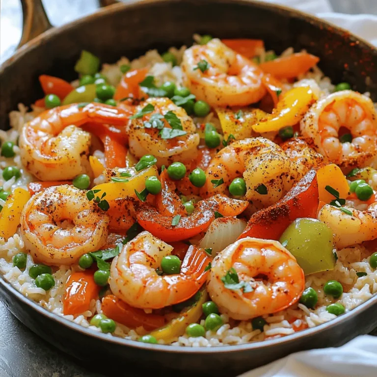 To make a great Cajun shrimp and rice skillet, you need the following ingredients: - 1 pound large shrimp, peeled and deveined - 1 cup long-grain white rice - 2 cups chicken broth (or vegetable broth for a vegetarian option) - 1 medium onion, diced - 1 bell pepper (red or green), diced - 2 cloves garlic, minced - 2 tablespoons Cajun seasoning - 1 teaspoon smoked paprika - 1/2 teaspoon salt - 1/2 teaspoon black pepper - 2 tablespoons olive oil - 1 cup frozen peas - 2 green onions, chopped (for garnish) - Fresh parsley, chopped (for garnish) You can enhance the dish with some optional ingredients. Try adding: - A squeeze of fresh lemon juice for brightness - Chopped tomatoes for extra moisture - A splash of hot sauce for heat - Cooked sausage or chicken for extra protein - Diced celery for crunch If you have dietary needs, here are some easy swaps: - Use quinoa instead of rice for a gluten-free option. - Replace chicken broth with vegetable broth for a vegetarian option. - Use brown rice for more fiber, but adjust cooking time. - Swap shrimp for tofu or chickpeas for a plant-based meal. - Use a salt-free Cajun seasoning to reduce sodium. These ingredients come together to create a dish that is both hearty and tasty. To see the full recipe, check out the [Full Recipe]. Before you start cooking, gather all your ingredients. This makes the process smooth and easy. You will need shrimp, rice, broth, onion, bell pepper, garlic, and spices. Having everything ready saves time and stress. 1. Heat 2 tablespoons of olive oil in a large skillet over medium-high heat. 2. Add 1 diced onion and 1 diced bell pepper. Sauté them for about 3-4 minutes. They should soften but not brown. 3. Stir in 2 minced garlic cloves. Cook for 1 minute, being careful not to burn the garlic. 4. Add 1 pound of shrimp to the skillet. Sprinkle in 2 tablespoons of Cajun seasoning, 1 teaspoon of smoked paprika, 1/2 teaspoon of salt, and 1/2 teaspoon of black pepper. Cook for 2-3 minutes until the shrimp turn pink. 5. Add 1 cup of long-grain white rice. Mix it well with the other ingredients. Let it toast for about 1 minute. 6. Pour in 2 cups of chicken broth. Bring the mixture to a boil. Once boiling, reduce the heat to low and cover the skillet. 7. Let it simmer for 15-18 minutes, or until the rice is cooked and most of the liquid is gone. 8. In the last 5 minutes, stir in 1 cup of frozen peas to heat through. 9. Remove from heat and let it sit covered for another 5 minutes. This helps everything blend. 10. Fluff the rice with a fork. Garnish with chopped green onions and fresh parsley before serving. - Use long-grain rice for the best texture. It cooks evenly and absorbs flavors well. - Avoid stirring too much once you add the broth. This helps the rice cook without becoming mushy. - Check the shrimp for doneness. They should be pink and opaque when ready. - Let the skillet sit covered after cooking. This step allows the steam to finish the cooking process. - Taste before serving. Adjust seasoning if needed to suit your taste. To make your Cajun shrimp and rice skillet pop, use fresh ingredients. Fresh shrimp gives the best taste. Try to buy shrimp that smells like the ocean. Fresh herbs also boost flavor. Use parsley and green onions for a fresh touch. You can add a squeeze of lemon juice for brightness. It balances the spices well. Avoid overcooking the shrimp. They cook fast and can turn rubbery. When shrimp turn pink and opaque, they are done. Don't skip toasting the rice. This step adds a nice nutty flavor. Also, make sure to measure your broth. Too much liquid can make the rice mushy. Follow the cooking times closely to ensure the best results. Prep your ingredients before cooking. Dice the onion and pepper ahead of time. This makes cooking smoother. You can use frozen shrimp to save time. Just thaw them before cooking. If you're short on time, use a rice cooker. This lets you focus on the shrimp while the rice cooks. For a quick meal, have everything ready and follow the Full Recipe. {{image_2}} You can easily make this dish vegetarian or vegan. Instead of shrimp, use mushrooms or firm tofu. They soak up flavors well. Replace chicken broth with vegetable broth. Use the same spices and cook time. This way, you keep the Cajun taste without meat. You still get a hearty meal. If you want to change the protein, try chicken or sausage. Chicken cooks quickly and stays juicy. Slice it thin and add it with the veggies. For sausage, use andouille for a smoky taste. Cook it in the skillet before adding the rice. Both options bring a new twist to your dish. You can adjust the spice level to your taste. For mild, cut back on Cajun seasoning. You can add a touch of lemon juice to brighten flavors. If you like heat, add more seasoning or some cayenne pepper. Just a pinch can really boost the heat. This lets you customize each meal to your liking. Explore your taste buds with these variations! After enjoying your Cajun shrimp and rice skillet, let it cool. Place leftovers in an airtight container. Store them in the fridge for up to three days. This keeps your meal fresh and tasty. Remember, the shrimp and rice absorb flavors over time, making it even better! To freeze your Cajun shrimp and rice skillet, cool it completely first. Transfer it to a freezer-safe container. It can last for up to three months in the freezer. Just label the container with the date. When you’re ready to eat, thaw it overnight in the fridge. To reheat, use a skillet for even heating. Add a splash of water or broth to prevent sticking. Heat over medium-low until warmed through. You can also use a microwave. Heat in short intervals, stirring in between. This keeps your dish moist and delicious. For the full recipe, check out the details above! If you don't have Cajun seasoning, you can make your own mix. Combine paprika, garlic powder, onion powder, and black pepper. You can adjust the heat with cayenne pepper or chili powder. This mix gives a similar taste to Cajun seasoning. You can also use Creole seasoning if you have it. It adds a nice flavor with herbs. Yes, you can prepare this dish ahead of time. Cook the shrimp and rice as directed, then let them cool. Store them in an airtight container in the fridge. When you are ready to eat, reheat it on the stove. Add a splash of broth to keep it moist. This makes for a quick meal later. To make this recipe gluten-free, use gluten-free broth. Many brands offer gluten-free chicken or vegetable broth. Always check labels to be sure. The rice itself is gluten-free, so you’re good there. Enjoy your Cajun Shrimp and Rice Skillet without worry! You now have a simple guide to make Cajun shrimp and rice skillet. We explored ingredients, cooking steps, and storage tips. I shared ways to adapt for different diets and save time. Remember that a few mistakes can change your dish. Use these tips to elevate your meal. Enjoy cooking and savor each bite!