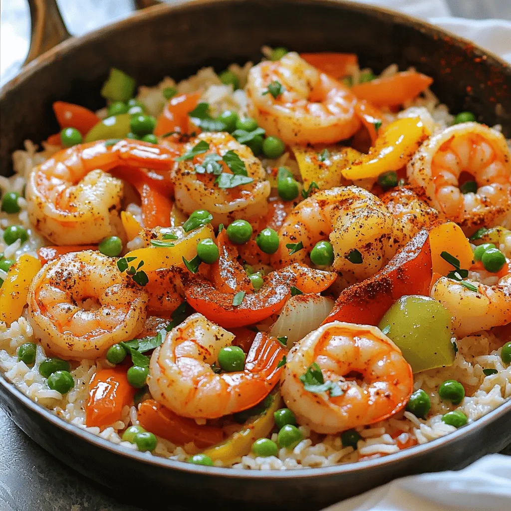To make a great Cajun shrimp and rice skillet, you need the following ingredients: - 1 pound large shrimp, peeled and deveined - 1 cup long-grain white rice - 2 cups chicken broth (or vegetable broth for a vegetarian option) - 1 medium onion, diced - 1 bell pepper (red or green), diced - 2 cloves garlic, minced - 2 tablespoons Cajun seasoning - 1 teaspoon smoked paprika - 1/2 teaspoon salt - 1/2 teaspoon black pepper - 2 tablespoons olive oil - 1 cup frozen peas - 2 green onions, chopped (for garnish) - Fresh parsley, chopped (for garnish) You can enhance the dish with some optional ingredients. Try adding: - A squeeze of fresh lemon juice for brightness - Chopped tomatoes for extra moisture - A splash of hot sauce for heat - Cooked sausage or chicken for extra protein - Diced celery for crunch If you have dietary needs, here are some easy swaps: - Use quinoa instead of rice for a gluten-free option. - Replace chicken broth with vegetable broth for a vegetarian option. - Use brown rice for more fiber, but adjust cooking time. - Swap shrimp for tofu or chickpeas for a plant-based meal. - Use a salt-free Cajun seasoning to reduce sodium. These ingredients come together to create a dish that is both hearty and tasty. To see the full recipe, check out the [Full Recipe]. Before you start cooking, gather all your ingredients. This makes the process smooth and easy. You will need shrimp, rice, broth, onion, bell pepper, garlic, and spices. Having everything ready saves time and stress. 1. Heat 2 tablespoons of olive oil in a large skillet over medium-high heat. 2. Add 1 diced onion and 1 diced bell pepper. Sauté them for about 3-4 minutes. They should soften but not brown. 3. Stir in 2 minced garlic cloves. Cook for 1 minute, being careful not to burn the garlic. 4. Add 1 pound of shrimp to the skillet. Sprinkle in 2 tablespoons of Cajun seasoning, 1 teaspoon of smoked paprika, 1/2 teaspoon of salt, and 1/2 teaspoon of black pepper. Cook for 2-3 minutes until the shrimp turn pink. 5. Add 1 cup of long-grain white rice. Mix it well with the other ingredients. Let it toast for about 1 minute. 6. Pour in 2 cups of chicken broth. Bring the mixture to a boil. Once boiling, reduce the heat to low and cover the skillet. 7. Let it simmer for 15-18 minutes, or until the rice is cooked and most of the liquid is gone. 8. In the last 5 minutes, stir in 1 cup of frozen peas to heat through. 9. Remove from heat and let it sit covered for another 5 minutes. This helps everything blend. 10. Fluff the rice with a fork. Garnish with chopped green onions and fresh parsley before serving. - Use long-grain rice for the best texture. It cooks evenly and absorbs flavors well. - Avoid stirring too much once you add the broth. This helps the rice cook without becoming mushy. - Check the shrimp for doneness. They should be pink and opaque when ready. - Let the skillet sit covered after cooking. This step allows the steam to finish the cooking process. - Taste before serving. Adjust seasoning if needed to suit your taste. To make your Cajun shrimp and rice skillet pop, use fresh ingredients. Fresh shrimp gives the best taste. Try to buy shrimp that smells like the ocean. Fresh herbs also boost flavor. Use parsley and green onions for a fresh touch. You can add a squeeze of lemon juice for brightness. It balances the spices well. Avoid overcooking the shrimp. They cook fast and can turn rubbery. When shrimp turn pink and opaque, they are done. Don't skip toasting the rice. This step adds a nice nutty flavor. Also, make sure to measure your broth. Too much liquid can make the rice mushy. Follow the cooking times closely to ensure the best results. Prep your ingredients before cooking. Dice the onion and pepper ahead of time. This makes cooking smoother. You can use frozen shrimp to save time. Just thaw them before cooking. If you're short on time, use a rice cooker. This lets you focus on the shrimp while the rice cooks. For a quick meal, have everything ready and follow the Full Recipe. {{image_2}} You can easily make this dish vegetarian or vegan. Instead of shrimp, use mushrooms or firm tofu. They soak up flavors well. Replace chicken broth with vegetable broth. Use the same spices and cook time. This way, you keep the Cajun taste without meat. You still get a hearty meal. If you want to change the protein, try chicken or sausage. Chicken cooks quickly and stays juicy. Slice it thin and add it with the veggies. For sausage, use andouille for a smoky taste. Cook it in the skillet before adding the rice. Both options bring a new twist to your dish. You can adjust the spice level to your taste. For mild, cut back on Cajun seasoning. You can add a touch of lemon juice to brighten flavors. If you like heat, add more seasoning or some cayenne pepper. Just a pinch can really boost the heat. This lets you customize each meal to your liking. Explore your taste buds with these variations! After enjoying your Cajun shrimp and rice skillet, let it cool. Place leftovers in an airtight container. Store them in the fridge for up to three days. This keeps your meal fresh and tasty. Remember, the shrimp and rice absorb flavors over time, making it even better! To freeze your Cajun shrimp and rice skillet, cool it completely first. Transfer it to a freezer-safe container. It can last for up to three months in the freezer. Just label the container with the date. When you’re ready to eat, thaw it overnight in the fridge. To reheat, use a skillet for even heating. Add a splash of water or broth to prevent sticking. Heat over medium-low until warmed through. You can also use a microwave. Heat in short intervals, stirring in between. This keeps your dish moist and delicious. For the full recipe, check out the details above! If you don't have Cajun seasoning, you can make your own mix. Combine paprika, garlic powder, onion powder, and black pepper. You can adjust the heat with cayenne pepper or chili powder. This mix gives a similar taste to Cajun seasoning. You can also use Creole seasoning if you have it. It adds a nice flavor with herbs. Yes, you can prepare this dish ahead of time. Cook the shrimp and rice as directed, then let them cool. Store them in an airtight container in the fridge. When you are ready to eat, reheat it on the stove. Add a splash of broth to keep it moist. This makes for a quick meal later. To make this recipe gluten-free, use gluten-free broth. Many brands offer gluten-free chicken or vegetable broth. Always check labels to be sure. The rice itself is gluten-free, so you’re good there. Enjoy your Cajun Shrimp and Rice Skillet without worry! You now have a simple guide to make Cajun shrimp and rice skillet. We explored ingredients, cooking steps, and storage tips. I shared ways to adapt for different diets and save time. Remember that a few mistakes can change your dish. Use these tips to elevate your meal. Enjoy cooking and savor each bite!