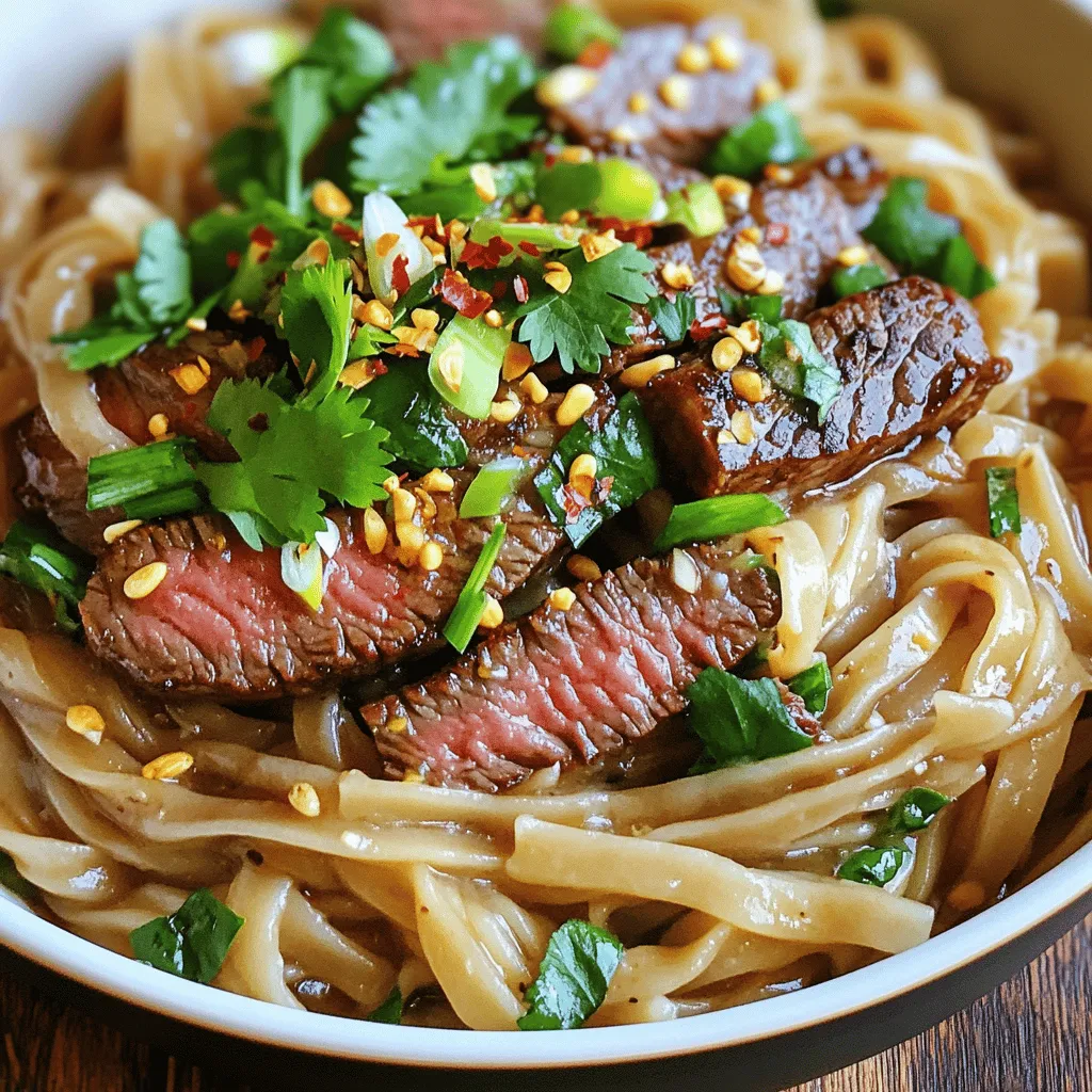 For this dish, you need the following key ingredients: - 8 oz. wide rice noodles - 1 lb. sirloin steak, thinly sliced - 4 tablespoons unsalted butter - 6 cloves garlic, minced - 2 tablespoons soy sauce - 1 tablespoon oyster sauce - 2 green onions, chopped - 1 tablespoon fresh ginger, minced - 1 teaspoon red pepper flakes (optional, for heat) - Salt and pepper to taste - Fresh cilantro for garnish (optional) These ingredients create a flavorful base. The rice noodles soak up the savory garlic butter sauce. The sirloin steak adds rich taste and protein. Garlic and ginger bring freshness, while soy and oyster sauce add depth. You can add a few extras to kick up the taste: - 1 tablespoon sesame oil for nuttiness - A squeeze of lime juice for brightness - Sliced bell peppers for crunch These optional ingredients enhance the dish. They add layers of flavor and texture. Feel free to mix and match based on your taste. To prepare Garlic Butter Steak Noodles, you'll need: - A large skillet or wok - A sharp knife for slicing steak - A cutting board - Measuring spoons - A pot for soaking noodles These tools make the cooking process smooth. A good skillet ensures even cooking. A sharp knife helps you slice steak easily. With these tools, you'll create a delightful meal from the full recipe. Start by soaking the wide rice noodles in hot water. Let them soak for about 20 minutes. This softens them and makes them easier to cook. After soaking, drain the noodles and set them aside. They will be ready to mix with the garlic butter sauce later. Next, take your thinly sliced sirloin steak. Season it with salt and pepper. Heat a large skillet or wok over medium-high heat. Melt 2 tablespoons of unsalted butter in the skillet. Once the butter is hot, add the seasoned steak. Cook it for about 2-3 minutes on each side. You want it browned and cooked to your desired doneness. After cooking, remove the steak and place it on a plate. Cover it to keep it warm while you move to the next step. In the same skillet, add the remaining 2 tablespoons of butter. Once it melts, add minced garlic, ginger, and red pepper flakes. Sauté these for about 1 minute until they smell great. The garlic and ginger add a nice kick to the dish. You want to get that flavor into the butter sauce before adding the noodles. Now, add the drained noodles to the skillet. Stir gently to coat them in the garlic butter mixture. Pour in the soy sauce and oyster sauce. Toss everything together for about 2-3 minutes until heated through. Finally, return the cooked steak to the skillet along with chopped green onions. Mix everything together for another minute to blend the flavors. If needed, taste the dish and adjust with more salt and pepper. Now you can serve it on a platter or in individual bowls. Garnish with fresh cilantro if you like! To cook steak just right, start with thin slices. This helps it cook fast. Season both sides with salt and pepper. Heat a skillet until hot. Use medium-high heat for a nice sear. Cook the steak for 2-3 minutes on each side. You want it browned outside and juicy inside. Let the steak rest on a plate. This keeps it tender and full of flavor. To boost flavor, use fresh garlic and ginger. Their taste makes the dish pop! Adding soy and oyster sauce gives a savory kick. If you love heat, sprinkle red pepper flakes. Toss in chopped green onions for a fresh crunch. Garnish with cilantro for a burst of color and taste. These little additions create a more exciting meal. One big mistake is overcooking the steak. Keep an eye on it. Another is not letting the noodles soak long enough. They should be soft but not mushy. When adding sauces, mix well to coat the noodles. Don’t skip the resting time for the steak, either. This step makes a huge difference in texture. Following these tips ensures a great garlic butter steak noodle dish every time! {{image_2}} If you want to switch up the protein in your Garlic Butter Steak Noodles, consider chicken or shrimp. Chicken breast works great when sliced thin. You can cook it just like the steak. Shrimp adds a nice seafood twist. Sauté shrimp until they turn pink and opaque. You can also try tofu for a different flavor. It absorbs the garlic butter well, making it tasty. For a vegetarian version, skip the meat. You can use mushrooms, like shiitake or portobello. Slice them thick and sauté until soft. You can also add bell peppers or broccoli for crunch. Use vegetable broth instead of meat to enhance the flavor. This option keeps the dish rich and satisfying without meat. Want to add some heat? You can easily adjust the spice level. Add more red pepper flakes to your taste. If you prefer a milder dish, reduce the amount or leave it out. You can also use fresh chili peppers. Slice them and sauté them with the garlic. This gives a fresh kick and a colorful look to the dish. Garlic Butter Steak Noodles is a flexible recipe. Feel free to play with these variations to make it your own. For the complete recipe, check out the Full Recipe section. To keep your Garlic Butter Steak Noodles fresh, store them in an airtight container. Let the dish cool down before sealing it. This helps avoid soggy noodles. Keep the container in the fridge. They stay good for about three days. When you’re ready to eat your leftovers, reheating is simple. Use a skillet over medium heat. Add a splash of water or broth to keep the noodles moist. Stir for about five minutes until heated through. You can also use a microwave. Heat in short bursts, stirring in between, until warm. If you want to save some for later, freezing works well too. Place the noodles and steak in a freezer-safe container. Make sure to remove as much air as possible. They can stay in the freezer for up to three months. When you’re ready to eat, thaw overnight in the fridge before reheating. This keeps the texture nice and tasty. To make Garlic Butter Steak Noodles, start by soaking wide rice noodles in hot water. This will make them soft. While the noodles soak, season thinly sliced sirloin steak with salt and pepper. In a large skillet, melt some butter over medium-high heat. Cook the steak for 2-3 minutes on each side until browned. Next, remove the steak and keep it warm. In the same skillet, add more butter, minced garlic, ginger, and red pepper flakes. Sauté for a minute until fragrant. Add the drained noodles, soy sauce, and oyster sauce, mixing everything well. Finally, return the steak, toss with chopped green onions, and serve. Garlic Butter Steak Noodles pair well with many sides. Try a simple side salad for freshness. Steamed broccoli or green beans add crunch and color. You could also serve it with some crispy egg rolls for extra flavor. Rice is another good choice, as it soaks up the tasty garlic butter sauce. Yes! You can prepare some parts ahead. Soak the noodles and cook the steak in advance. Store them separately in the fridge. When ready to eat, just reheat them together in the skillet. Add the garlic butter sauce and mix well. It’s a great way to save time on busy nights! Garlic Butter Steak Noodles are rich in protein and carbs. A serving contains about 450-500 calories. You get protein from the sirloin steak and carbs from the noodles. The butter and sauces add flavor but also fat and sodium. Always check the specific brands for exact values. For the complete recipe, check the section above. You’ll find everything you need to create this tasty dish! Garlic Butter Steak Noodles are a tasty and easy dish to make. We covered key ingredients, kitchen tools, and step-by-step instructions. I shared tips on cooking steak, adding flavor, and avoiding common mistakes. You can explore different proteins and adjust spice levels to fit your taste. Remember to store leftovers properly for later. With these skills, you can create a delicious meal that everyone will love. Enjoy every bite and share this dish with family and friends!