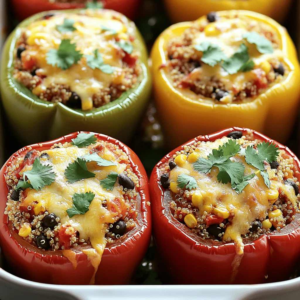 - 4 large bell peppers (any color) - 1 cup cooked quinoa or rice - 1 cup black beans, drained and rinsed - 1 cup corn (fresh, frozen, or canned) - 1 cup diced tomatoes (canned or fresh) - 1 teaspoon cumin - 1 teaspoon chili powder - 1 teaspoon garlic powder - Salt and pepper to taste - 1 ½ cups shredded cheese (cheddar, Monterey Jack, or a blend) - 2 tablespoons olive oil - Fresh cilantro or parsley (for garnish, optional) I love using bright bell peppers for this dish. They add color and flavor. You can pick any color you like. Red, green, yellow, or orange all work well. For the filling, I often use quinoa or rice. Both options give you a nice base. Black beans add protein and fiber. Corn brings a sweet crunch. Diced tomatoes give moisture and flavor. The spices make everything pop. Cumin adds warmth, while chili powder gives a bit of heat. Garlic powder is key for depth. Don't forget salt and pepper; they balance the flavors. Cheese is the star! I use shredded cheddar or Monterey Jack. They melt beautifully and add creaminess. The olive oil helps the peppers roast well. Fresh herbs like cilantro or parsley can brighten up your dish, making it even more appealing. For the full recipe, check out the details on how to make Cheesy Stuffed Bell Peppers. Enjoy crafting this tasty meal! - Preheat your oven to 375°F (190°C). - Slice the tops off the bell peppers and remove seeds and membranes. This step is key for a good bite. - Combine the cooked quinoa or rice with black beans, corn, diced tomatoes, cumin, chili powder, garlic powder, and half of the shredded cheese. - Mix well until everything is evenly coated. This mixture adds great flavor and texture. - Stuff each bell pepper with the mixture and pack it down gently. You want it full but not overflowing. - Top the stuffed peppers with the remaining cheese. This will melt into a gooey layer. - Cover with foil and bake for 25 minutes. Remove the foil and bake an additional 10-15 minutes. You want the peppers tender and the cheese bubbly and golden. These steps make Cheesy Stuffed Bell Peppers a simple dish that is both fun to make and delicious to eat. For the full recipe, check out the recipe link. To make your stuffed peppers tender, cook them just right. Start by baking them covered. This step traps steam and softens the peppers. After about 25 minutes, remove the foil. Let the cheese bubble to a golden finish. For a gooey cheese top, use a mix of cheeses. Cheddar and Monterey Jack melt well together. Sprinkle a bit of cheese on before baking. Add more during the last few minutes for a great melt. Want to kick up the flavor? Add spices like smoked paprika or a dash of cayenne. These spices bring warmth to your dish. Fresh herbs like basil or oregano also boost taste. Prep your ingredients ahead of time. Cook the quinoa or rice a day before. Chop veggies and store them in the fridge. This way, when you’re ready to cook, it’s fast and easy. Pair your stuffed peppers with a fresh salad. A side of roasted veggies adds color and crunch. For a fun twist, serve them on a bed of salsa or guacamole. Presentation matters, too. Slice the peppers in half for a colorful display. Use a sprinkle of fresh herbs on top for a pop of green. Your meal will look as good as it tastes! For the full recipe, check out the [Full Recipe]. {{image_2}} To make a meatless version of cheesy stuffed bell peppers, simply leave out the meat. You can use more beans or grains instead. For example, swap ground meat with an extra cup of black beans or add lentils. When it comes to cheese, plant-based options are great. Look for brands like Daiya or Violife. They melt well and taste great. You can also use nutritional yeast for a cheesy flavor without dairy. You can change up your fillings for a fun twist. Instead of quinoa, try using brown rice or farro. Both add great texture and flavor. If you want meat, ground turkey or beef works well. Cook it first before mixing it with the other ingredients. This adds richness and makes the dish heartier. Different cheeses can change the whole dish. Try mozzarella for a mild taste or pepper jack for a spicy kick. Mixing cheeses can also create a unique flavor. Fresh herbs like cilantro or parsley can brighten your dish. Just chop them up and mix them in or sprinkle on top before serving. They add freshness and make the dish pop. For the full recipe of cheesy stuffed bell peppers, check out the recipe section above. To store leftover stuffed peppers, let them cool first. Place them in an airtight container. You can keep them in the fridge for up to three days. This way, they stay fresh and tasty. When you want to eat them again, just take one out and heat it up. For long-term storage, freezing is a great option. Wrap each stuffed pepper tightly in plastic wrap. Then, place them in a freezer-safe bag or container. They can last in the freezer for about three months. When you’re ready to eat, move them to the fridge overnight to thaw. To reheat, bake them at 375°F (190°C) for about 20-25 minutes. This keeps the peppers soft and the cheese melted. Enjoy your cheesy stuffed bell peppers again! For the full recipe, check out the earlier section. Cook stuffed peppers for about 35 to 40 minutes. Bake them at 375°F (190°C). Cover them with foil for the first 25 minutes. Remove the foil to let the cheese brown. Yes, you can prepare stuffed peppers in advance. Stuff them a day ahead and store them in the fridge. Just bake them when you're ready. This saves time for busy days. The best cheese for stuffed peppers is shredded cheddar or Monterey Jack. These cheeses melt well and add great flavor. You can also mix different cheeses for a unique taste. Yes, you can make cheesy stuffed bell peppers in a slow cooker. Prepare the peppers as you would for the oven. Cook them on low for 4 to 6 hours. This method keeps them very tender. You can make stuffed peppers spicy by adding more spices. Try adding cayenne pepper or fresh jalapeños to the filling. You can also use pepper jack cheese for an extra kick. Stuffed bell peppers offer a tasty way to enjoy healthy ingredients. We covered the best ingredients, easy steps, and clever tips to make them shine. You can mix flavors, adjust spices, and even rework the filling to suit what you like. Whether you eat them now or save leftovers, they’re always a great meal choice. Now, grab your ingredients and start cooking. You won't regret it!