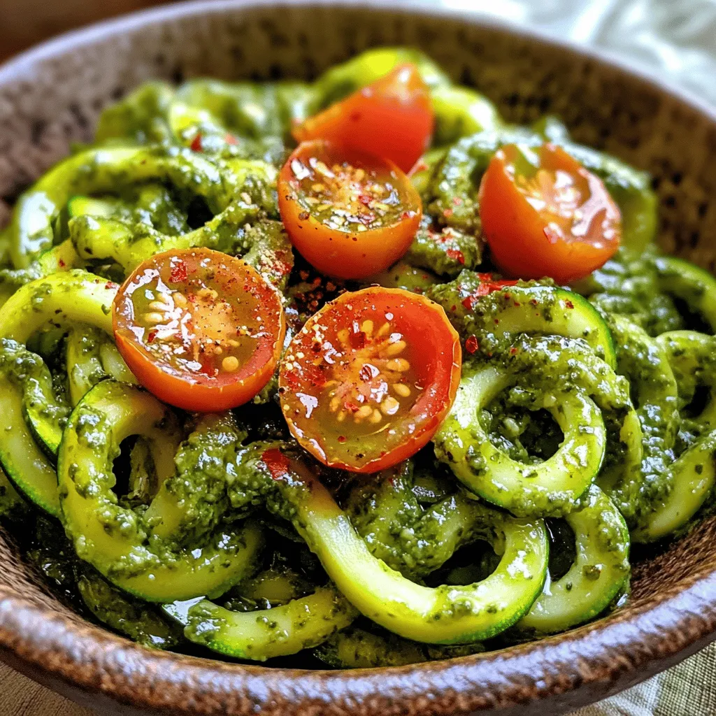 To make Zucchini Noodles with Pesto, gather these fresh ingredients: - 3 medium zucchini - 1 cup fresh basil leaves - 1/4 cup pine nuts (or walnuts) - 1/4 cup grated Parmesan cheese (or nutritional yeast for a vegan alternative) - 2 garlic cloves, minced - 1/4 cup olive oil - Salt and pepper to taste - Cherry tomatoes, halved, for garnish - Crushed red pepper flakes, for a bit of heat (optional) These ingredients create a dish that bursts with flavor. Zucchini serves as the base, offering a light and healthy alternative to pasta. The fresh basil brings a vibrant aroma, while the nuts add a nice crunch. Parmesan cheese gives the dish a rich taste. You can use nutritional yeast for a vegan option. Garlic enhances the overall flavor, and olive oil adds creaminess. Cherry tomatoes are perfect for garnish, giving a pop of color. If you want a little heat, add crushed red pepper flakes. This combination not only tastes great but also looks stunning on your plate. For the full recipe, check out the details above. To start, grab your spiralizer, julienne peeler, or a sharp knife. I love using a spiralizer for its ease and fun shapes. Slice the zucchini into long, thin noodles. After that, place the noodles in a colander. Sprinkle a little salt over them. This helps draw out moisture. Let them sit for about ten minutes. This step is key to keeping your noodles from getting soggy. Next, let’s whip up the pesto. In a food processor, add the fresh basil leaves, pine nuts, and grated Parmesan cheese, or nutritional yeast if you prefer a vegan option. Toss in the minced garlic too. Pulse these ingredients until they are finely chopped. Then, slowly drizzle in the olive oil while the processor runs. This makes the pesto smooth and creamy. Taste it and adjust the seasoning to your liking. A little salt and pepper go a long way here. Now, let’s cook those zucchini noodles. In a large skillet, heat a bit of olive oil over medium heat. Add the zucchini noodles and sauté them for about 2 to 3 minutes. This time is perfect; you want them to soften but stay crunchy. Remove the skillet from the heat. Gently toss the zucchini noodles with the pesto until they are well coated. This simple step brings all that fresh flavor together. For the full recipe, check out the details above! To make great zucchini noodles, avoid overcooking them. Sauté for just 2-3 minutes. They should bend but stay firm. Overcooked noodles turn mushy. This ruins the dish. To keep a crunchy texture, sprinkle salt on the noodles. Let them sit in a colander for about 10 minutes. This step draws out extra moisture. It helps keep the noodles firm. You can twist the pesto by adding nuts like cashews or almonds. These give a new taste. You can also swap the cheese. Use nutritional yeast for a vegan touch. To boost flavor, add lemon juice. It brings brightness to the dish. Try mixing in a few spinach leaves for extra nutrition and color. For a beautiful plate, garnish with cherry tomatoes. Halve them and scatter on top. They add color and freshness. If you serve at a gathering, use a big bowl. Toss the noodles and pesto well. Then, let guests add their own toppings. This makes it fun and interactive. {{image_2}} You can make zucchini noodles even better by adding protein. Grilled chicken works great. It adds a nice, savory flavor. If you prefer seafood, shrimp is a fantastic choice too. Just cook it until pink and toss it in. If you want a vegan option, try chickpeas or lentils. They add fiber and protein. You can also use tofu for a different texture. Just sauté it until golden before mixing it in. While pesto is delicious, feel free to mix it up. Try different types of pesto, like sun-dried tomato or spinach. Each type gives a unique taste. You can also experiment with cream sauces. A light Alfredo or a simple garlic cream sauce can work wonders. Add these sauces to warm zucchini noodles for a rich flavor. I love using fresh vegetables to brighten the dish. In summer, try adding bell peppers, cherry tomatoes, or corn. In fall, you might add spinach or mushrooms. Seasonal veggies keep the dish fresh and exciting. Always adapt your ingredients based on what’s available. This way, you enjoy a new taste with each season. For the full recipe, check out the section above. To keep your zucchini noodles and pesto fresh, store them in the fridge. Use an airtight container for the best results. Place the noodles and pesto in separate containers. This prevents the noodles from becoming soggy. They can last in the fridge for about 2-3 days. If you want to store them longer, consider freezing. Place the zucchini noodles in a freezer-safe bag. The pesto can also be frozen in ice cube trays for easy use later. Reheating can be tricky. You want to keep the zucchini noodles crunchy. The best way is to use a skillet. Heat a little olive oil over medium heat and add the noodles. Stir gently for a few minutes until warm. This method keeps the texture nice. If you use a microwave, be careful. Heat them in short bursts to avoid overcooking. Check often to keep the noodles firm. Zucchini noodles and pesto have a limited shelf life. In the fridge, they last about 2-3 days. If frozen, they can last up to 2 months. Always check for signs of spoilage. Look for any discoloration or unpleasant odors. If they smell off or look slimy, it's best to throw them away. Enjoy your zesty zucchini noodles with pesto while they're fresh for the best taste! Yes, you can prepare zucchini noodles ahead of time. To do this, spiralize or cut your zucchini and store it in an airtight container. Keep it in the fridge for up to 2 days. To prevent sogginess, sprinkle salt on the noodles. This helps draw out moisture. After 10 minutes, pat them dry with a paper towel. This will keep your noodles fresh and ready for quick meals. Yes, zucchini noodles are naturally gluten-free. This dish is a great choice for those who avoid gluten. The pesto also contains no gluten. Just ensure that any added ingredients, like cheese, are gluten-free. You can enjoy this dish without worry. To make this recipe vegan, swap the Parmesan cheese for nutritional yeast. This gives a cheesy flavor without dairy. You can also choose vegan pesto or make your own. Use fresh basil, nuts, garlic, and olive oil. This way, you can enjoy tasty zucchini noodles with pesto that fits your diet. This blog post covered how to create delicious zucchini noodles with pesto. We explored the ingredients, step-by-step instructions, and helpful tips. You learned how to customize your dish with protein or alternative sauces. Plus, I shared storage info and answered common questions. Now you can enjoy a fresh, healthy meal any time. Get creative with flavors and adapt the recipe to your taste. Enjoy making this simple and tasty dish!