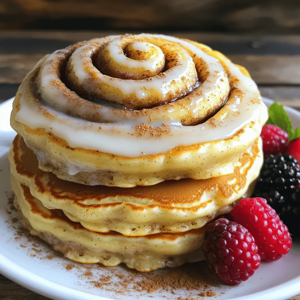 - 1 cup all-purpose flour - 2 tablespoons granulated sugar - 1 tablespoon baking powder - 1/2 teaspoon salt - 1 cup milk - 1 large egg - 2 tablespoons butter, melted - 1 tablespoon vanilla extract - 3 tablespoons brown sugar - 1 tablespoon ground cinnamon - 2 tablespoons unsalted butter, softened - 4 oz cream cheese, softened - 1 cup powdered sugar - 2 tablespoons milk - 1/2 teaspoon vanilla extract Gather these ingredients before starting. Each one plays a role in making the pancakes taste amazing. The all-purpose flour gives the pancakes their structure. Granulated sugar adds sweetness. Baking powder helps them rise, while salt balances the flavors. Milk makes the batter creamy while the egg binds everything. Butter adds richness, and vanilla gives a lovely aroma. For the cinnamon swirl, brown sugar and ground cinnamon create that classic cinnamon flavor. Softened butter holds it all together. Lastly, the cream cheese glaze is a must! Cream cheese, powdered sugar, milk, and vanilla create a delicious topping that makes these pancakes a real treat. You can find the full recipe to create this tasty breakfast dish. Enjoy making your Cinnamon Roll Pancakes! First, mix the dry ingredients. In a large bowl, combine 1 cup of all-purpose flour, 2 tablespoons of granulated sugar, 1 tablespoon of baking powder, and 1/2 teaspoon of salt. Next, combine the wet ingredients in another bowl. Whisk together 1 cup of milk, 1 large egg, 2 tablespoons of melted butter, and 1 tablespoon of vanilla extract. Pour the wet mix into the dry mix and whisk until just combined. It's okay if there are a few lumps in the batter. Now, let's create the cinnamon swirl. In a small bowl, mix 3 tablespoons of brown sugar, 1 tablespoon of ground cinnamon, and 2 tablespoons of softened unsalted butter. Stir until it forms a smooth paste. Transfer this mixture to a piping bag or a zip-top bag with a small corner snipped off. This will make it easy to drizzle. Preheat your skillet or griddle over medium heat. Lightly grease it with butter or cooking spray. Pour about 1/4 cup of pancake batter onto the skillet and let it spread out. Quickly drizzle the cinnamon swirl over the pancake in a spiral pattern. After 2-3 minutes, bubbles will form on the pancake surface. Carefully flip it over and cook for another 1-2 minutes. You want it to be golden brown. Remove from the skillet and keep it warm. Repeat the process with the rest of the batter and cinnamon swirl. For the glaze, beat together 4 ounces of softened cream cheese, 1 cup of powdered sugar, 2 tablespoons of milk, and 1/2 teaspoon of vanilla extract in a medium bowl. Keep mixing until you achieve a smooth consistency. Now, stack the pancakes, drizzle with the cream cheese glaze, and enjoy your delicious cinnamon roll pancakes! For the full recipe, check the earlier section. To make your pancakes fluffy, don’t overmix the batter. Mixing too much makes the pancakes tough. It’s okay if the batter has lumps; they will disappear as the pancakes cook. Also, use the right cooking temperature. Medium heat works best for golden pancakes. Too hot, and they may burn. Too low, and they won’t cook through. To create perfect cinnamon swirls, use a piping bag for the cinnamon mixture. This gives you control over the design. Squeeze gently to make nice spirals on each pancake. For even glaze distribution, drizzle the cream cheese glaze in a back-and-forth motion. Start from the center and work your way out. This method ensures every bite is sweet and creamy. For garnishes, sprinkle a bit of cinnamon or extra brown sugar on top. Add fresh berries or nuts for color and crunch. These toppings not only look great but also boost flavor. You can pair these pancakes with fresh fruit or a dollop of yogurt. This combo balances the sweetness and adds freshness to your meal. Enjoy your cinnamon roll pancakes with a hot cup of coffee for the perfect morning treat! {{image_2}} You can easily change up the flavors in cinnamon roll pancakes. One great idea is to add chocolate chips. Just sprinkle a handful into the batter before cooking. The melted chocolate adds a sweet surprise with each bite. Another option is to include nuts, like walnuts or pecans. Chop them up and mix them into the batter. This adds a nice crunch and a rich flavor. If you need gluten-free pancakes, just swap out the all-purpose flour. Use a gluten-free blend instead. Make sure it has xanthan gum for the right texture. For a vegan option, replace the egg with a flax egg. Mix one tablespoon of flaxseed meal with three tablespoons of water. Let it sit for a few minutes to thicken. Use a plant-based milk and vegan butter for the best results. You can enjoy these pancakes in different ways. Stack them high for a big breakfast treat. Drizzle the cream cheese glaze on top, and maybe add some berries. You can also make mini pancake bites. Pour less batter on the skillet, and cook smaller pancakes. These are fun for brunch parties or as a snack! For the full recipe, check out the instructions above. To keep your cinnamon roll pancakes fresh, you can store them in a few easy steps. First, let the pancakes cool completely. This helps avoid condensation, which can make them soggy. - Tips for refrigeration: Place the cooled pancakes in an airtight container. You can also wrap them tightly in plastic wrap. Store them in the fridge for up to three days. If you want to enjoy them longer, freezing is a great option. - Best practices for freezing: Stack the pancakes with parchment paper between each one. This prevents them from sticking together. Then, place the stack in a freezer-safe bag. You can freeze them for up to three months. Just remember to date the bags! When it's time to eat your leftover pancakes, reheating is simple. You can use either the oven or the microwave, depending on your preference. - Oven method vs. microwave: For the best texture, use the oven. Preheat to 350°F (175°C). Place the pancakes on a baking sheet and cover them with foil. Heat for about 10-15 minutes. This keeps them warm and fluffy. If you're in a hurry, the microwave works too. Place a pancake on a microwave-safe plate and cover it with a damp paper towel. Heat for 30 seconds to 1 minute, checking every 15 seconds. - How to maintain texture: To keep that fluffy feel, avoid overheating. If using the microwave, don’t heat too long, or they may dry out. Enjoy your pancakes just like you made them fresh! Use a tall stack for a nice look. Place each pancake on top of the other. Drizzle the glaze on the top pancake. You can add nuts or fresh berries for color. This makes the dish more inviting and fun. Yes, you can make the batter ahead of time. Store it in the fridge for up to 24 hours. Just remember to give it a good stir before using. The batter may thicken as it sits, so add a little milk if needed. To prevent sticking, preheat your skillet well. Use a non-stick spray or a little butter. Let the butter melt and coat the pan evenly. Cook on medium heat to avoid burning. Always check the pancakes before flipping. You can easily swap some ingredients in this recipe. Use whole wheat flour for a healthier option. Almond milk works well instead of regular milk. You can also use coconut oil instead of butter. These swaps keep the flavor while making it fit your diet. Making delicious pancakes is easy with the right ingredients and steps. We covered how to mix the batter, create a cinnamon swirl, and make the cream cheese glaze. Remember, don't overmix for fluffiness and control the heat for even cooking. Feel free to tweak flavors or try different dietary options. Store extra pancakes safely and reheat them without losing texture. Enjoy your breakfast or brunch any way you like. With these tips and tricks, you'll impress everyone with your pancakes!