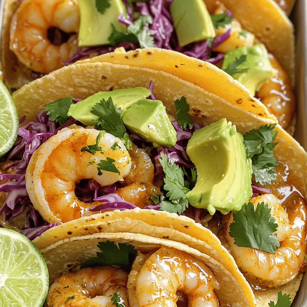 To make Garlic Butter Shrimp Tacos, gather these key ingredients: - 1 lb large shrimp, peeled and deveined - 4 tablespoons unsalted butter - 4 cloves garlic, minced - 1 teaspoon smoked paprika - 1/2 teaspoon cayenne pepper (optional for heat) - Salt and pepper to taste - Juice of 1 lime - 8 small corn tortillas - 1 cup shredded red cabbage - 1 avocado, sliced - Fresh cilantro leaves for garnish - Lime wedges for serving These ingredients create a delicious base. The shrimp is the star, and the butter adds richness. Garlic gives this dish its signature flavor. You can enhance your tacos with a few optional ingredients: - Diced tomatoes - Jalapeños for spice - Sour cream or Greek yogurt - Extra lime juice for tang These additions can bring new flavors and textures. Experiment to find your perfect mix! If you have dietary needs, consider these options: - Use olive oil instead of butter for a dairy-free option. - Swap shrimp with tofu or black beans for a plant-based meal. - Choose gluten-free tortillas if you need a gluten-free option. These substitutions keep the meal delicious while meeting dietary needs. Enjoy your cooking adventure! For the complete recipe, check out the Full Recipe section. To start, melt the butter in a large skillet over medium heat. This step is vital; the butter adds rich flavor. Next, add minced garlic to the skillet. Sauté it for about one minute. You want the garlic to be fragrant but not browned. Stir in smoked paprika, cayenne pepper, salt, and pepper. This mix brings warmth and depth to the shrimp. Now, add the shrimp to the skillet. Toss them well to coat in the garlic butter mixture. Cook the shrimp for 3-4 minutes. They should turn pink and opaque. Stir occasionally to ensure even cooking. When done, squeeze lime juice over the shrimp. Toss them again for extra flavor. Then, remove the skillet from heat. While the shrimp cook, warm your corn tortillas. Use a separate dry skillet over medium heat. Heat each tortilla for about 30 seconds on each side. This softens them and adds a nice texture. Don't rush this step; warm tortillas hold everything together. If you prefer, you can wrap them in foil to keep warm. Now, it's time to assemble your tacos! Start by placing a handful of shredded cabbage on each tortilla. This adds crunch and freshness. Next, top the cabbage with your garlic butter shrimp. Make sure each taco gets plenty of shrimp. Add slices of avocado for creaminess. Finally, garnish with fresh cilantro leaves. This brightens the dish and adds a pop of color. Serve your tacos with lime wedges on the side. They’re perfect for squeezing over the top. Enjoy your flavorful Garlic Butter Shrimp Tacos! For a complete guide, check out the Full Recipe. When picking shrimp, look for large, fresh ones. They should be pink and firm. Avoid shrimp with a strong fishy smell. Ask your fishmonger for wild-caught shrimp if you can. They taste better and are better for the ocean. Frozen shrimp can work too. Just thaw them in cold water before cooking. You can add more spices to boost flavor. Try cumin for warmth or chili powder for heat. A pinch of oregano adds a nice touch. Fresh herbs like parsley or dill can also brighten the dish. Experiment with flavors to find what you love! One mistake is overcooking the shrimp. Cook them just until they turn pink. If you leave them too long, they get tough. Another error is not warming the tortillas. Warm tortillas enhance the taste and make them easier to fold. Lastly, don’t skip the lime juice. It gives a fresh, zesty finish that ties everything together. Enjoy making your tacos! For the full recipe, check the Full Recipe section. {{image_2}} Want a kick? Add more heat to your shrimp tacos. Use extra cayenne pepper. You can also try a dash of hot sauce. This will give your dish a spicy twist. The garlic butter still shines through, making each bite tasty. You can adjust the heat to suit your taste. Try it and see how much spice you love! If you want a plant-based option, skip the shrimp. Try using mushrooms or tofu instead. Both options soak up flavors well. Use the same garlic butter sauce to cook them. You can also add black beans for protein. This makes a filling and healthy meal. Everyone can enjoy these tacos, no matter their diet! Tortillas are key to great tacos. Corn tortillas are classic and add a nice crunch. You can also use flour tortillas for a softer bite. If you like a bit of flavor, try flavored tortillas. Spinach or tomato tortillas can add color and taste. Warm them up just right for the best experience. Try different tortillas to find your favorite! For the full recipe, check out the details provided above. After enjoying your garlic butter shrimp tacos, store leftovers in an airtight container. This keeps them fresh and tasty. Place the shrimp and toppings separately. The tortillas can get soggy if stored together. Store shrimp and toppings in the fridge for up to three days. Always let them cool down before sealing the container. To reheat leftover tacos, use a dry skillet over medium heat. Warm the tortillas for about 30 seconds on each side. For the shrimp, heat them in the skillet for just a few minutes. This helps keep them juicy. Add a splash of lime juice while reheating to boost flavor. Avoid the microwave, as it can make the shrimp rubbery. You can freeze garlic butter shrimp if you want to save it for later. Place the cooled shrimp in a freezer-safe bag. Remove as much air as possible to avoid freezer burn. You can freeze the shrimp for up to two months. However, do not freeze the tortillas or toppings, as they do not keep well. When ready to eat, thaw the shrimp in the fridge overnight and reheat as mentioned above. For more details, check the Full Recipe. You can serve many sides with Garlic Butter Shrimp Tacos. I love to pair them with: - Mexican rice for a filling option - Black beans for protein and fiber - Fresh salsa for a zesty kick - Grilled corn for a sweet crunch - A simple green salad for freshness These sides add color and flavor to your meal. They also make it more fun on the plate! The shrimp are cooked when they turn pink and opaque. This takes about 3-4 minutes in the pan. You can also check if they curl into a C-shape. If they curl tightly, they are done. Undercooked shrimp are grey and look slimy. Always make sure to check for doneness to stay safe. You can prepare some parts ahead of time! Cook the shrimp and store them in the fridge for up to 2 days. Just warm them up when you are ready to eat. You can also prep the toppings like cabbage and avocado. However, I recommend making the tortillas fresh. This keeps them soft and warm. For the full recipe, check back to see how easy it is! This dish is a crowd-pleaser. The garlic butter shrimp brings bold flavors. You can prepare this meal in just 20 minutes. Trust me, it’s simple! Let’s dive into the ingredients you will need: - 1 lb large shrimp, peeled and deveined - 4 tablespoons unsalted butter - 4 cloves garlic, minced - 1 teaspoon smoked paprika - 1/2 teaspoon cayenne pepper (optional for heat) - Salt and pepper to taste - Juice of 1 lime - 8 small corn tortillas - 1 cup shredded red cabbage - 1 avocado, sliced - Fresh cilantro leaves for garnish - Lime wedges for serving These ingredients create a tasty taco. The shrimp is the star, and the garlic butter makes it shine. The smoked paprika adds a nice depth. If you like heat, add cayenne pepper. Don't forget the lime juice for zing! To make these tacos, follow this quick guide. Melt butter in a skillet. Toss in minced garlic until it smells great. Add the shrimp and spices, cooking until they turn pink. This takes about 3-4 minutes. Squeeze lime juice over the shrimp when done. Warm the corn tortillas in another skillet. Place shredded cabbage on each tortilla. Top with shrimp and avocado slices. Add cilantro for a fresh touch. Serve with lime wedges for a burst of flavor. This full recipe makes 4 servings. You will enjoy every bite! To sum up, we explored the world of Garlic Butter Shrimp Tacos. You learned key ingredients, cooking steps, and tips for flavor. We also discussed tasty variations and how to store your leftovers. These tacos can impress anyone at your next meal. Don’t hesitate to try new spices or switch up the tortillas. Remember, cooking is about having fun and making something delicious. Enjoy every bite!