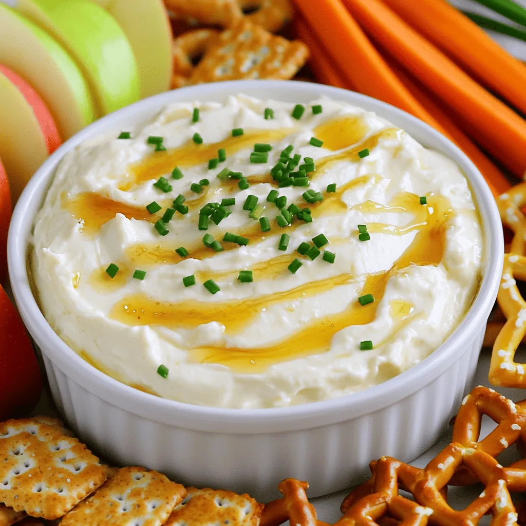To make this hot honey cream cheese dip, you need: - 8 oz (225 g) cream cheese, softened - 1/2 cup sour cream - 1/4 cup honey - 2 tablespoons hot honey (store-bought or homemade) - 1 tablespoon lemon juice - 1 teaspoon garlic powder - 1/2 teaspoon smoked paprika - Salt and black pepper to taste For a touch of freshness, consider these garnishes: - Fresh chives, finely chopped - Parsley, finely chopped This dip pairs well with a variety of dippers, such as: - Pretzels - Crackers - Apple slices - Carrot sticks Feel free to mix and match your dippers for a fun tasting experience! Pairing sweet and spicy flavors with crunchy textures makes each bite a treat. For the full recipe, check the earlier sections. First, gather your ingredients. You need 8 oz of cream cheese, 1/2 cup of sour cream, and 1/4 cup of honey. Also, get 2 tablespoons of hot honey, 1 tablespoon of lemon juice, and 1 teaspoon of garlic powder. Don’t forget 1/2 teaspoon of smoked paprika, salt, and pepper to taste. For garnish, chop some fresh chives or parsley. 1. In a medium bowl, combine the softened cream cheese and sour cream. 2. Use a hand mixer to beat until the mixture is smooth and creamy. Next, pour in the honey and hot honey. Add the lemon juice, garlic powder, and smoked paprika. Mix on low speed until everything blends well. This will take just a minute or two. After mixing, taste your dip. If you want it sweeter, add more honey. For a spicier kick, add a bit more hot honey. Season with salt and black pepper to your liking. Now, transfer your dip to a serving bowl. Smooth the top with a spatula for a nice finish. Garnish with the chopped chives or parsley for a pop of color. Serve your hot honey cream cheese dip with assorted dippers. Pretzels, crackers, apple slices, and carrot sticks work great. Arrange them around the dip for a beautiful platter. For the full recipe, check the section above. Enjoy this tasty snack at your next gathering! To get the best dip, start with softened cream cheese. This key step helps the dip mix well. Use a hand mixer for a smooth blend. Blend until there are no lumps. If it feels too thick, add a splash of sour cream. This adds creaminess and flavor. For a lighter dip, fold in the sour cream gently. This keeps the texture fluffy. To boost flavor, think outside the box. Add fresh herbs like chives or parsley for a fresh taste. A splash of lemon juice brings brightness. If you love garlic, try adding more garlic powder. For extra heat, increase the hot honey. You can also mix in some crushed red pepper flakes. Each tweak adds unique flavors to your dip. One common mistake is not mixing well. Make sure all ingredients are fully blended. Another mistake is skipping the seasoning. Always taste your dip before serving. Adjust the salt and pepper to your liking. Lastly, don’t forget to garnish! A sprinkle of herbs makes your dip look great. With these tips, your hot honey cream cheese dip will shine at any gathering. For complete steps, check the Full Recipe. {{image_2}} To make a spicy version of this dip, add more hot honey. You can also mix in chopped jalapeños or a dash of cayenne pepper. This gives the dip a nice kick. Adjust the heat based on your taste. Pair this spicy dip with crunchy veggies or tortilla chips for a fun snack. If you want a vegan dip, swap cream cheese for a plant-based version. Use coconut cream or cashew cream for creaminess. Replace sour cream with vegan yogurt. Sweeten with agave syrup instead of honey. This vegan twist keeps all the flavor while being plant-friendly. You can infuse different flavors to keep the dip exciting. Try adding fresh herbs like basil or cilantro for a fresh taste. A splash of balsamic vinegar can give a tangy twist. You can even mix in roasted garlic or caramelized onions for depth. Each variation adds a new layer of flavor. For the full recipe, check out the detailed steps. To store leftovers, place the dip in an airtight container. Make sure the lid seals tightly. This helps keep the dip fresh and tasty. When storing, try to avoid mixing in the dippers. Keep them separate to prevent sogginess. You can store the dip in the fridge for up to three days. You can freeze this dip if you have a lot left. Use a freezer-safe container to hold the dip. Leave some space at the top, as the dip will expand when frozen. Label the container with the date. You can freeze it for up to three months. When ready to eat, thaw it in the fridge overnight. The dip tastes best when fresh. However, if stored well, it lasts a while. In the fridge, it stays good for three days. If frozen, use it within three months for the best flavor. After thawing, consume the dip within two days. Always check for any off smells or changes in texture before eating. Enjoy your Hot Honey Cream Cheese Dip as it should taste fresh and vibrant! For the full recipe, check out the details above. Yes, you can make this dip ahead of time. Prepare it a day before your event. Store it in an airtight container in the fridge. This allows the flavors to blend well. Just give it a stir before serving. If you don’t have hot honey, try regular honey with some chili flakes. You can also mix honey with sriracha for a kick. Adjust the heat to your liking. Maple syrup can work too, but it won’t be spicy. The spice level depends on the amount of hot honey used. If you prefer less heat, reduce the hot honey. The cream cheese and sour cream balance the heat well. It’s a sweet and spicy blend that many enjoy. Absolutely! You can mix in some fresh herbs, like thyme or dill. Adding roasted garlic gives it a richer taste. You might try a dash of hot sauce for extra heat. Each change can give a new flavor twist. For dippers, pretzels, crackers, and veggie sticks work best. Apple slices add a sweet crunch that contrasts nicely. You can also use pita chips or toasted bread. Choose what you love, and enjoy the dip! The dip lasts about 3 to 5 days in the fridge. Keep it in a sealed container to maintain freshness. Always check for any off smells before serving. If it smells fine, it should be safe to eat. Yes, this dip is perfect for parties! It's easy to make and share. Guests love the creamy texture and sweet heat. You can set it out with various dippers for a fun snack. It’s a hit for any gathering! Yes, you can use low-fat cream cheese. It will change the taste slightly but works well. The dip will still be creamy and delicious. Just ensure it’s softened for easy mixing. In this post, we covered key ingredients, step-by-step instructions, and helpful tips. You learned about variations, storage info, and answered common questions. Using these tips will help you create a tasty dip suited to your taste. Remember to try different flavors and options to make it your own. Enjoy your cooking and sharing!