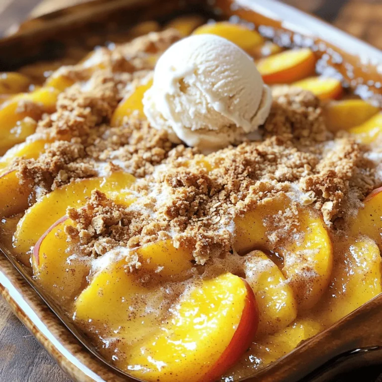 For the filling, you need fresh and ripe peaches. I recommend using about 4 cups. Peel and slice them into thin pieces. The peaches should be sweet and juicy. You also need 1 tablespoon of lemon juice to brighten the flavors. For sweetness, add 1/2 cup of granulated sugar. This will help create a syrupy mix. To thicken it, use 1 tablespoon of cornstarch. Finally, sprinkle in 1 teaspoon of ground cinnamon for warmth. The topping is what makes this peach crisp special. You will need 1 cup of rolled oats for a hearty crunch. Mix it with 1/2 cup of all-purpose flour to bind the topping. For sweetness, add 1/2 cup of packed brown sugar. A pinch of 1/4 teaspoon salt will enhance all the flavors. To make it rich, pour in 1/2 cup of melted unsalted butter. Lastly, add 1/2 teaspoon of vanilla extract for a lovely aroma. You can easily customize this recipe. If you want a gluten-free option, use gluten-free oats and flour. For a touch of spice, try adding nutmeg or ginger. You can also swap peaches for other fruits like apples or berries. If you need less sugar, reduce the granulated sugar. You can also use honey or maple syrup instead. Each change makes the dish your own. This recipe is flexible and forgiving, so feel free to experiment. For the complete details, refer to the Full Recipe. Start with four cups of fresh peaches. Peel and slice them into thin pieces. I love using ripe peaches for the best flavor. In a large bowl, mix the sliced peaches with one tablespoon of lemon juice. This adds brightness to the dish. Next, add half a cup of granulated sugar, one tablespoon of cornstarch, and one teaspoon of ground cinnamon. Toss everything together until the peaches are well coated. This step is key for a tasty filling. In another bowl, combine one cup of rolled oats, half a cup of all-purpose flour, and half a cup of packed brown sugar. Add a quarter teaspoon of salt to balance the sweetness. Now, drizzle half a cup of melted unsalted butter and half a teaspoon of vanilla extract over the dry mix. Stir until the mixture is crumbly. This topping gives a nice crunch to the dessert. Preheat your oven to 350°F (175°C). Transfer the peach mixture into a greased 9x13-inch baking dish. Spread it out evenly. Now, sprinkle the oat topping over the peaches, covering them mostly. Bake for 30 to 35 minutes. The topping should be golden brown, and the peaches should be bubbly. Once done, remove it from the oven and let it cool for a few minutes before serving. This dessert is best warm and can be enjoyed with a scoop of vanilla ice cream. You can find the Full Recipe for more details. Select peaches that smell sweet and feel slightly soft. Look for a golden color, which shows ripeness. If they are hard, let them sit at room temperature for a day or two. Once ripe, use them right away for the best flavor. For the perfect topping, mix oats, flour, and sugars well. You want a crumbly texture that holds together but still breaks apart easily. Adding melted butter is key; it helps create a golden crust. If you like extra crunch, consider adding nuts or coconut to the mixture. Serve your peach crisp warm right from the oven. A scoop of vanilla ice cream on top is a classic choice. For extra flavor, sprinkle cinnamon over the ice cream. You can also add a drizzle of caramel sauce for a delightful twist. Enjoy the warm peach filling with your favorite toppings! {{image_2}} You can take your peach crisp to the next level with spices. A dash of nutmeg gives it warmth. Ginger adds a nice zing. You might also try cardamom for a unique twist. Just remember, less is more. Start with a small amount. You can always add more if you like. A splash of almond extract can also boost flavor. It pairs well with peaches. Peaches are great, but mix and match other fruits too. Try adding blueberries or raspberries for a burst of color. Cherries work well with peaches, bringing a sweet-tart balance. Pineapple adds a tropical touch that’s fun. You can use any fruit you love. Just keep the total to about four cups. This keeps the texture and flavor just right. You can make peach crisp gluten-free easily. Swap all-purpose flour for almond or oat flour. Use gluten-free oats if needed. For vegan options, replace butter with coconut oil or vegan butter. You can also use maple syrup instead of sugar for sweetness. These swaps keep the dessert delicious and satisfying. Enjoy your peach crisp knowing it fits your diet! For the full recipe, check out the Classic Peach Crisp Delightful and Easy Dessert Recipe. After you enjoy your peach crisp, let it cool completely. Cover it with plastic wrap or aluminum foil. Store it in the fridge for up to three days. This keeps the crisp fresh and tasty. If you have leftovers, you can freeze them. Cut the peach crisp into pieces. Place them in an airtight container or freezer bag. Make sure to remove as much air as possible. You can freeze it for up to three months. Just remember to label the bag with the date. To reheat your peach crisp, preheat your oven to 350°F (175°C). Place the crisp in an oven-safe dish. Cover it with foil to keep it moist. Bake for about 15 to 20 minutes. You want it to be warm and the topping crispy again. You can also reheat individual servings in the microwave for about 30 seconds. Enjoy your peach crisp again! For the full recipe, check out the ingredients and steps above. Yes, you can use frozen peaches. Just thaw them first. Drain any extra juice. This helps avoid a soggy crisp. Frozen peaches work well, but fresh ones taste best. Use fresh peaches when they are in season for a sweeter flavor. You will know it is done when the top is golden brown. The peaches should bubble around the edges. If you see this, it is ready to take out. The crisp usually takes about 30-35 minutes to bake. Let it cool for a few minutes before serving. Peach crisp pairs well with vanilla ice cream. You can also serve it with whipped cream. A drizzle of caramel sauce adds a nice touch. For a fun twist, try a scoop of yogurt. Each adds a creamy contrast to the warm, sweet crisp. For the full recipe, check the earlier section. This blog post covered how to make a delicious peach crisp. We looked at key ingredients like fresh peaches and topping options. I shared step-by-step instructions to guide your baking. We explored tips for choosing ripe peaches and perfecting your crisp topping. I also offered variations, including gluten-free options. Lastly, we discussed storage and reheating tips to keep your dessert fresh. Enjoy your baking journey. A warm peach crisp is worth every bite!