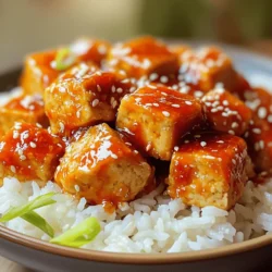 - 14 oz firm tofu, pressed and cubed - 3 tablespoons honey - 2 tablespoons Sriracha sauce - 1 tablespoon soy sauce - 1 tablespoon rice vinegar - 1 tablespoon sesame oil - 1 teaspoon garlic powder - 1 teaspoon ginger powder - 2 green onions, sliced (for garnish) - Sesame seeds (for garnish) - Cooked rice or quinoa (for serving) In this dish, the firm tofu provides a great base. Pressing the tofu helps remove moisture. This makes it crisp up nicely. Honey adds sweetness, while Sriracha brings heat. Together, they create a perfect blend of flavors. For the sauce, combine soy sauce, rice vinegar, and sesame oil. The soy sauce adds saltiness. Rice vinegar gives a tangy kick, and sesame oil adds depth. Garlic powder and ginger powder enhance the taste. They make the dish more aromatic. When serving, I love to add green onions for freshness. Sesame seeds give a nice crunch. Pairing this tofu with cooked rice or quinoa makes it a complete meal. You can find the Full Recipe above. - Press and cube the tofu. - Cut the tofu into small cubes. - Use a clean kitchen towel to press out excess water. - In a small bowl, whisk together the sauce ingredients: - 3 tablespoons honey - 2 tablespoons Sriracha sauce - 1 tablespoon soy sauce - 1 tablespoon rice vinegar - 1 tablespoon sesame oil - 1 teaspoon garlic powder - 1 teaspoon ginger powder - Mix until smooth and set aside. - Heat a non-stick skillet over medium heat. - If you like, add a drizzle of sesame oil. - Once the skillet is hot, add the cubed tofu. - Cook the tofu for about 5-7 minutes. - Turn the cubes occasionally until they are golden brown on all sides. - Pour the honey Sriracha sauce over the tofu in the skillet. - Toss gently to coat the tofu well. - Continue cooking for another 2-3 minutes. - This allows the sauce to thicken slightly. - Remove the skillet from heat and let the tofu cool a bit. - Serve the honey Sriracha tofu over cooked rice or quinoa. - Garnish with sliced green onions and sesame seeds. - For a complete meal, add some steamed veggies on the side. Tofu can be tricky, but I have tips for you. Start by pressing the tofu. Wrap it in a clean towel and place a heavy object on top. Leave it for at least 15 minutes. This step removes extra water and helps the tofu become crisp when cooked. When cooking, use a medium heat. A hot skillet is key. If it’s too hot, the tofu may burn. If it’s too low, it won’t get crispy. Aim for a nice golden brown on each side. Finding the right balance is vital. Sriracha packs heat, so adjust it based on your taste. If you want less spice, reduce the Sriracha. Start with one tablespoon and taste as you go. If you want to try different sweeteners, use maple syrup or agave. These options add a unique twist. They also blend well with the other flavors. To make your dish pop, add aromatics. Garlic and ginger are great choices. You can add fresh garlic or use garlic powder. Both will enhance the dish’s flavor. Using fresh herbs, like cilantro or basil, adds brightness. Chop them and sprinkle on top right before serving. This step adds a fresh taste and makes your dish look pretty. For the full recipe, check out the details above. Enjoy cooking! {{image_2}} You can change the sauce for new flavors. Spicy Garlic Sauce adds a kick. Mix garlic, soy sauce, and a touch of chili. This sauce gives a bold taste that works well with tofu. Teriyaki Variation brings sweetness and depth. Swap honey for brown sugar and add mirin. This gives a nice twist to your dish. Not in the mood for tofu? Try other options! Crispy Chickpeas are a great swap. They add crunch and protein. Simply roast them with the sauce for tasty bites. Cauliflower Steaks are another fun choice. Slice cauliflower thick, roast until golden, and coat with sauce. This adds a hearty veggie option. How you serve can change the vibe of the meal. Tofu Bowls are perfect for a cozy dinner. Layer cooked rice or quinoa, tofu, and fresh veggies. Drizzle the sauce on top for extra flavor. Lettuce Wraps offer a fun, light option. Use large lettuce leaves, fill them with tofu, and add veggies. This makes a fresh, crunchy bite. For the complete dish, check out the Full Recipe. To store leftovers, let the honey Sriracha tofu cool down first. Place it in an airtight container. This helps keep the flavors fresh. You can store it in the fridge for up to three days. I prefer glass containers since they don’t stain and are easy to clean. When reheating, you have two great options: the microwave or the oven. The microwave is quick but can make tofu a bit soft. If you want the tofu crispy again, use the oven. Preheat it to 350°F (175°C) and spread the tofu on a baking sheet. Heat for about 10-15 minutes, flipping halfway through. This method keeps the texture nice. You can freeze cooked tofu, but it may change texture. Cut the tofu into portions and place them in a freezer-safe bag. Remove as much air as you can. When you’re ready to eat, thaw it in the fridge overnight. This slow thawing helps keep the flavors and moisture. To make Honey Sriracha Tofu vegan, you can replace honey with maple syrup or agave nectar. Both options add sweetness without any animal products. Choose the one you like best for a similar taste. Maple syrup gives a rich flavor while agave is lighter. This change keeps the dish sweet and delicious. Yes, you can use different types of tofu. Firm tofu works best for this recipe. It holds its shape and crisps up nicely. Soft tofu, however, is more delicate. It may break apart during cooking. If you prefer, you could use extra-firm tofu for an even crunchier bite. Honey Sriracha Tofu pairs well with several side dishes. Cooked rice or quinoa makes a great base. Add steamed broccoli or sautéed bok choy for color and nutrients. You can also serve this dish with a simple salad. The fresh greens balance out the spicy flavors. For the full recipe, check out the details above. In this article, we explored how to make Honey Sriracha Tofu. We covered the main ingredients like firm tofu, honey, and sriracha sauce. You learned step-by-step instructions on preparing, cooking, and serving the dish. Tips included achieving the perfect tofu texture and balancing sweet and spicy flavors. We also discussed variations and storage info to keep your meal fresh. Enjoy creating this dish. With a few tweaks, you can make it your own! Keep experimenting in the kitchen to find flavors you love.