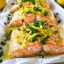 To make delicious oven-baked lemon salmon, you need fresh and simple ingredients. Here’s what you will need: - 2 salmon fillets (about 6 oz each) - 2 tablespoons olive oil - 1 lemon (zested and juiced) - 3 cloves garlic, minced - 1 teaspoon dried oregano - 1 teaspoon dried thyme - Salt and pepper to taste - Fresh parsley, chopped (for garnish) These ingredients work together to create a bright and zesty dish. The salmon is rich in omega-3 fatty acids, making it both tasty and healthy. You don’t need much to cook this dish. Here are the tools I recommend: - A baking sheet - Parchment paper - A small bowl for mixing - A whisk or fork - A sharp knife for mincing garlic Using these items makes the cooking process easy and fun. Plus, the parchment paper helps with cleanup. This oven-baked lemon salmon recipe serves two. Here is a quick look at the nutrition: - Calories: Approximately 350 per serving - Protein: 34 grams - Fat: 20 grams - Carbohydrates: 2 grams This dish is packed with protein and healthy fats. It’s a great choice for a balanced meal. For the full recipe, check out the instructions above. Start by rinsing the salmon fillets under cool water. Pat them dry with paper towels. This step helps the marinade stick better. Place the fillets skin-side down on a lined baking sheet. This makes cleanup a breeze and keeps the skin crisp. In a small bowl, combine 2 tablespoons of olive oil, the zest and juice of one lemon, 3 minced garlic cloves, 1 teaspoon each of dried oregano and thyme, and salt and pepper. Whisk everything together until it blends well. This marinade brings a fresh and zesty flavor to the salmon. Preheat your oven to 400°F (200°C). Once it’s hot, brush the lemon-garlic mixture over the salmon fillets. Make sure each piece is well coated. Bake the salmon for about 12 to 15 minutes. It’s ready when it flakes easily with a fork and is opaque in the center. After baking, let it rest for a minute. Finish by garnishing with chopped fresh parsley. Enjoy your Oven-Baked Lemon Salmon! For the full recipe, check out the detailed instructions above. When picking salmon, look for bright, firm fillets. Fresh salmon has a shiny look. The color can vary from pink to deep red. Wild-caught salmon often tastes better than farmed. Ask your fishmonger for recommendations. If you prefer sustainability, check for eco-friendly certifications. To achieve that perfect flakiness, do not overcook the salmon. Bake it until it is just opaque. Usually, this takes about 12-15 minutes at 400°F. You can test it by gently poking it with a fork. If it flakes easily, it is ready. Let it rest a minute after baking. This helps keep it moist. While the lemon and garlic mix is great, you can add more flavor. Try fresh herbs like dill or basil for a twist. A sprinkle of red pepper flakes gives it a nice kick. You can also add thin slices of lemon on top for extra zest. For a touch of sweetness, consider a drizzle of honey. Check out the Full Recipe for more ideas on flavor combinations. {{image_2}} You can add fresh herbs to make your lemon salmon even more tasty. Try using dill, basil, or cilantro. Just chop them finely and mix them into your lemon-garlic marinade. The fresh herbs will give your salmon a bright and zesty flavor that dances on your tongue. You’ll love how this twist enhances each bite. Want to make it a full meal? Add vegetables right on the baking sheet! Think asparagus, zucchini, or bell peppers. Cut them into bite-sized pieces and toss them with olive oil and seasoning. Place them around the salmon on the same pan. This way, you get a colorful dish with a mix of flavors. Plus, clean-up is a breeze with just one pan to wash! Love a kick? Add some heat to your lemon salmon! Mix in red pepper flakes or sriracha to the marinade. These spicy additions will give your dish a bold flavor. Adjust the amount based on how spicy you want it. This twist is perfect for those who enjoy a little fire in their food. You can easily turn your simple lemon salmon into a spicy delight. After enjoying your oven-baked lemon salmon, store any leftovers in an airtight container. This keeps the flavors fresh and prevents the salmon from drying out. Place the container in the fridge. It will stay good for up to three days. For best taste, eat it within this time. When you want to reheat your salmon, do it gently. Preheat your oven to 350°F (175°C). Place the salmon on a baking sheet. Cover it with foil to keep it moist. Heat for about 10 minutes or until warm. This method helps keep the salmon flaky and tasty. You can also use a microwave, but be careful. Heat it in short bursts, checking often so it doesn’t dry out. If you can’t eat it all right away, freezing is a great option. Let the salmon cool completely first. Wrap each piece tightly in plastic wrap. Then, place them in a freezer-safe bag. Squeeze out as much air as you can. Label the bag with the date. Frozen salmon is best used within three months. When you’re ready to eat it, thaw it in the fridge overnight. After that, reheat as mentioned above for the best taste. You can find the full recipe for this dish above. You should bake salmon for 12 to 15 minutes at 400°F. The fish will be done when it flakes easily with a fork. Check the thickest part of the fillet. It should be opaque and no longer translucent. If you overbake, it can dry out, so keep an eye on it. Yes, you can use bottled lemon juice in a pinch. However, fresh lemon gives a brighter taste. The zest from fresh lemon adds a burst of flavor too. If you choose bottled juice, use about two tablespoons as a substitute. Yes, oven-baked salmon is very healthy. Salmon is rich in omega-3 fatty acids. These fats help your heart and brain. It is also high in protein and vitamins D and B12. Using olive oil and fresh herbs makes it even better for you. You can use wild-caught or farmed salmon. Wild-caught salmon has a richer flavor. It’s also more sustainable. Farmed salmon is often more affordable and widely available. Both types work well in this recipe. Absolutely! You can add asparagus, broccoli, or bell peppers. Just cut them into even pieces. Place them around the salmon on the baking sheet. They will roast perfectly alongside the fish. The best way to check is by using a fork. Gently pierce the thickest part of the fillet. If it flakes easily and is opaque, it’s done. You can also use a food thermometer. Aim for an internal temperature of 145°F. You can serve it with rice, quinoa, or a fresh salad. Roasted potatoes also pair well. For a light side, try steamed veggies or a simple cucumber salad. Yes, you can reheat leftover salmon. Use the oven at a low temperature to keep it juicy. Place it in a dish and cover it with foil. Heat for about 10 minutes, checking often. You can store leftover salmon in the fridge for about 3 days. Make sure to keep it in an airtight container. For longer storage, freeze it for up to 3 months. Feel free to check the Full Recipe for all the details! This blog post covered how to make oven-baked lemon salmon. We discussed key ingredients, tools, and the health benefits. I shared step-by-step instructions to prep the salmon and bake it just right. You learned tips for choosing salmon and ideas for tasty variations. Lastly, I provided storage info and answered common questions. Oven-baked lemon salmon is simple, healthy, and delicious. I hope you feel ready to try this dish yourself!