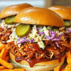 - 2 cans young green jackfruit in water or brine, drained and rinsed - 1 tablespoon olive oil - 1 medium onion, finely chopped - 3 cloves garlic, minced - 1 teaspoon smoked paprika - 1 teaspoon cumin - 1 teaspoon chili powder - 1 cup barbecue sauce (your favorite brand or homemade) - Salt and pepper to taste - 8 burger buns - Optional toppings: coleslaw, pickles, sliced jalapeños For these smoky BBQ pulled pork sandwiches, young green jackfruit serves as the star. This fruit has a great texture that mimics pulled pork. It absorbs flavors well, making it perfect for BBQ. You’ll also need olive oil, onion, garlic, and spices to create a rich taste. You can choose between store-bought or homemade BBQ sauce. Store-bought sauces save time and often come in many flavors. Look for a sauce that is sweet and tangy. If you want to make your own, combine ketchup, vinegar, and brown sugar. Add spices like smoked paprika and chili powder for depth. Pair the sauce with jackfruit for a balanced flavor that shines through. To scale for ten servings, simply adjust your ingredients. Use three cans of jackfruit instead of two. Increase the BBQ sauce to 1.5 cups. Keep the spices the same for a consistent taste. When cooking for more, it’s key to stir well to mix flavors evenly. This ensures every bite is just as enjoyable as the last. To start, you need to shred the jackfruit. You can use your hands or two forks. Just pull the pieces apart until they look like pulled pork. Discard any tough core parts. Next, heat olive oil in a large skillet on medium heat. Add finely chopped onion and cook it for about five minutes. The onion should become soft and clear. Then, stir in minced garlic and cook for one more minute. This will make your kitchen smell amazing! Add the shredded jackfruit to the skillet. Sprinkle in smoked paprika, cumin, and chili powder. Season with salt and pepper. Stir everything together and cook for ten minutes. This step helps the jackfruit pick up all those tasty flavors. Now it's time to add the BBQ sauce. Pour it over the jackfruit mixture, then stir well. Lower the heat and let it simmer for 20 to 25 minutes. This simmering helps the jackfruit soak up the yummy BBQ flavor. Stir occasionally to make sure it heats evenly. While that simmers, you can toast the burger buns. Use a skillet or grill to get them golden brown. This adds a nice crunch to your sandwich. Now, to put it all together, take the bottom half of each bun. Spoon a generous amount of the smoky BBQ jackfruit onto it. If you like, add coleslaw, pickles, or sliced jalapeños for extra flavor. Finally, place the top half of the bun on your creation. For a beautiful presentation, serve these sandwiches with sweet potato fries or a fresh garden salad. A sprinkle of fresh parsley on top makes it even more appealing. Enjoy every bite of your Smoky BBQ Pulled Jackfruit Sandwiches! You can find the Full Recipe above. For the best texture, I recommend the stovetop method. It gives you more control. Start by shredding the jackfruit well. This helps it absorb flavors. Cook it for about 10 minutes before adding sauce. This step ensures the jackfruit gets tender and flavorful. Always stir occasionally to prevent sticking. To boost the taste, use spices like smoked paprika and cumin. They add depth to the dish. You can also try liquid smoke for a stronger smoky flavor. If you want a kick, add chili powder or hot sauce. These options let you customize the flavor for your taste. Serve your pulled jackfruit on soft burger buns. They make it easy to hold and eat. Pair your sandwiches with sweet potato fries for a great combo. A fresh garden salad also works well. If you like heat, add sliced jalapeños to your sandwich. Adjust the spice level to match your taste. This way, everyone can enjoy their meal just how they like it. For more details, check the Full Recipe. {{image_2}} You can swap jackfruit for other plant-based options or meats. Pulled mushroom or pulled chicken work well. For a unique twist, try pulled lentils or tofu. Different regions have their own styles of pulled pork sandwiches. In the South, people often use a vinegar-based sauce. In Kansas City, the sauce is thick and sweet. Each style adds its own flair to this dish. BBQ sauce is key to flavor. You can choose from spicy, sweet, or tangy sauces. Try a spicy chipotle BBQ for a kick or a sweet honey BBQ for a milder taste. You can also add toppings for fun. Try sliced pineapple for sweetness or jalapeños for heat. Different types of slaw can change the texture. Creamy coleslaw adds richness, while vinegar-based slaw gives a bright contrast. If you need gluten-free options, look for alternative buns. Lettuce wraps or gluten-free burger buns work great. You should always check for cross-contamination. Make sure to use clean tools and surfaces if you have allergies. Staying safe in the kitchen is very important. This way, everyone can enjoy a delicious sandwich! For the full recipe, check out the Smoky BBQ Pulled Jackfruit Sandwiches . To keep pulled jackfruit fresh, store it and the buns separately. This prevents the buns from getting soggy. Place the jackfruit in an airtight container. Use a container that seals well to keep the flavors locked in. For the buns, wrap them in plastic wrap or foil. This helps them stay soft and tasty. You can freeze pulled jackfruit for up to three months. To do this, let it cool completely. Then, transfer it to a freezer-safe bag. Try to remove as much air as possible. When you want to eat it, thaw the jackfruit overnight in the fridge. This makes reheating much quicker and easier. To keep the texture of the jackfruit, heat it on the stovetop. This method helps it stay juicy. Avoid using a microwave if possible, as it can make the jackfruit rubbery. For the buns, lightly toast them again in a skillet. This will help avoid sogginess and give them a nice crunch. Enjoy your leftovers just as much as the first meal! You can use several options if you don't have jackfruit. Here are some substitutes: - Lentils: Cooked lentils can mimic the texture. - Mushrooms: Shredded mushrooms add a meaty feel. - Cauliflower: Finely chopped cauliflower can work well, too. When using these substitutes, adapt the recipe to match flavors. Adjust spices and seasonings based on your choice. Each option brings a unique taste, so feel free to experiment. The spice level of BBQ sauce varies. Most sauces are sweet with a hint of heat. If you want more spice, consider these tips: - Add cayenne pepper for a kick. - Use a spicy BBQ sauce if you love heat. - Mix in hot sauce for extra flavor. Taste your BBQ sauce before adding it to the jackfruit. Adjust spiciness to fit your needs. You can always add more heat, but it’s hard to take it out! Yes, you can prepare this recipe ahead of time. Here are some helpful tips: - Cook the jackfruit mixture a day before serving. Let it cool, then store it in the fridge. - When ready to serve, reheat it in a pot over low heat. This keeps the flavors intact. For best results, do not toast the buns ahead. Toast them just before serving. They will stay crispy and delicious this way. Smoky BBQ pulled pork sandwiches offer a great way to enjoy plant-based eating. We covered key ingredients, the steps to prep jackfruit, and how to make the perfect BBQ mix. Plus, we explored variations for different tastes and options for serving. By trying this recipe, you can create a meal that is both tasty and fun. Don't be afraid to experiment with flavors and find what you love most. Enjoy every bite!