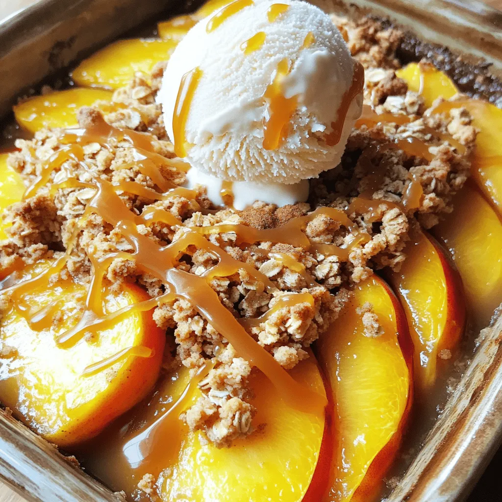 - 6 ripe peaches for optimal sweetness - 1 tablespoon lemon juice for brightness Using ripe peaches is key. They should feel soft but not mushy. The lemon juice adds a nice zing. It helps to brighten the flavors and keeps the peaches fresh. - 1 cup rolled oats for texture - 1/2 cup all-purpose flour for structure - 1/2 cup brown sugar for sweetness - 1/4 cup granulated sugar for balance - Spices: 1 teaspoon cinnamon, 1/2 teaspoon nutmeg, 1/4 teaspoon salt Rolled oats give a lovely crunch. The flour helps hold everything together. Brown sugar brings rich sweetness, while granulated sugar balances it out. Cinnamon and nutmeg add warmth to the dish. The salt enhances all the flavors. - 1/2 cup unsalted butter for richness - 1/2 cup chopped walnuts (optional) for crunch Melted butter makes the topping rich and helps it crisp up. If you like nuts, walnuts add a nice crunch and flavor. You can leave them out if you prefer a nut-free option. For the full recipe, check out [Full Recipe]. 1. Preheat your oven to 350°F (175°C). This is key for even baking. 2. In a large bowl, toss the sliced peaches with the lemon juice. The juice brightens the flavor and keeps the peaches fresh. 1. In another large bowl, combine the rolled oats, all-purpose flour, brown sugar, granulated sugar, cinnamon, nutmeg, and salt. Stir well to mix everything. 2. Pour the melted butter into the dry mixture. Stir until it becomes crumbly. If you like, add the chopped walnuts for extra crunch. 1. Grease a 9-inch square baking dish. Layer the sliced peaches evenly across the bottom. 2. Sprinkle the crisp topping generously over the peaches, covering them completely. 3. Bake in the preheated oven for 30-35 minutes. Look for a golden brown top and bubbly peaches. This simple process leads to a delightful peach crisp. Enjoy the warm aroma as it bakes! Check out the Full Recipe for more details. To make a great peach crisp, start with ripe peaches. Look for peaches that are soft to the touch and fragrant. These will give you the best flavor. If peaches are hard, they might not taste sweet. You can also let them ripen for a few days at room temperature. Next, adjust the sugar levels to match the sweetness of your peaches. If your peaches are very sweet, use less sugar. For peaches that are not as sweet, add a bit more sugar. This balance makes a big difference in taste. The best way to serve classic peach crisp is warm from the oven. A scoop of vanilla ice cream on top adds a creamy touch. If you want to be fancy, drizzle caramel sauce over it. This makes the dessert even richer and more delightful. You can also serve it with whipped cream. The fluffy cream balances the warm, sweet peaches. It’s a simple yet tasty way to enjoy your crisp. For an easy bake, you need a few essential kitchen tools. A sharp knife helps you slice the peaches quickly. A large mixing bowl is great for combining your ingredients. You'll also want a good measuring cup for accuracy. A high-quality baking dish is very important. It ensures even cooking and helps the crisp turn golden brown. A 9-inch square dish works perfectly for this recipe. Investing in good tools makes the cooking process smoother and more enjoyable. For the full recipe, check out the Peachy Paradise Crisp! {{image_2}} You can use different fruits in your crisp. Apples, strawberries, and blueberries make great choices. Each fruit adds its own taste. Mixing fruits can create unique flavors. For example, combine peaches with berries for a sweet-tart treat. This gives your crisp a fresh twist! You can make this recipe fit special diets. For a gluten-free option, use almond flour or oat flour instead of all-purpose flour. You can also make it vegan. Replace the butter with coconut oil or vegan butter. Use maple syrup or coconut sugar instead of regular sugar. These swaps keep the flavor while meeting your needs. Want to spice things up? Add ginger or cardamom for warmth. These spices enhance the sweetness of the peaches. You can also try adding extracts like vanilla or almond. A splash of vanilla can make your crisp even more fragrant and delicious. These little changes can make a big difference in taste. For the full recipe, check out Peachy Paradise Crisp. To keep your peach crisp fresh, store it in an airtight container. This will help prevent it from drying out. You can keep it at room temperature for up to two days. If you want to store it longer, place it in the fridge. The crisp will last in the fridge for about five days. When reheating your peach crisp, you want to restore its crispiness. Preheat your oven to 350°F (175°C). Place the crisp in an oven-safe dish. Cover it loosely with foil to prevent burning. Heat for about 10-15 minutes. This will help keep the topping crunchy. Avoid using the microwave, as it can make the crisp soggy. You can freeze peach crisp before or after baking. To freeze before baking, assemble the crisp but do not bake it. Wrap it tightly in plastic wrap and then foil. It can stay in the freezer for up to three months. If you freeze it after baking, let it cool first. Then, store it in a similar way. When you are ready to bake a frozen crisp, thaw it in the fridge overnight. For reheating, place it in a preheated oven at 350°F (175°C) for about 30 minutes. This will ensure it warms through evenly. Enjoy your peach crisp straight from the oven! [Full Recipe] What to do if peaches are not ripe? If your peaches are not ripe, you can still use them. Place them in a paper bag at room temperature. This will help them ripen faster. Check them daily, and once they feel soft, they are ready to use. You can also cook them a bit longer in the oven to soften them up. Can I use frozen peaches for this recipe? Yes, you can use frozen peaches! Just thaw them first and drain any excess liquid. This helps to keep your crisp from becoming too soggy. Frozen peaches can be just as tasty as fresh ones, especially when they are in season. What is the best way to peel peaches? The best way to peel peaches is to blanch them. Boil water and drop the peaches in for about 30 seconds. Then, move them to an ice bath. The skins will slip off easily. This method saves time and keeps the fruit intact for your crisp. Can I substitute brown sugar with other sugars? You can substitute brown sugar with granulated sugar or coconut sugar. However, brown sugar gives a deeper flavor. If you want the same taste, mix granulated sugar with a bit of molasses. This will mimic the rich taste of brown sugar. Is this dessert healthy? Peach crisp can be a healthier dessert option. Peaches are high in vitamins and fiber. The oats add whole grains, too. To make it even better, serve it with yogurt instead of ice cream. This adds protein and cuts down on added sugars. How can I reduce the sugar content without compromising taste? You can reduce the sugar by using less granulated and brown sugar. Try using mashed bananas or unsweetened applesauce instead. These will add sweetness without adding too much sugar. Adjust the spices to enhance the flavor without the extra sugar. In this blog post, we explored how to make a delicious peach crisp. We discussed the right fresh and dry ingredients, preparation steps, and baking tips. You learned how to achieve the perfect crisp, serve it well, and even modify the recipe. Keep these ideas in mind: fresh peaches and the right tools make all the difference. Enjoy the process and feel free to experiment with flavors. Your kitchen will smell amazing, and you’ll create a treat everyone loves. Happy baking!