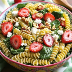 - 8 oz fusilli or bowtie pasta - 2 cups fresh spinach, roughly chopped - 1 cup strawberries, hulled and sliced - 1/2 cup feta cheese, crumbled - 1/4 cup walnuts, toasted and chopped - 2 tablespoons olive oil - 2 tablespoons balsamic vinegar - 1 tablespoon honey - Salt and pepper to taste Choosing fresh ingredients makes this salad shine. First, pick bright, green spinach. Look for leaves that are crisp and free from brown spots. Next, select strawberries that are red and firm. They should smell sweet. For the pasta, pick a shape you love, like fusilli or bowtie. When it comes to feta cheese, choose blocks over crumbles. Block cheese is fresher and has better flavor. For walnuts, find raw ones that you can toast yourself. Toasting brings out their nutty taste. Now, let’s talk about olive oil. Quality matters here. Look for extra virgin olive oil for your dressing. It has a rich, fruity taste that lifts the salad. Always check the label for freshness. A good olive oil can change your dish from good to great. Using high-quality ingredients sets the stage for this Strawberry Spinach Pasta Salad. Each bite should burst with flavor and freshness. For the full recipe, check the section above. First, you need to cook the pasta. Boil water in a large pot. Add a pinch of salt to the water. Once it boils, add 8 oz of fusilli or bowtie pasta. Cook according to the package instructions, which usually takes about 8 to 10 minutes. Stir the pasta to keep it from sticking. When it's done, drain it in a colander. Rinse the pasta under cold water. This cools it and stops the cooking. Set it aside to drain well. Next, prepare the salad. In a large bowl, combine your cooled pasta and 2 cups of roughly chopped fresh spinach. Add 1 cup of hulled and sliced strawberries. Then, sprinkle in 1/2 cup of crumbled feta cheese. Finally, toss in 1/4 cup of toasted and chopped walnuts. These ingredients create a colorful mix. Their flavors work well together. Now, let’s make the dressing. In a small bowl, whisk together 2 tablespoons of olive oil, 2 tablespoons of balsamic vinegar, and 1 tablespoon of honey. Add a pinch of salt and pepper to taste. Whisk until the mixture is smooth and well combined. Drizzle this dressing over your salad components. Toss gently to ensure everything is coated. Let the salad sit for about 10 minutes. This helps the flavors meld. Before serving, give it one last gentle toss. For the full recipe, check out the complete instructions. To cook pasta perfectly, use a large pot with lots of water. Bring the water to a full boil before adding salt. Use about one tablespoon of salt for every four quarts of water. Add the pasta and stir right away. This helps keep it from sticking. Cook according to the package time. Taste a piece to check for doneness. You want it al dente, which means it should be firm but not hard. Once done, drain it well and rinse under cold water. This stops the cooking process. When you toss your salad, use a large bowl. This gives you plenty of space to mix. Start with the pasta at the bottom, then add spinach, strawberries, feta, and walnuts. Drizzle the dressing over the top. Use clean hands or salad tongs to gently mix. Be careful not to break the strawberries or feta. Toss just enough to coat everything, then let it rest. This helps the flavors blend together nicely. To boost flavor, consider adding a squeeze of fresh lemon juice. This adds brightness and balances the sweetness of the strawberries. You can also try adding fresh herbs like basil or mint for extra depth. If you like a little heat, sprinkle in some red pepper flakes. For a twist, swap balsamic vinegar for apple cider vinegar. Each option gives a new layer of taste to your salad. {{image_2}} You can make your Strawberry Spinach Pasta Salad more filling by adding protein. Some great options are grilled chicken, shrimp, or chickpeas. Just cook the protein you choose, then chop it into bite-sized pieces. Mix it in with the pasta and veggies for a hearty meal. Each protein adds its own flavor, so try different ones to see what you like best. While strawberries shine in this salad, you can switch them out for other fruits. Blueberries, raspberries, or sliced peaches work well too. Each fruit gives its own taste and color. Experiment with different combinations to create your favorite mix. You can even use dried fruits like cranberries for a chewy texture. The dressing plays a big role in this salad's flavor. If you want a change, try adding a splash of orange juice to the balsamic vinegar. You can also mix in some mustard for a nice kick. Another option is to use a creamy dressing, like yogurt-based ranch. Each dressing can change the whole vibe of the salad, making it fun to try new ones. For more ideas, check the Full Recipe. To store leftover Strawberry Spinach Pasta Salad, place it in an airtight container. This keeps the salad fresh and tasty. Make sure to cover it well to avoid air exposure. You can keep it in the fridge for up to three days. For the best freshness, store the salad without the dressing if you plan to keep it. Dress the salad only when you're ready to eat. This helps prevent soggy pasta and wilted spinach. If you want to add extra flavor, keep some fresh strawberries and feta cheese aside for later. Most of the time, you won’t need to reheat this salad. It tastes best cold. If you want to warm it up, do so gently in the microwave for a few seconds. Keep an eye on it so the pasta doesn’t get too hot. Enjoy the salad fresh for the best flavor! For the full recipe, check the section above. To make this salad vegan, swap the feta cheese. Use a plant-based cheese or skip it. You can also add extra nuts or seeds for a creamy texture. The dressing is already vegan, so you are all set! This way, you keep the fresh flavors while making it plant-based. Yes, you can prepare this salad in advance. Make the salad up to a day ahead. Keep the dressing separate and add it just before serving. This keeps the spinach fresh and crisp. If you mix it too early, the pasta may soak up the dressing. Serve this salad in a large, colorful bowl. Garnish with extra strawberry slices and a sprinkle of feta. This makes it look nice and inviting. Pair it with grilled chicken or fish for a complete meal. You can also enjoy it as a light lunch or picnic dish. Explore the full recipe for more tips! This article detailed how to create a delicious Strawberry Spinach Pasta Salad. We covered essential ingredients, tips for choosing fresh items, and the importance of quality olive oil. You learned step-by-step instructions for cooking and assembling the salad, along with variations to suit your taste. Storing tips and common questions were answered too. With this recipe, you can enjoy a tasty meal that is both healthy and versatile. Don’t hesitate to experiment and make it your own!