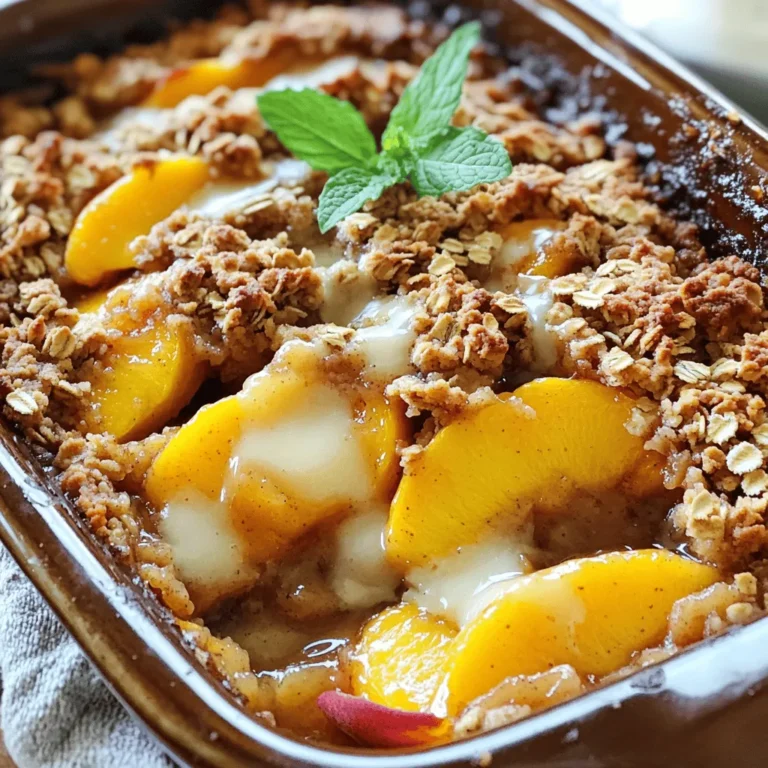 To make a tasty Peach Oat Crisp, you'll need these simple ingredients: - Ripe Peaches - Sweeteners and Flavorings - Topping Ingredients You need four ripe peaches. Make sure they are soft and fragrant. These peaches will be the star of your crisp. - 2 tablespoons lemon juice: This adds a nice zing to the peaches. - 1/2 cup brown sugar: This gives sweetness and a deep flavor. - 1 teaspoon vanilla extract: This enhances the overall taste. - 1 teaspoon cinnamon: A warm spice that pairs well with peaches. - 1 cup rolled oats: These add a chewy texture. - 1/2 cup all-purpose flour: This helps bind the topping. - 1/2 cup chopped nuts: Pecans or almonds work great for crunch. - 1/2 cup cold unsalted butter: This makes the topping rich and buttery. - 1/4 teaspoon salt: A pinch of salt balances the sweetness. These ingredients make the Peach Oat Crisp both easy and delicious. You can find the full recipe further in the article to guide you through the steps! Slicing and Seasoning Start with four ripe peaches. Peel and slice them into thin pieces. Place the slices in a large bowl. Add two tablespoons of lemon juice to keep them fresh. Mix in 1/4 cup of brown sugar, one teaspoon of vanilla extract, and one teaspoon of cinnamon. Toss everything gently. This mix brings out the peach flavor and adds sweetness. Preparing the Baking Dish Grease a 9x9 inch baking dish with butter. Spread the seasoned peach mixture evenly in the dish. Make sure the peaches cover the bottom well. Mixing Dry Ingredients In another bowl, combine one cup of rolled oats, half a cup of all-purpose flour, and half a cup of chopped nuts. You can use pecans or almonds here. Add the remaining 1/4 cup of brown sugar and 1/4 teaspoon of salt. Stir these ingredients together until they mix well. Incorporating Cold Butter Next, take half a cup of cold unsalted butter, cubed. Add the butter to the oat mixture. Using a pastry cutter or your fingers, mix until it looks like coarse crumbs. This makes the topping crunchy and delicious. Temperature and Timing Preheat your oven to 350°F (175°C). Sprinkle the oat topping evenly over the peach layer in the baking dish. Bake for 35-40 minutes. Keep an eye on it until the topping is golden brown and the peaches bubble. Tips for Achieving a Perfect Crisp Let the Peach Oat Crisp cool for a few minutes before serving. This helps the filling set up. Serve it warm, topped with a scoop of vanilla ice cream or whipped cream. For a nice touch, add a sprig of mint on top. Enjoy the sweet, fruity goodness! Signs of Ripeness To pick ripe peaches, look for a few signs. First, the skin should be a warm yellow or golden color. A slight blush is normal. Next, gently press the peach; it should feel soft but not mushy. A sweet smell means they are ripe and ready to eat. If the peach is hard, let it sit at room temperature for a few days. Alternative Peach Varieties If you want to try different flavors, go for other peach types. Yellow peaches are sweet and juicy. White peaches have a milder taste. Donut peaches are small and flat, perfect for a unique twist in your crisp. Achieving Optimal Texture For a great texture, ensure the topping is crumbly. Mix the oats, flour, and nuts well. When adding the cold butter, use your fingers or a pastry cutter. This keeps it from melting too fast. You want the mix to look like coarse crumbs. A good topping should be crunchy and slightly golden after baking. Adding Flavor Enhancements Want to make your crisp even better? Try adding spices like nutmeg or ginger. You can also mix in some lemon zest for a bright flavor. If you like a nutty taste, use different nuts in your topping. Pecans or almonds add a nice crunch. For a sweet twist, consider tossing in some dried fruit like cranberries or raisins. These small changes will make your Peach Oat Crisp shine. Check out the [Full Recipe] for all the details on making this dessert! {{image_2}} For a gluten-free version, you can make simple ingredient swaps. Use gluten-free oats instead of regular oats. This small change keeps the dish safe for those with gluten issues. Ingredient Substitutions - Oats: Choose certified gluten-free rolled oats. - Sugar: Use coconut sugar or agave syrup for sweetness. - Nuts: Pecans or almonds are naturally gluten-free. Flour Alternatives Instead of all-purpose flour, try using almond flour or coconut flour. These options provide a different texture but still taste great. To make this crisp vegan, you’ll focus on dairy and egg replacements. This way, everyone can enjoy it. Dairy-Free Options Replace the butter with coconut oil or vegan butter. These options melt well and keep the topping crisp. Egg Replacement Suggestions You won’t need eggs for this recipe. The oats and fruits hold everything together nicely. You can change this recipe based on the fruits available. This keeps your dessert fresh and exciting through the seasons. Adding Other Fruits Mix in berries, apples, or pears with the peaches. This adds new flavors and textures to your dish. Flavor Infusions Try adding spices like nutmeg or ginger for a warm twist. You can also use extracts like almond or lemon for extra flavor. For the complete guide, check out the Full Recipe. Short-term Storage You can store leftover Peach Oat Crisp in the fridge. Place it in an airtight container. It will stay fresh for up to three days. If you want to keep it longer, freeze it. Just make sure it cools down first. Wrap it well in plastic wrap or aluminum foil. It helps to keep out moisture and air. Long-term Freezing Options For long-term storage, Peach Oat Crisp can stay in the freezer for up to three months. Use a freezer-safe container or a heavy-duty freezer bag. Label the bag with the date you made it. This way, you’ll know when to eat it. When you're ready to enjoy, just thaw it overnight in the fridge. Best Methods for Reheating To reheat Peach Oat Crisp, the oven works best. Preheat your oven to 350°F (175°C). Place the crisp in an oven-safe dish and cover it with foil. Heat it for about 15-20 minutes. This keeps the topping crunchy and the peaches warm. Tips to Maintain Crispiness For extra crispiness, remove the foil for the last five minutes of heating. You can also use an air fryer. Set it to 350°F (175°C) and heat for about 10 minutes. This method gives a nice crunchy top. Enjoy your warm Peach Oat Crisp just like when it was fresh! You can prepare the Peach Oat Crisp a day in advance. Slice and mix the peaches with lemon juice and spices. Place the peach mixture in the baking dish. Then, prepare the oat topping, but do not bake. Cover the dish and store it in the fridge. When you're ready, bake it as directed. This keeps the crisp fresh. Yes, you can use canned peaches. Drain the liquid well before mixing them with lemon juice and spices. Canned peaches are soft, so reduce the baking time. Check for bubbling around the edges to know when it’s done. Fresh peaches give a better texture, but canned peaches work in a pinch. A serving of Peach Oat Crisp has about 250 to 300 calories. This number may change based on the toppings you use. Adding ice cream or whipped cream will increase the calorie count. For a lighter option, serve it plain or with yogurt. Peach Oat Crisp lasts about 3 to 4 days in the fridge. Store it in an airtight container to keep it fresh. The topping may soften over time, but the flavors will still be great. Reheat it in the oven for a few minutes to restore some crispiness. You can serve Peach Oat Crisp warm or cold. Top it with vanilla ice cream or whipped cream for a treat. A sprinkle of cinnamon adds extra warmth. Fresh mint leaves also make a lovely garnish. Pair it with coffee or tea for a cozy dessert experience. Check out the full recipe for Peach Oat Crisp Delight to try this easy dessert! In this blog post, we covered how to make a delicious Peach Oat Crisp. You learned about the needed ingredients, clear step-by-step instructions, and helpful tips to perfect your dish. We also explored tasty variations, like gluten-free and vegan options. Now you can enjoy a warm, fruity dessert anytime. Remember to use ripe peaches for the best taste. Happy baking!