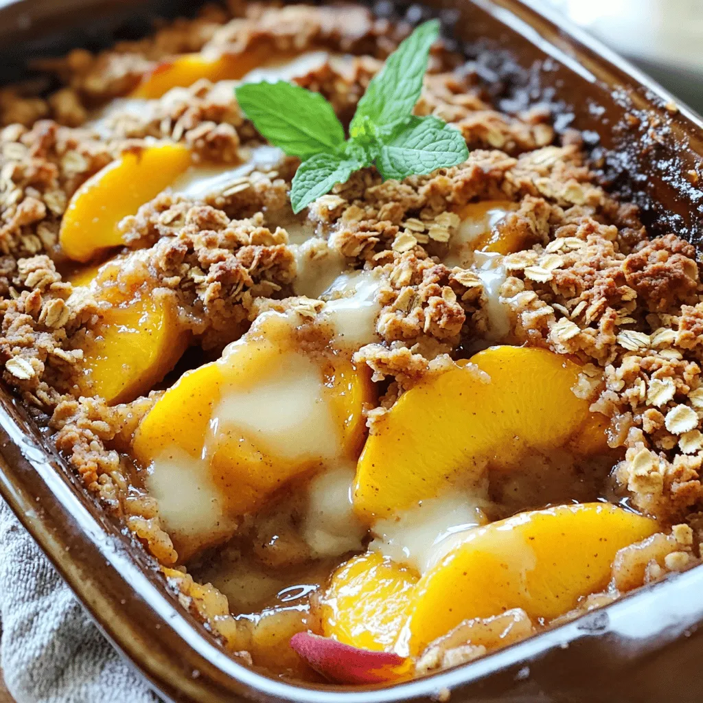 To make a tasty Peach Oat Crisp, you'll need these simple ingredients: - Ripe Peaches - Sweeteners and Flavorings - Topping Ingredients You need four ripe peaches. Make sure they are soft and fragrant. These peaches will be the star of your crisp. - 2 tablespoons lemon juice: This adds a nice zing to the peaches. - 1/2 cup brown sugar: This gives sweetness and a deep flavor. - 1 teaspoon vanilla extract: This enhances the overall taste. - 1 teaspoon cinnamon: A warm spice that pairs well with peaches. - 1 cup rolled oats: These add a chewy texture. - 1/2 cup all-purpose flour: This helps bind the topping. - 1/2 cup chopped nuts: Pecans or almonds work great for crunch. - 1/2 cup cold unsalted butter: This makes the topping rich and buttery. - 1/4 teaspoon salt: A pinch of salt balances the sweetness. These ingredients make the Peach Oat Crisp both easy and delicious. You can find the full recipe further in the article to guide you through the steps! Slicing and Seasoning Start with four ripe peaches. Peel and slice them into thin pieces. Place the slices in a large bowl. Add two tablespoons of lemon juice to keep them fresh. Mix in 1/4 cup of brown sugar, one teaspoon of vanilla extract, and one teaspoon of cinnamon. Toss everything gently. This mix brings out the peach flavor and adds sweetness. Preparing the Baking Dish Grease a 9x9 inch baking dish with butter. Spread the seasoned peach mixture evenly in the dish. Make sure the peaches cover the bottom well. Mixing Dry Ingredients In another bowl, combine one cup of rolled oats, half a cup of all-purpose flour, and half a cup of chopped nuts. You can use pecans or almonds here. Add the remaining 1/4 cup of brown sugar and 1/4 teaspoon of salt. Stir these ingredients together until they mix well. Incorporating Cold Butter Next, take half a cup of cold unsalted butter, cubed. Add the butter to the oat mixture. Using a pastry cutter or your fingers, mix until it looks like coarse crumbs. This makes the topping crunchy and delicious. Temperature and Timing Preheat your oven to 350°F (175°C). Sprinkle the oat topping evenly over the peach layer in the baking dish. Bake for 35-40 minutes. Keep an eye on it until the topping is golden brown and the peaches bubble. Tips for Achieving a Perfect Crisp Let the Peach Oat Crisp cool for a few minutes before serving. This helps the filling set up. Serve it warm, topped with a scoop of vanilla ice cream or whipped cream. For a nice touch, add a sprig of mint on top. Enjoy the sweet, fruity goodness! Signs of Ripeness To pick ripe peaches, look for a few signs. First, the skin should be a warm yellow or golden color. A slight blush is normal. Next, gently press the peach; it should feel soft but not mushy. A sweet smell means they are ripe and ready to eat. If the peach is hard, let it sit at room temperature for a few days. Alternative Peach Varieties If you want to try different flavors, go for other peach types. Yellow peaches are sweet and juicy. White peaches have a milder taste. Donut peaches are small and flat, perfect for a unique twist in your crisp. Achieving Optimal Texture For a great texture, ensure the topping is crumbly. Mix the oats, flour, and nuts well. When adding the cold butter, use your fingers or a pastry cutter. This keeps it from melting too fast. You want the mix to look like coarse crumbs. A good topping should be crunchy and slightly golden after baking. Adding Flavor Enhancements Want to make your crisp even better? Try adding spices like nutmeg or ginger. You can also mix in some lemon zest for a bright flavor. If you like a nutty taste, use different nuts in your topping. Pecans or almonds add a nice crunch. For a sweet twist, consider tossing in some dried fruit like cranberries or raisins. These small changes will make your Peach Oat Crisp shine. Check out the [Full Recipe] for all the details on making this dessert! {{image_2}} For a gluten-free version, you can make simple ingredient swaps. Use gluten-free oats instead of regular oats. This small change keeps the dish safe for those with gluten issues. Ingredient Substitutions - Oats: Choose certified gluten-free rolled oats. - Sugar: Use coconut sugar or agave syrup for sweetness. - Nuts: Pecans or almonds are naturally gluten-free. Flour Alternatives Instead of all-purpose flour, try using almond flour or coconut flour. These options provide a different texture but still taste great. To make this crisp vegan, you’ll focus on dairy and egg replacements. This way, everyone can enjoy it. Dairy-Free Options Replace the butter with coconut oil or vegan butter. These options melt well and keep the topping crisp. Egg Replacement Suggestions You won’t need eggs for this recipe. The oats and fruits hold everything together nicely. You can change this recipe based on the fruits available. This keeps your dessert fresh and exciting through the seasons. Adding Other Fruits Mix in berries, apples, or pears with the peaches. This adds new flavors and textures to your dish. Flavor Infusions Try adding spices like nutmeg or ginger for a warm twist. You can also use extracts like almond or lemon for extra flavor. For the complete guide, check out the Full Recipe. Short-term Storage You can store leftover Peach Oat Crisp in the fridge. Place it in an airtight container. It will stay fresh for up to three days. If you want to keep it longer, freeze it. Just make sure it cools down first. Wrap it well in plastic wrap or aluminum foil. It helps to keep out moisture and air. Long-term Freezing Options For long-term storage, Peach Oat Crisp can stay in the freezer for up to three months. Use a freezer-safe container or a heavy-duty freezer bag. Label the bag with the date you made it. This way, you’ll know when to eat it. When you're ready to enjoy, just thaw it overnight in the fridge. Best Methods for Reheating To reheat Peach Oat Crisp, the oven works best. Preheat your oven to 350°F (175°C). Place the crisp in an oven-safe dish and cover it with foil. Heat it for about 15-20 minutes. This keeps the topping crunchy and the peaches warm. Tips to Maintain Crispiness For extra crispiness, remove the foil for the last five minutes of heating. You can also use an air fryer. Set it to 350°F (175°C) and heat for about 10 minutes. This method gives a nice crunchy top. Enjoy your warm Peach Oat Crisp just like when it was fresh! You can prepare the Peach Oat Crisp a day in advance. Slice and mix the peaches with lemon juice and spices. Place the peach mixture in the baking dish. Then, prepare the oat topping, but do not bake. Cover the dish and store it in the fridge. When you're ready, bake it as directed. This keeps the crisp fresh. Yes, you can use canned peaches. Drain the liquid well before mixing them with lemon juice and spices. Canned peaches are soft, so reduce the baking time. Check for bubbling around the edges to know when it’s done. Fresh peaches give a better texture, but canned peaches work in a pinch. A serving of Peach Oat Crisp has about 250 to 300 calories. This number may change based on the toppings you use. Adding ice cream or whipped cream will increase the calorie count. For a lighter option, serve it plain or with yogurt. Peach Oat Crisp lasts about 3 to 4 days in the fridge. Store it in an airtight container to keep it fresh. The topping may soften over time, but the flavors will still be great. Reheat it in the oven for a few minutes to restore some crispiness. You can serve Peach Oat Crisp warm or cold. Top it with vanilla ice cream or whipped cream for a treat. A sprinkle of cinnamon adds extra warmth. Fresh mint leaves also make a lovely garnish. Pair it with coffee or tea for a cozy dessert experience. Check out the full recipe for Peach Oat Crisp Delight to try this easy dessert! In this blog post, we covered how to make a delicious Peach Oat Crisp. You learned about the needed ingredients, clear step-by-step instructions, and helpful tips to perfect your dish. We also explored tasty variations, like gluten-free and vegan options. Now you can enjoy a warm, fruity dessert anytime. Remember to use ripe peaches for the best taste. Happy baking!