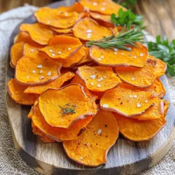 - 2 large sweet potatoes - 2 tablespoons olive oil - 1 teaspoon sea salt - 1 teaspoon smoked paprika (or your choice of seasoning) - 1/2 teaspoon garlic powder - Fresh herbs (e.g., rosemary or parsley) - Additional seasonings (e.g., cayenne pepper for heat) To make baked sweet potato chips, you need a few simple ingredients. Sweet potatoes are the star of the show. They are sweet, healthy, and full of flavor. Next, olive oil helps to crisp up the chips. Sea salt adds that perfect touch. You can use smoked paprika or any seasoning you love. Garlic powder gives an extra kick. You may want to add fresh herbs on top once the chips are done. Rosemary or parsley works great. If you like a bit of heat, sprinkle some cayenne pepper for a spicy twist. Feel free to get creative with your seasonings. The beauty of this recipe is that you can adjust it to fit your taste. Enjoy experimenting! For the full recipe, check out the detailed instructions above. 1. Preheat the oven and prepare the baking sheet Start by preheating your oven to 400°F (200°C). This helps the chips cook evenly. Line a large baking sheet with parchment paper. This keeps the chips from sticking. 2. Wash and peel the sweet potatoes Rinse the sweet potatoes under cool water. Use a peeler to remove the skin. This step makes the chips taste better. 3. Slice sweet potatoes using a mandoline or knife Use a mandoline slicer or a sharp knife to cut the sweet potatoes into thin rounds. Aim for about 1/8 inch thick. Even slices cook better and get crispier. 4. Combine ingredients in a bowl In a large bowl, mix the sweet potato slices with olive oil, sea salt, smoked paprika, and garlic powder. Toss well to coat each slice evenly. This adds flavor to your chips. 5. Spread slices on the baking sheet Lay the sweet potato slices in a single layer on the prepared baking sheet. Make sure they do not overlap. This is key to getting crispy chips. 6. Define baking time and flipping instructions Bake the chips for 20 to 25 minutes. Flip them halfway through to ensure even cooking. Watch them closely in the last few minutes to avoid burning. 7. How to tell when they are done The chips should be golden brown and crisp. If they look soft, give them more time. 8. Cooling tips to achieve extra crispiness After baking, let the chips cool on the sheet for a few minutes. They will become crispier as they cool. 9. Serving suggestions and presentation ideas For a fun touch, garnish your chips with fresh herbs like rosemary or parsley. Serve them in a bowl for a lovely presentation. Enjoy your tasty snack! Check the [Full Recipe] for all the details and enjoy making these crunchy treats! To make your sweet potato chips crispy, slicing is key. Aim for thin slices, about 1/8 inch. If they are too thick, they won’t crisp up well. A mandoline slicer is perfect for this. It helps you get even slices, which cook evenly. Next, oil coating matters. Use just enough olive oil to coat each slice. Too much oil makes them soggy. Toss the slices gently in a bowl with oil and seasonings. Make sure each slice gets a light coat for that crunch. The right oven settings make a big difference. Preheat your oven to 400°F (200°C) for the best results. Place your baking sheet in the center of the oven. This helps the heat circulate evenly around the chips, giving you a nice crisp. Watch out for common baking mistakes. Avoid overcrowding the baking sheet. If the slices overlap, they will steam instead of bake. This can lead to chewy chips instead of crispy ones. Seasoning your chips can be fun. Start with sea salt and smoked paprika, but feel free to get creative! You can try garlic powder, cumin, or even cinnamon for a sweet twist. Experiment with different flavors. Mix and match spices to find your favorite combo. Just sprinkle lightly, taste, and adjust as needed. Remember, you can always add more, but you can’t take it away once it’s on. For more ideas, check the Full Recipe for inspiration! {{image_2}} You can easily change the taste of your baked sweet potato chips. If you want something sweet, try adding cinnamon and sugar. This combo gives the chips a warm and cozy taste. For a savory kick, use dill and onion powder. These flavors will make your chips taste like a snack from a fancy restaurant. Want a different way to cook your chips? Try using an air fryer. This method cooks the chips faster and makes them super crispy. Just set the air fryer to about 375°F (190°C) and cook for 10-15 minutes. Shake the basket halfway to ensure even cooking. Another option is using a dehydrator. This method dries the chips slowly, giving them a unique texture. Slice your sweet potatoes thinly, season them, and let the dehydrator do its magic for 6-8 hours. You'll end up with a crunchy snack that's different from baked chips. Want to add some heat? Sprinkle in chili or jalapeño powder. This gives your chips a spicy twist. Just remember to balance the heat with sweetness. A bit of honey or brown sugar can help tame the spice, making a fun flavor mix. Feel free to experiment with these variations. Get creative and find the perfect flavor for your taste buds! For the full recipe, check out the instructions above. To keep your baked sweet potato chips fresh, store them in an airtight container. This will help maintain their crunch and flavor. You can use a glass jar or a resealable bag. If stored well, they last about 3-5 days. For best results, keep them in a cool, dry place away from sunlight. To restore crispiness, use the oven. Preheat it to 350°F (175°C). Spread the chips on a baking sheet and heat for about 5-7 minutes. This method brings back their crunch. If you use a microwave, place them on a plate. Heat for 30 seconds, but they may not get as crispy. Look for signs of spoilage before eating. If the chips feel soft or soggy, it’s time to toss them. A stale smell or unusual color also means they should go. Aim to eat them within the first few days for the best flavor and texture. To stop your sweet potato chips from burning, watch your baking time. Bake them at 400°F (200°C) for 20-25 minutes. Flip the chips halfway through to help them cook evenly. Keep a close eye on them in the last few minutes. This is when they can turn from golden to burnt. Even layering is key. Spread the slices in a single layer without overlapping. This allows hot air to circulate around each chip, ensuring they cook evenly and get crispy. Yes, you can make these chips ahead of time! To keep them fresh, store them in an airtight container. They taste best within a few days. If you want to reheat them, use the oven. Preheat it to 350°F (175°C) and bake the chips for about 5-10 minutes. This will help restore their crunch. For the best results, prepare the sweet potato slices in advance. Season and bake them when you're ready to enjoy a tasty snack. Baked sweet potato chips are often healthier than store-bought options. Store-bought chips can be full of preservatives and unhealthy fats. Sweet potatoes are rich in vitamins A and C. They offer fiber, which is great for digestion. Plus, you control the oil and salt in your homemade chips. This means you can enjoy a snack that’s tasty and nutritious. Baked sweet potato chips are a smart choice for a healthy lifestyle. You can find the full recipe above to get started! In this post, we explored how to make delicious baked sweet potato chips. We covered essential ingredients, step-by-step instructions, and tips for perfect crispiness. Remember to choose your seasonings and cooking method to match your taste. You can enjoy these chips as a healthy snack or party treat. Proper storage and reheating can keep them fresh. With these guidelines, you can create tasty, homemade chips anytime. Get ready to impress with your cooking skills!