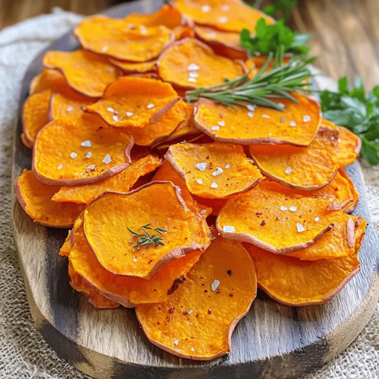 - 2 large sweet potatoes - 2 tablespoons olive oil - 1 teaspoon sea salt - 1 teaspoon smoked paprika (or your choice of seasoning) - 1/2 teaspoon garlic powder - Fresh herbs (e.g., rosemary or parsley) - Additional seasonings (e.g., cayenne pepper for heat) To make baked sweet potato chips, you need a few simple ingredients. Sweet potatoes are the star of the show. They are sweet, healthy, and full of flavor. Next, olive oil helps to crisp up the chips. Sea salt adds that perfect touch. You can use smoked paprika or any seasoning you love. Garlic powder gives an extra kick. You may want to add fresh herbs on top once the chips are done. Rosemary or parsley works great. If you like a bit of heat, sprinkle some cayenne pepper for a spicy twist. Feel free to get creative with your seasonings. The beauty of this recipe is that you can adjust it to fit your taste. Enjoy experimenting! For the full recipe, check out the detailed instructions above. 1. Preheat the oven and prepare the baking sheet Start by preheating your oven to 400°F (200°C). This helps the chips cook evenly. Line a large baking sheet with parchment paper. This keeps the chips from sticking. 2. Wash and peel the sweet potatoes Rinse the sweet potatoes under cool water. Use a peeler to remove the skin. This step makes the chips taste better. 3. Slice sweet potatoes using a mandoline or knife Use a mandoline slicer or a sharp knife to cut the sweet potatoes into thin rounds. Aim for about 1/8 inch thick. Even slices cook better and get crispier. 4. Combine ingredients in a bowl In a large bowl, mix the sweet potato slices with olive oil, sea salt, smoked paprika, and garlic powder. Toss well to coat each slice evenly. This adds flavor to your chips. 5. Spread slices on the baking sheet Lay the sweet potato slices in a single layer on the prepared baking sheet. Make sure they do not overlap. This is key to getting crispy chips. 6. Define baking time and flipping instructions Bake the chips for 20 to 25 minutes. Flip them halfway through to ensure even cooking. Watch them closely in the last few minutes to avoid burning. 7. How to tell when they are done The chips should be golden brown and crisp. If they look soft, give them more time. 8. Cooling tips to achieve extra crispiness After baking, let the chips cool on the sheet for a few minutes. They will become crispier as they cool. 9. Serving suggestions and presentation ideas For a fun touch, garnish your chips with fresh herbs like rosemary or parsley. Serve them in a bowl for a lovely presentation. Enjoy your tasty snack! Check the [Full Recipe] for all the details and enjoy making these crunchy treats! To make your sweet potato chips crispy, slicing is key. Aim for thin slices, about 1/8 inch. If they are too thick, they won’t crisp up well. A mandoline slicer is perfect for this. It helps you get even slices, which cook evenly. Next, oil coating matters. Use just enough olive oil to coat each slice. Too much oil makes them soggy. Toss the slices gently in a bowl with oil and seasonings. Make sure each slice gets a light coat for that crunch. The right oven settings make a big difference. Preheat your oven to 400°F (200°C) for the best results. Place your baking sheet in the center of the oven. This helps the heat circulate evenly around the chips, giving you a nice crisp. Watch out for common baking mistakes. Avoid overcrowding the baking sheet. If the slices overlap, they will steam instead of bake. This can lead to chewy chips instead of crispy ones. Seasoning your chips can be fun. Start with sea salt and smoked paprika, but feel free to get creative! You can try garlic powder, cumin, or even cinnamon for a sweet twist. Experiment with different flavors. Mix and match spices to find your favorite combo. Just sprinkle lightly, taste, and adjust as needed. Remember, you can always add more, but you can’t take it away once it’s on. For more ideas, check the Full Recipe for inspiration! {{image_2}} You can easily change the taste of your baked sweet potato chips. If you want something sweet, try adding cinnamon and sugar. This combo gives the chips a warm and cozy taste. For a savory kick, use dill and onion powder. These flavors will make your chips taste like a snack from a fancy restaurant. Want a different way to cook your chips? Try using an air fryer. This method cooks the chips faster and makes them super crispy. Just set the air fryer to about 375°F (190°C) and cook for 10-15 minutes. Shake the basket halfway to ensure even cooking. Another option is using a dehydrator. This method dries the chips slowly, giving them a unique texture. Slice your sweet potatoes thinly, season them, and let the dehydrator do its magic for 6-8 hours. You'll end up with a crunchy snack that's different from baked chips. Want to add some heat? Sprinkle in chili or jalapeño powder. This gives your chips a spicy twist. Just remember to balance the heat with sweetness. A bit of honey or brown sugar can help tame the spice, making a fun flavor mix. Feel free to experiment with these variations. Get creative and find the perfect flavor for your taste buds! For the full recipe, check out the instructions above. To keep your baked sweet potato chips fresh, store them in an airtight container. This will help maintain their crunch and flavor. You can use a glass jar or a resealable bag. If stored well, they last about 3-5 days. For best results, keep them in a cool, dry place away from sunlight. To restore crispiness, use the oven. Preheat it to 350°F (175°C). Spread the chips on a baking sheet and heat for about 5-7 minutes. This method brings back their crunch. If you use a microwave, place them on a plate. Heat for 30 seconds, but they may not get as crispy. Look for signs of spoilage before eating. If the chips feel soft or soggy, it’s time to toss them. A stale smell or unusual color also means they should go. Aim to eat them within the first few days for the best flavor and texture. To stop your sweet potato chips from burning, watch your baking time. Bake them at 400°F (200°C) for 20-25 minutes. Flip the chips halfway through to help them cook evenly. Keep a close eye on them in the last few minutes. This is when they can turn from golden to burnt. Even layering is key. Spread the slices in a single layer without overlapping. This allows hot air to circulate around each chip, ensuring they cook evenly and get crispy. Yes, you can make these chips ahead of time! To keep them fresh, store them in an airtight container. They taste best within a few days. If you want to reheat them, use the oven. Preheat it to 350°F (175°C) and bake the chips for about 5-10 minutes. This will help restore their crunch. For the best results, prepare the sweet potato slices in advance. Season and bake them when you're ready to enjoy a tasty snack. Baked sweet potato chips are often healthier than store-bought options. Store-bought chips can be full of preservatives and unhealthy fats. Sweet potatoes are rich in vitamins A and C. They offer fiber, which is great for digestion. Plus, you control the oil and salt in your homemade chips. This means you can enjoy a snack that’s tasty and nutritious. Baked sweet potato chips are a smart choice for a healthy lifestyle. You can find the full recipe above to get started! In this post, we explored how to make delicious baked sweet potato chips. We covered essential ingredients, step-by-step instructions, and tips for perfect crispiness. Remember to choose your seasonings and cooking method to match your taste. You can enjoy these chips as a healthy snack or party treat. Proper storage and reheating can keep them fresh. With these guidelines, you can create tasty, homemade chips anytime. Get ready to impress with your cooking skills!