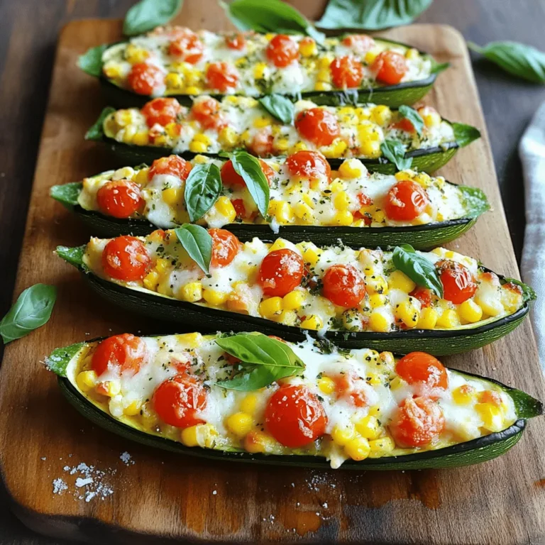 To make your Cheesy Zucchini Boats, you will need the following ingredients: - 4 medium zucchini - 1 cup cherry tomatoes, halved - 1 cup corn kernels (fresh or frozen) - 1 cup shredded mozzarella cheese - 1/2 cup grated Parmesan cheese - 1/4 cup cream cheese, softened - 2 cloves garlic, minced - 1 teaspoon Italian seasoning - Salt and pepper to taste - Fresh basil leaves for garnish These ingredients come together to create a tasty and satisfying meal. Zucchini acts as the perfect base, while the cheeses add a rich, creamy flavor. The cherry tomatoes and corn bring a burst of freshness and sweetness. Plus, the Italian seasoning ties everything together with its warm, herby notes. You can easily find all these items at your local grocery store or farmer's market. When you gather your ingredients, consider the quality. Fresh zucchini and ripe tomatoes make a big difference in taste. This dish is not only easy to make but also allows you to enjoy healthy and delicious food. For the full recipe, visit the section dedicated to Cheesy Zucchini Boats. 1. Preheat your oven to 375°F (190°C). 2. Wash the zucchini under cool water. 3. Slice each zucchini in half lengthwise. 4. Use a spoon to scoop out the seeds and flesh. Reserve this flesh for later. 1. Place the zucchini halves cut side up on a baking sheet. 2. Sprinkle a little salt over the zucchini. 3. Bake the halves for 10 minutes. This softens them for the next steps. 1. In a medium bowl, mix the reserved zucchini flesh with cherry tomatoes, corn, mozzarella, Parmesan, and cream cheese. 2. Add minced garlic, Italian seasoning, salt, and pepper. 3. Stir the mixture well. This is your filling for the boats. 1. Fill each zucchini boat with the cheese and vegetable mixture. Press down gently to pack it. 2. Place the stuffed zucchini back in the oven. 3. Bake for 20–25 minutes. Look for bubbly and golden cheese on top. For the full recipe, check the instructions above. Enjoy your Cheesy Zucchini Boats! To get the perfect cheese melt, use a mix of mozzarella and Parmesan. Mozzarella melts well, while Parmesan adds a nice crust. Bake the zucchini boats until the cheese is bubbly and golden. This usually takes about 20 to 25 minutes. When deciding between fresh or frozen corn, fresh corn offers a crisp bite and sweet flavor. Frozen corn is handy and cooks quickly. If you use frozen corn, no need to thaw; just toss it into the mix. For serving, place the Cheesy Zucchini Boats on a large platter. Drizzle a bit of olive oil on top for shine. A sprinkle of extra Parmesan adds flavor and makes it look fancy. Use fresh basil leaves as a garnish to bring color and freshness to the dish. For plating, arrange the boats in a circular pattern. This creates an inviting look. You can even add a small bowl of marinara sauce in the center for dipping. To save time, prepare your ingredients in advance. Chop the tomatoes and corn the night before. This makes cooking easier and quicker. Using pre-chopped ingredients can also cut down your prep time. Many stores sell pre-cut veggies. This way, you spend less time in the kitchen and more time enjoying your meal. {{image_2}} You can switch up the cheeses in this dish easily. Try using cheddar or gouda for a different taste. If you want more protein, add cooked chicken or turkey to the filling. Simply shred the meat and mix it in with the other ingredients. This will make your Cheesy Zucchini Boats heartier and more satisfying. To make the dish gluten-free, ensure you check all labels on your ingredients. Most cheeses and vegetables are naturally gluten-free. For a vegetarian or vegan option, swap out the cheeses for plant-based ones. You can use cashew cheese or nutritional yeast to keep the cheesy flavor without dairy. To boost the flavor, add spices like chili powder or cayenne for some heat. Mixing in diced bell peppers or spinach will add more color and nutrients. Feel free to get creative with your veggies. The more you add, the more vibrant your boats will be. For more details, check out the Full Recipe to explore all the tasty options! To keep your Cheesy Zucchini Boats fresh, let them cool to room temperature first. Place leftovers in an airtight container. They can last in the fridge for about 3 to 4 days. When you're ready to eat them again, just reheat in the oven for the best taste. If you want to freeze your zucchini boats, it's best to do this before baking. Wrap each boat tightly in plastic wrap, then place them in a freezer-safe bag. They can stay good for up to 3 months. When you're ready to enjoy them, thaw in the fridge overnight. Reheat in the oven at 375°F until heated through and the cheese is bubbly. Leftover Cheesy Zucchini Boats can be a fun addition to your meals! You can chop them up and mix them into pasta for a tasty dish. They also work well in a salad, adding flavor and texture. You can even serve them as a side with grilled meats or fish. Enjoy getting creative with these delicious leftovers! You can tell when the zucchini boats are ready when the cheese is bubbly and golden brown. The zucchini should be tender but not mushy. If you poke it with a fork, it should yield slightly but still hold its shape. This usually takes about 20 to 25 minutes of baking after you stuff them. Keep a close eye during the last few minutes to avoid overcooking. Yes, you can prepare Cheesy Zucchini Boats ahead of time. First, wash and cut the zucchini as directed. Next, scoop out the seeds and mix the filling. You can store the unbaked boats in the fridge for up to 24 hours. Just cover them tightly with plastic wrap. When ready to bake, simply put them in the oven. You may need to add a few extra minutes to the baking time. If you don’t have cream cheese, you have options. You can use ricotta cheese or cottage cheese as a substitute. Both add creaminess and flavor. For a dairy-free option, try using silken tofu blended until smooth. This keeps the texture creamy while making it suitable for different diets. You can also mix in some sour cream or Greek yogurt if you have those on hand. In this blog post, we explored how to make cheesy zucchini boats. We covered the necessary ingredients, step-by-step instructions, and tips for success. Keep these techniques and variations in mind to customize the dish to your taste. Enjoying this meal is easy and fun. Whether you serve it as a main dish or a side, this recipe can fit many diets. You can make it your own with different flavors. Try it out and share your results!