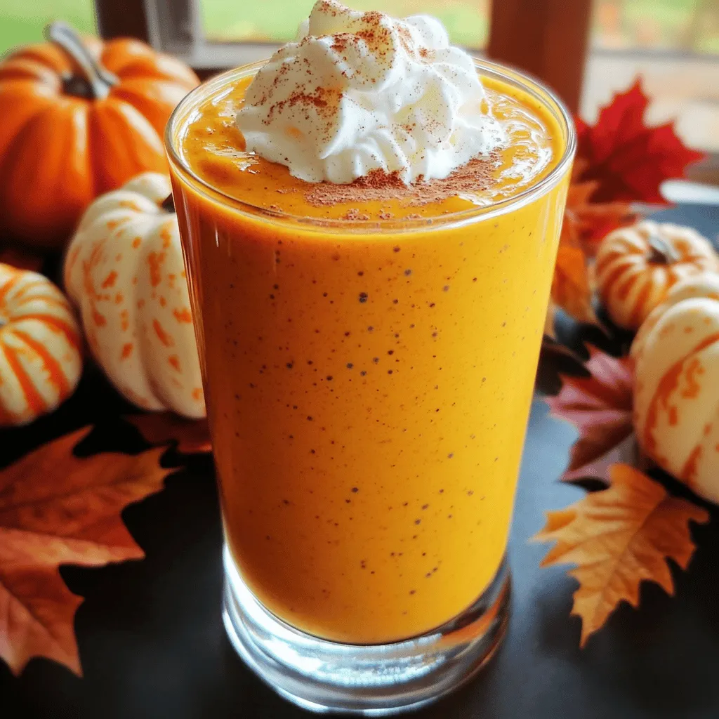 Here’s what you need to make a tasty pumpkin pie smoothie. Gather these simple ingredients: - 1 cup pumpkin puree - 1 banana, frozen - 1 cup almond milk (or any preferred milk) - 1 tablespoon maple syrup (or honey) - 1 teaspoon pumpkin pie spice - 1 tablespoon chia seeds (optional) - 1/2 teaspoon vanilla extract - 1/4 cup rolled oats - Ice cubes (optional) Using pumpkin puree gives this smoothie a rich flavor. You can use canned or fresh puree. I like to freeze the banana. It adds a nice creaminess. Almond milk works great, but feel free to choose another milk you love. Maple syrup sweetens it well. If you want, honey is a good option too. The pumpkin pie spice brings in warm flavors. You can use a mix of cinnamon, nutmeg, and ginger if you prefer. Chia seeds add fiber and can help thicken the smoothie. Vanilla extract boosts the flavor. Rolled oats help make it filling and creamy. Adding ice cubes makes the smoothie cold and refreshing, especially on warm days. This recipe is great for a quick breakfast or snack. You can find the full recipe at the start of this article. Enjoy creating your own fall delight! 1. Gather all ingredients: Start by collecting everything you need for the pumpkin pie smoothie. You will need: - 1 cup pumpkin puree (canned or fresh) - 1 banana, frozen - 1 cup almond milk (or any preferred milk) - 1 tablespoon maple syrup (or honey) - 1 teaspoon pumpkin pie spice - 1 tablespoon chia seeds (optional) - 1/2 teaspoon vanilla extract - 1/4 cup rolled oats - Ice cubes (optional) 2. Blend ingredients until smooth: Put all your ingredients into a blender. Blend on high until everything is creamy and smooth. If you want a cooler drink, add ice cubes before blending. Blend again until you reach the texture you like. 3. Adjust sweetness to taste: After blending, taste your smoothie. If it needs more sweetness, add a little more maple syrup or a sprinkle of cinnamon. Blend again briefly to mix in any new ingredients. 1. Pour into glasses: Carefully pour the smoothie into your favorite glasses. This drink looks great in clear glasses, so you can see its bright orange color. 2. Garnish with pumpkin pie spice: To finish, sprinkle a dash of pumpkin pie spice on top. This adds a nice touch and extra flavor. For the full recipe, check the previous section. Enjoy your creamy pumpkin pie smoothie! To get a creamy pumpkin pie smoothie, use a frozen banana. It adds a thick and smooth texture. If you want a thicker or thinner drink, adjust the almond milk. Add less for a rich smoothie or more for a lighter one. You can make this smoothie taste even better by trying different spices. Cinnamon and nutmeg pair well with pumpkin. If you like it sweeter, add a little more maple syrup or honey. Taste as you mix to find your perfect flavor. {{image_2}} You can make your pumpkin pie smoothie even better with different milks. Here are two great choices: - Coconut milk: This milk gives a rich, creamy feel. It adds a slight sweetness that blends well with pumpkin. - Oat milk: If you prefer something lighter, oat milk works great. It has a mild flavor and thickens the smoothie nicely. Want to make your smoothie even healthier? Try these add-ins: - Spinach for extra greens: This leafy green adds vitamins without changing the taste much. It blends well and gives a nice color. - Protein powder for added protein: Adding protein powder helps make the smoothie more filling. It’s great if you need a quick meal or snack. Feel free to explore these options! These choices can help you create your perfect pumpkin pie smoothie. Check out the Full Recipe for more details. After enjoying your pumpkin pie smoothie, you might have some left. To keep it fresh, store it in an airtight container. Place it in the fridge and try to use it within 1-2 days. This keeps the flavors bright and the texture smooth. If you want to save your smoothie for later, freezing is a great option. Pour the smoothie into individual portions. This way, you can enjoy it at your own pace. When you're ready to drink, simply thaw it in the fridge overnight. Always give it a quick stir or shake before enjoying. Yes, but ensure it's cooked and pureed. Fresh pumpkin adds a nice, vibrant flavor. To prepare fresh pumpkin, cut it in half, clean out the seeds, and roast it until soft. After cooling, scoop the flesh and puree it until smooth. This step enhances the taste and texture of your smoothie. Use maple syrup and any plant-based milk. Almond milk works well, but any nut or soy milk is great too. This makes the smoothie creamy while keeping it plant-based. The maple syrup adds sweetness without honey, making it perfect for vegans. Yes, but it's best fresh for optimal taste and texture. If you prepare it early, store it in the fridge. Just remember, it may thicken as it sits. You can add more milk before serving to get your desired consistency. Enjoy it fresh for the best flavor! This smoothie is a simple, tasty blend of pumpkin, banana, and spices. You can make it your own with different milks and add-ins. Remember to use frozen bananas for a creamy texture. Adjust sweetness with maple syrup or honey as needed. Store any leftovers in the fridge for a quick treat later. Enjoy this nutritious drink, and feel free to play with flavors to find your perfect mix! A good smoothie can brighten your day and fuel your body.