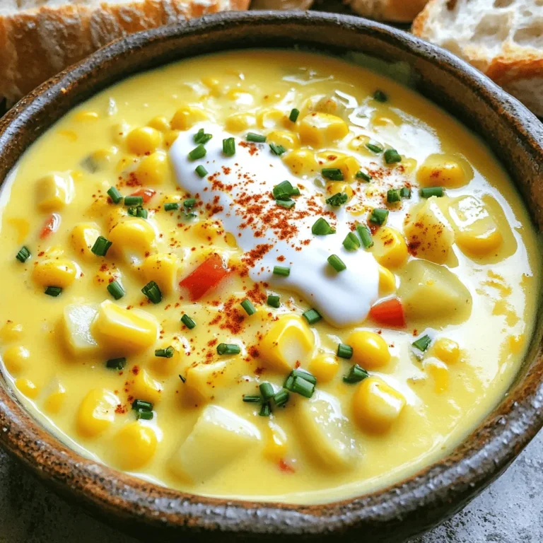 I prefer fresh corn kernels for this chowder. Fresh corn gives the chowder a sweet and bright flavor. You can buy it on the cob or frozen. If you choose frozen, just thaw it first. Canned corn works too, but make sure to drain it well. The taste will be less sweet, but it's still easy and quick. The base of our chowder needs key vegetables. I always use: - 1 large onion, diced - 2 cloves garlic, minced - 2 medium potatoes, peeled and diced - 1 red bell pepper, diced - 1 carrot, diced These veggies add depth. The onion and garlic bring out rich flavors. Potatoes give a nice creaminess. The bell pepper adds sweetness, while carrots add a hint of earthiness. To make your chowder even better, consider some garnishes and add-ins. I suggest: - Fresh chives, chopped (for garnish) - A drizzle of cream for richness - Smoked paprika for a hint of spice These options will elevate your dish. You can also add cooked bacon or shredded chicken for protein. Each of these choices gives a new twist to the chowder. For the full recipe, check the instructions above. Enjoy this creamy delight! Start by heating olive oil in a large pot over medium heat. Once hot, add the diced onion and minced garlic. Cook these until they become soft, about 3 to 4 minutes. This step builds a strong flavor base for your chowder. Next, toss in the diced carrots and red bell pepper. Stir these for another 3 to 4 minutes until they soften a bit. Now, it's time to add the star of the dish: corn kernels and diced potatoes. Mix them well with the other veggies to ensure even cooking. Once everything is mixed, pour in 4 cups of vegetable broth. Bring this mixture to a boil. Boiling helps to extract flavors from the vegetables. After it boils, reduce the heat to low. Add thyme, smoked paprika, salt, and pepper. Let it simmer for about 15 to 20 minutes or until the potatoes are tender. This simmering time allows all the flavors to meld beautifully. Now comes the fun part! Use an immersion blender to puree part of the chowder. This step creates a smooth texture while keeping some chunks for bite. If you don’t have an immersion blender, you can carefully transfer the chowder to a regular blender in batches. After blending, stir in 1 cup of heavy cream or coconut milk for a vegan option. Heat it through for another 5 minutes to blend all the flavors. Adjust the seasoning if needed. Serve hot and enjoy! For the full recipe, check the ingredients listed above. To make your creamy corn chowder shine, use fresh herbs and spices. Add thyme for a warm taste. Smoked paprika gives a nice, smoky flavor. Don't forget to salt and pepper to taste. Taste as you cook. This way, you can adjust the flavors to your liking. Consider adding a squeeze of lime juice for some brightness. One mistake is not cooking the veggies enough. Make sure the onions and garlic are soft before adding other ingredients. Another common error is not blending enough. Blend part of the chowder for creaminess, but leave some whole corn for texture. Lastly, avoid skipping the cream. It adds richness and comfort to the dish. You can easily make this chowder vegan. Instead of heavy cream, use coconut milk. This gives the chowder a creamy texture and a hint of sweetness. Check your vegetable broth to ensure it is vegan-friendly. You can also add more veggies like zucchini or mushrooms for extra flavor. Feel free to explore different spices for a unique twist. For the full recipe, refer to the original. {{image_2}} You can easily spice up your corn chowder. To make it spicy, add fresh jalapeños or diced green chiles. Start with one pepper and taste as you go. You can also add cayenne pepper for a kick. Spice levels can vary, so adjust to your liking. This twist gives your chowder a fun twist and heat. Adding protein makes your chowder heartier. You can mix in cooked chicken for a filling meal. Simply shred rotisserie chicken and stir it in during the last few minutes of cooking. Crispy bacon is another great choice. Just fry it up, crumble it, and add it on top before serving. For a vegetarian option, black beans or chickpeas work well. They add texture and protein without meat. If you need a gluten-free chowder, it's simple! The base of the chowder is naturally gluten-free. Just check that your vegetable broth is labeled gluten-free. Instead of regular cream, you can use coconut milk. It gives a creamy texture and a hint of sweetness. This way, everyone can enjoy a bowl of comfort. For the full recipe, check out the Dreamy Creamy Corn Chowder recipe above. After you enjoy your creamy corn chowder, store leftovers in the fridge. Use an airtight container to keep it fresh. Corn chowder stays good for about 3 to 4 days. When you’re ready to eat, just take it out and check for any signs of spoilage. If it looks and smells fine, you’re good to go! You can freeze corn chowder for later use. It’s best to freeze it in portions. Use freezer-safe containers or bags. Leave some space at the top, as the chowder will expand. It can last for up to 3 months in the freezer. When you want to eat it, just let it thaw in the fridge overnight. To reheat your chowder, use a pot on medium heat. Stir it often to make sure it heats evenly. If it seems too thick, add a splash of broth or cream. You can also use a microwave. Heat it in short bursts, stirring in between. This way, it will taste just as good as when you first made it. For the full recipe, check out the original details above. To store creamy corn chowder, let it cool first. Then, pour it into a sealed container. It keeps well in the fridge for up to three days. If you want to save it longer, freeze it. Use freezer-safe containers or bags for best results. Just remember to leave some space in the container. The chowder expands when it freezes. Yes, you can make this chowder ahead of time. It tastes even better the next day! Just cook it, let it cool, and store it in the fridge. When you're ready to eat, heat it gently on the stove. Stir well and add a splash of cream if needed. This extra step brings back its rich taste. Creamy corn chowder pairs well with many sides. Here are a few ideas: - Crusty bread or dinner rolls - A fresh green salad - Grilled cheese sandwiches - Cornbread for a sweet touch - Pickles or chips for a crunch These sides can enhance your meal. Enjoy mixing and matching until you find your favorite combo! For the full recipe, check out the details above. This blog post covered how to make creamy corn chowder. We discussed choosing fresh or canned corn. You learned about essential vegetables and tasty garnishes. We went through step-by-step cooking tips for a rich base and the right creaminess. I shared ways to boost flavor and avoid common mistakes. You also saw different chowder variations, including spicy options and proteins. In the end, you can store leftovers easily. Whether in the fridge or freezer, reheating is simple. With these tips, you’re ready to enjoy a delicious bowl whenever you want!