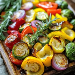 - 1 medium zucchini, sliced into half-moons - 1 red bell pepper, chopped into bite-sized pieces - 1 yellow bell pepper, chopped into bite-sized pieces - 1 small red onion, cut into wedges - 2 cups Brussels sprouts, halved - 3 tablespoons balsamic vinegar - 2 tablespoons olive oil - 1 tablespoon honey - 3 cloves garlic, minced - Salt and pepper to taste - Fresh rosemary or thyme for garnish When choosing your veggies, look for bright colors and firm textures. Fresh produce makes a big difference in flavor. - Calories per serving: Approximately 150 - Macronutrient breakdown: - Carbohydrates: 25g - Fats: 7g - Proteins: 3g This dish is not only tasty but also healthy. It is packed with vitamins, fiber, and antioxidants. Enjoy knowing you are eating something good for you. First, set your oven to 425°F (220°C). Preheating is key to great caramelization. While the oven heats, wash and chop your vegetables. I like to slice the zucchini into half-moons. Chop the red and yellow bell peppers into bite-sized pieces. Cut the red onion into wedges, and halve the Brussels sprouts. Keep the pieces roughly the same size. This helps them cook evenly. In a large bowl, combine all your veggies. Use a separate bowl to make the balsamic glaze. Mix together balsamic vinegar, olive oil, honey, minced garlic, salt, and pepper. Whisk until smooth. Pour this glaze over the veggies. Toss well to coat all the pieces evenly. An even coat ensures great flavor in every bite. Spread your coated veggies on a large baking sheet lined with parchment paper. Roast in the preheated oven for 25-30 minutes. Stir halfway through to promote even cooking. You want them tender and caramelized. If they get too brown, take them out early. Perfect caramelization adds sweetness and depth to the dish. Enjoy your Balsamic Roasted Veggies! For the full recipe, check the earlier section. - Keeping veggies from becoming soggy To keep your veggies crisp, use a high oven temperature. Set your oven to 425°F (220°C). This helps the veggies roast instead of steam. Space them out on the baking sheet. Avoid crowding, as this traps moisture. - How to achieve even cooking Cut all veggies into similar sizes. This ensures they cook at the same rate. Toss them well in the balsamic mixture so each piece gets coated. Stir halfway through roasting for even browning. - Ideal pairings with balsamic roasted veggies These veggies go great with grilled chicken or fish. They also make a tasty side for pasta dishes. You can serve them on a bed of quinoa for a healthy meal. - Ideas for garnish and presentation Fresh rosemary or thyme adds a nice touch. Sprinkle them on right before serving. A drizzle of balsamic glaze on top can enhance the look and flavor. - Overcooking or undercooking the vegetables Keep an eye on your veggies while roasting. They should be tender but not mushy. Roasting for 25-30 minutes is usually perfect. Check them at 25 minutes to see if they need more time. - Not seasoning adequately Don't skip on salt and pepper. They enhance the flavors of the veggies. Mix them well into the balsamic glaze for a balanced taste. Adjust to your liking before roasting. For the complete cooking process, check the Full Recipe. {{image_2}} If you want to switch things up, you can replace Brussels sprouts with broccoli or cauliflower. Both bring a nice crunch and flavor. You can also try using asparagus or carrots for a sweet twist. Mixed veggies like snap peas or green beans also work well. Feel free to get creative! To boost the taste, add spices like paprika or cumin. Fresh herbs, such as basil or parsley, add a nice touch, too. If you want to make this dish a full meal, consider adding a protein. Grilled chicken, shrimp, or chickpeas make fantastic additions. They blend well with the balsamic flavors. This recipe suits a vegan diet, as it only uses plant-based ingredients. For a gluten-free option, rest assured, this dish is naturally gluten-free. Just make sure any added sauces or seasonings are also gluten-free. You'll have a tasty and safe option for everyone! For the full recipe, check out the details above. After enjoying your balsamic roasted veggies, you can store any leftovers in the fridge. Place the veggies in an airtight container. This helps keep them fresh and tasty. They will stay good for about 3 to 5 days. When you’re ready to enjoy the leftovers, I recommend reheating in the oven. Set your oven to 350°F (175°C). Spread the veggies on a baking sheet. Heat them for about 10 to 15 minutes. This keeps them crispy and warm. You might also use a skillet. Heat a little olive oil in the pan. Add the veggies and stir for a few minutes. This method can help bring back their crunch. For a quick fix, you can use the microwave. Just be aware that they may lose some crispness. If you choose this method, heat in short bursts and stir often to keep them evenly warm. By following these tips, you can enjoy your balsamic roasted veggies again without losing their flavor! Roasting vegetables can take about 25 to 30 minutes at 425°F (220°C). The time may vary by veggie. Here are some specific times: - Zucchini: 20-25 minutes - Bell peppers: 25-30 minutes - Brussels sprouts: 25-30 minutes - Red onion: 25-30 minutes For best results, stir halfway to ensure even cooking and caramelization. Yes, you can use frozen vegetables, but they may not roast as well as fresh. Frozen veggies often have added water, which can lead to steaming instead of roasting. If you use frozen, try to thaw and pat them dry first. This helps them crisp up in the oven. Balsamic roasted veggies pair well with many dishes. Here are some ideas: - Grilled chicken or steak - Quinoa or rice bowls - Pasta with olive oil - A fresh green salad You can also serve them as a side with your favorite protein for a complete meal. Yes, you can make balsamic roasted veggies ahead of time. Roast them, then cool and store in the fridge. They can stay fresh for about 3 to 4 days. To reheat, just pop them back in the oven at 350°F (175°C) for about 10-15 minutes. This will keep them warm and slightly crispy. Balsamic roasted veggies offer a tasty mix of colors and flavors. We discussed key ingredients, cooking steps, and tips to get perfect results. Remember to keep the veggies crisp and avoid overcooking. You can mix and match ingredients to fit your taste. Leftovers can easily be stored and reheated. Enjoy this dish as a side or a main meal. By following these tips, you can create a healthy and delicious dish every time. Happy cooking!
