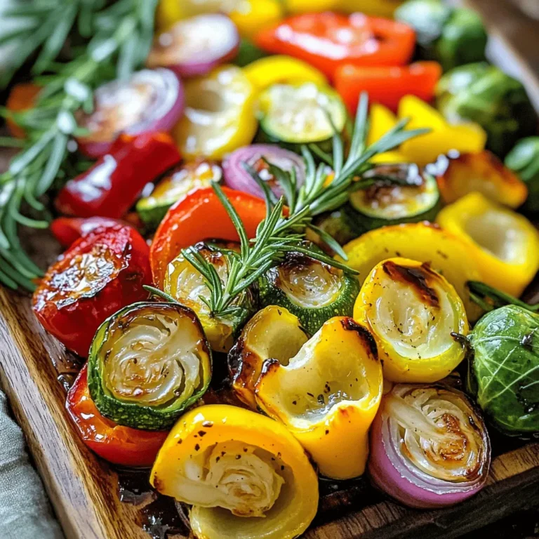 - 1 medium zucchini, sliced into half-moons - 1 red bell pepper, chopped into bite-sized pieces - 1 yellow bell pepper, chopped into bite-sized pieces - 1 small red onion, cut into wedges - 2 cups Brussels sprouts, halved - 3 tablespoons balsamic vinegar - 2 tablespoons olive oil - 1 tablespoon honey - 3 cloves garlic, minced - Salt and pepper to taste - Fresh rosemary or thyme for garnish When choosing your veggies, look for bright colors and firm textures. Fresh produce makes a big difference in flavor. - Calories per serving: Approximately 150 - Macronutrient breakdown: - Carbohydrates: 25g - Fats: 7g - Proteins: 3g This dish is not only tasty but also healthy. It is packed with vitamins, fiber, and antioxidants. Enjoy knowing you are eating something good for you. First, set your oven to 425°F (220°C). Preheating is key to great caramelization. While the oven heats, wash and chop your vegetables. I like to slice the zucchini into half-moons. Chop the red and yellow bell peppers into bite-sized pieces. Cut the red onion into wedges, and halve the Brussels sprouts. Keep the pieces roughly the same size. This helps them cook evenly. In a large bowl, combine all your veggies. Use a separate bowl to make the balsamic glaze. Mix together balsamic vinegar, olive oil, honey, minced garlic, salt, and pepper. Whisk until smooth. Pour this glaze over the veggies. Toss well to coat all the pieces evenly. An even coat ensures great flavor in every bite. Spread your coated veggies on a large baking sheet lined with parchment paper. Roast in the preheated oven for 25-30 minutes. Stir halfway through to promote even cooking. You want them tender and caramelized. If they get too brown, take them out early. Perfect caramelization adds sweetness and depth to the dish. Enjoy your Balsamic Roasted Veggies! For the full recipe, check the earlier section. - Keeping veggies from becoming soggy To keep your veggies crisp, use a high oven temperature. Set your oven to 425°F (220°C). This helps the veggies roast instead of steam. Space them out on the baking sheet. Avoid crowding, as this traps moisture. - How to achieve even cooking Cut all veggies into similar sizes. This ensures they cook at the same rate. Toss them well in the balsamic mixture so each piece gets coated. Stir halfway through roasting for even browning. - Ideal pairings with balsamic roasted veggies These veggies go great with grilled chicken or fish. They also make a tasty side for pasta dishes. You can serve them on a bed of quinoa for a healthy meal. - Ideas for garnish and presentation Fresh rosemary or thyme adds a nice touch. Sprinkle them on right before serving. A drizzle of balsamic glaze on top can enhance the look and flavor. - Overcooking or undercooking the vegetables Keep an eye on your veggies while roasting. They should be tender but not mushy. Roasting for 25-30 minutes is usually perfect. Check them at 25 minutes to see if they need more time. - Not seasoning adequately Don't skip on salt and pepper. They enhance the flavors of the veggies. Mix them well into the balsamic glaze for a balanced taste. Adjust to your liking before roasting. For the complete cooking process, check the Full Recipe. {{image_2}} If you want to switch things up, you can replace Brussels sprouts with broccoli or cauliflower. Both bring a nice crunch and flavor. You can also try using asparagus or carrots for a sweet twist. Mixed veggies like snap peas or green beans also work well. Feel free to get creative! To boost the taste, add spices like paprika or cumin. Fresh herbs, such as basil or parsley, add a nice touch, too. If you want to make this dish a full meal, consider adding a protein. Grilled chicken, shrimp, or chickpeas make fantastic additions. They blend well with the balsamic flavors. This recipe suits a vegan diet, as it only uses plant-based ingredients. For a gluten-free option, rest assured, this dish is naturally gluten-free. Just make sure any added sauces or seasonings are also gluten-free. You'll have a tasty and safe option for everyone! For the full recipe, check out the details above. After enjoying your balsamic roasted veggies, you can store any leftovers in the fridge. Place the veggies in an airtight container. This helps keep them fresh and tasty. They will stay good for about 3 to 5 days. When you’re ready to enjoy the leftovers, I recommend reheating in the oven. Set your oven to 350°F (175°C). Spread the veggies on a baking sheet. Heat them for about 10 to 15 minutes. This keeps them crispy and warm. You might also use a skillet. Heat a little olive oil in the pan. Add the veggies and stir for a few minutes. This method can help bring back their crunch. For a quick fix, you can use the microwave. Just be aware that they may lose some crispness. If you choose this method, heat in short bursts and stir often to keep them evenly warm. By following these tips, you can enjoy your balsamic roasted veggies again without losing their flavor! Roasting vegetables can take about 25 to 30 minutes at 425°F (220°C). The time may vary by veggie. Here are some specific times: - Zucchini: 20-25 minutes - Bell peppers: 25-30 minutes - Brussels sprouts: 25-30 minutes - Red onion: 25-30 minutes For best results, stir halfway to ensure even cooking and caramelization. Yes, you can use frozen vegetables, but they may not roast as well as fresh. Frozen veggies often have added water, which can lead to steaming instead of roasting. If you use frozen, try to thaw and pat them dry first. This helps them crisp up in the oven. Balsamic roasted veggies pair well with many dishes. Here are some ideas: - Grilled chicken or steak - Quinoa or rice bowls - Pasta with olive oil - A fresh green salad You can also serve them as a side with your favorite protein for a complete meal. Yes, you can make balsamic roasted veggies ahead of time. Roast them, then cool and store in the fridge. They can stay fresh for about 3 to 4 days. To reheat, just pop them back in the oven at 350°F (175°C) for about 10-15 minutes. This will keep them warm and slightly crispy. Balsamic roasted veggies offer a tasty mix of colors and flavors. We discussed key ingredients, cooking steps, and tips to get perfect results. Remember to keep the veggies crisp and avoid overcooking. You can mix and match ingredients to fit your taste. Leftovers can easily be stored and reheated. Enjoy this dish as a side or a main meal. By following these tips, you can create a healthy and delicious dish every time. Happy cooking!