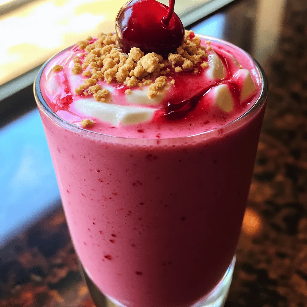 - 1 cup frozen cherries - 1/2 cup cream cheese, softened - 1/2 cup Greek yogurt - 1 cup milk (dairy or plant-based) - 2 tablespoons honey or maple syrup - 1 teaspoon vanilla extract - 1/4 teaspoon almond extract (optional) - 1/2 cup crushed graham crackers (for garnish) The cherry cheesecake smoothie combines sweet and creamy flavors. It starts with frozen cherries, which add a nice chill. I use cream cheese for a rich taste and Greek yogurt for protein. Milk helps blend everything smoothly. Sweetness comes from honey or maple syrup, and vanilla adds warmth. Almond extract gives a hint of nuttiness, but it’s optional. The crushed graham crackers on top mimic that cheesecake crust, making it fun to eat. - Calories per serving: About 300 - Protein content: 10 grams - Fat content: 9 grams - Carbohydrates: 50 grams, Sugars: 35 grams This smoothie is not just tasty; it's also packed with good stuff. You get protein from the yogurt and cream cheese, which helps you feel full. It has a good balance of carbs and sugars, mostly from the cherries and sweeteners. Check out the Full Recipe to make this delightful treat! 1. Combining ingredients in the blender Start by adding all your ingredients to the blender. You will need: - 1 cup frozen cherries - 1/2 cup cream cheese, softened - 1/2 cup Greek yogurt - 1 cup milk (dairy or plant-based) - 2 tablespoons honey or maple syrup - 1 teaspoon vanilla extract - 1/4 teaspoon almond extract (optional) Place these ingredients in the blender and secure the lid tightly. 2. Blending tips for smooth consistency Blend on high speed until the mixture is smooth and creamy. Make sure there are no chunks of cherries or cream cheese left. If your blender struggles, stop and scrape down the sides. You want a silky texture, so blend a bit longer if needed. 3. Adjusting sweetness to taste Once blended, taste your smoothie. If you want it sweeter, you can add more honey or maple syrup. Blend again briefly to mix in any extra sweetener. 1. Pouring into glasses Carefully pour the smoothie into glasses. Leave a little space at the top to add your toppings. 2. Garnishing with crushed graham crackers Take your crushed graham crackers and sprinkle them on top of each glass. This adds a nice crunch and cheesecake flavor. 3. Adding a cherry on top Finish each smoothie with a cherry on top. This makes it look pretty and adds a nice touch. Now you have a delicious Cherry Cheesecake Smoothie ready to enjoy! For the complete recipe, check out the Full Recipe above. Using fresh or frozen cherries can change your smoothie. Fresh cherries give a bright flavor but require pitting. Frozen cherries save time and make your drink cold. I often use frozen ones for a quicker prep. If you want to swap cream cheese, try ricotta or cashew cream. Greek yogurt adds protein, but regular yogurt works too. These alternatives can change the taste but still keep it creamy. To achieve a creamy texture, blend your ingredients well. Start on low speed, then increase. This helps all the pieces mix smoothly. If your smoothie is too thick, add more milk. Too thin? Blend in a bit more cream cheese or yogurt. If you face lumps, check your blender’s blade. Make sure it's sharp and clean. You can also let the cherries sit a bit to soften before blending. You can enhance the flavor with spices like cinnamon or nutmeg. A pinch can add warmth and depth. Want to make it unique? Try adding cocoa powder for a chocolate twist. Experimenting with sweeteners is fun too. If you like it sweeter, add more honey or maple syrup. You could use stevia or agave for a different taste. Adjust until it’s perfect for you. For the full recipe, check the [Full Recipe]. {{image_2}} You can make your cherry cheesecake smoothie healthier by swapping some ingredients. Use low-fat or non-dairy cream cheese to cut down on fat. This change still keeps that creamy taste. If you want to add more nutrition, try adding spinach or protein powder. Spinach blends well and adds vitamins without changing the taste much. Protein powder boosts the protein content, making it a great snack or meal option. Want to mix things up? Try a chocolate cherry cheesecake smoothie. Just add cocoa powder or chocolate syrup to the mix. This gives a rich, sweet twist. If you prefer something lighter, go for a vanilla cherry cheesecake smoothie. Use vanilla yogurt instead of plain yogurt and skip the almond extract. It’s a simple change that gives a fresh flavor. You can also adjust your smoothie based on the season. In summer, add other fruits like strawberries or peaches for a fruity kick. These fresh fruits pair nicely with cherries. In winter, add warm spices like cinnamon or nutmeg. This gives a cozy, festive feel to your drink. These variations keep your cherry cheesecake smoothie exciting all year round while sticking to the full recipe. To keep your smoothie fresh, refrigerate it in an airtight container. It stays good for about one day. If you want to make it last longer, you can freeze it. Pour the smoothie into ice cube trays for easy use later. This way, you can blend it again when you crave it. If you have leftover cream cheese, try making a quick dip. Mix it with herbs and spices for a tasty spread. For yogurt, use it in pancakes or muffins. Don't forget about leftover cherries! You can toss them into oatmeal or yogurt for extra flavor. Your cherry cheesecake smoothie lasts about 24 hours in the fridge. After that, it may lose its taste and texture. If you freeze it, it can last up to three months. Using frozen cherries helps keep the smoothie fresh longer. They lock in flavor and nutrients, making each sip delightful. A Cherry Cheesecake Smoothie is a creamy drink that tastes like dessert. It mixes frozen cherries, cream cheese, and Greek yogurt. The smoothie has a sweet and tangy flavor. You get a hint of cherry with a rich cheesecake taste. This drink is smooth and satisfying. You can enjoy it for breakfast or as a snack. It's like having your favorite cheesecake in a glass! Yes, you can use fresh cherries. However, this will change the texture. Fresh cherries make the smoothie thinner and less cold. Frozen cherries give a thicker and creamier texture. They also chill the drink, making it refreshing. If you use fresh cherries, add ice to keep it cool. Yes, this smoothie works well for meal prep. You can make it in advance and store it. To prepare, blend the ingredients and pour into jars. Seal them tightly and keep in the fridge. The smoothie stays fresh for up to two days. If you want to store it longer, freeze it. Just remember to thaw it before drinking. Yes! You can make this smoothie vegan easily. Use non-dairy cream cheese and yogurt. Almond milk or oat milk is great for the liquid. You can swap honey for maple syrup to keep it plant-based. These changes keep the rich flavor while making it vegan-friendly. The cherry cheesecake smoothie is a tasty blend of flavors and nutrients. You mix frozen cherries, cream cheese, and yogurt with a touch of sweetener. This guide showed you how to prepare it, blend it well, and serve it perfectly. Remember, you can customize the recipe with different flavors or healthier options. Have fun experimenting with ingredients! Whether you enjoy it fresh or store leftovers, this smoothie is a delightful treat any time of year.
