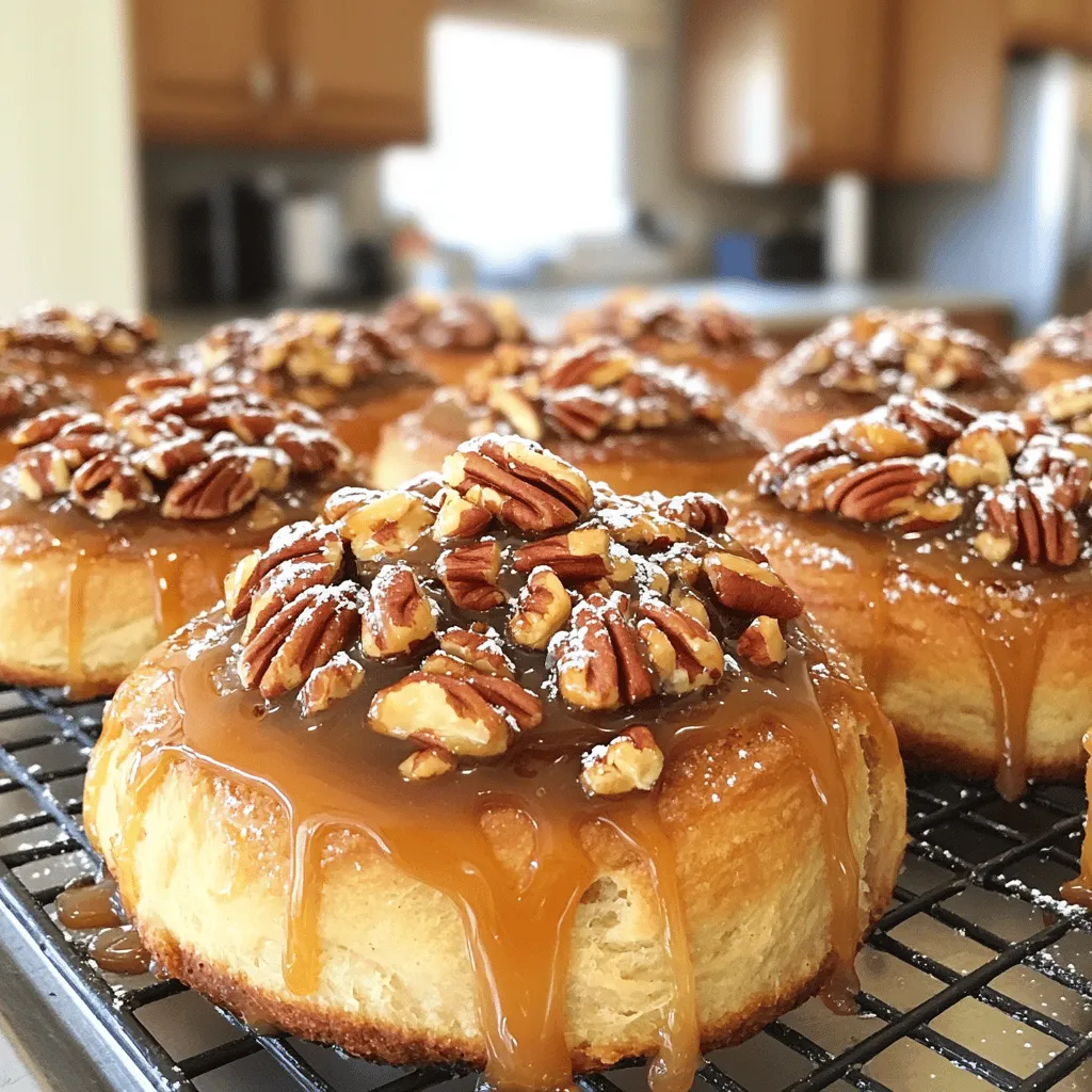 - 2 cups all-purpose flour - 1/4 cup granulated sugar - 1 packet (2 1/4 tsp) instant yeast - 1/2 teaspoon salt - 1/2 cup whole milk, warmed - 1/4 cup unsalted butter, melted - 1 large egg - 1 teaspoon vanilla extract - 1/2 cup brown sugar - 1/4 cup unsalted butter, softened - 1 cup pecans, chopped - 1 teaspoon cinnamon - 1/4 cup maple syrup When measuring flour, spoon it into the cup. Then level it off. Avoid packing it down. Use a liquid measuring cup for milk. Fill it to the desired line without spilling. For sticky ingredients like syrup, spray the measuring cup with cooking spray first. This helps them slide out easily. You can swap all-purpose flour for whole wheat flour. This gives a nutty flavor. If you want a dairy-free option, use almond milk instead of whole milk. Coconut oil can replace butter for a vegan twist. For nuts, try walnuts or hazelnuts if you don’t have pecans. Mixing Dry Ingredients First, gather your dry ingredients. In a large bowl, mix: - 2 cups all-purpose flour - 1/4 cup granulated sugar - 1 packet (2 1/4 tsp) instant yeast - 1/2 teaspoon salt This mix helps the dough rise and adds flavor. Make sure to combine well. Mixing Wet Ingredients In a separate bowl, whisk together: - 1/2 cup whole milk, warmed - 1/4 cup unsalted butter, melted - 1 large egg - 1 teaspoon vanilla extract Whisk until smooth. This adds richness to your sticky buns. Combining Ingredients Now, pour the wet mix into the dry mix. Stir until a soft dough forms. The dough should come together nicely. Next, knead the dough on a floured surface for about 5 minutes. Aim for a smooth and elastic texture. Place the dough in a greased bowl. Cover it with a damp cloth. Let it rise in a warm spot for about 1 hour. It should double in size. This step is vital for fluffy buns. While the dough rises, let's make the topping. In a saucepan, melt: - 1/4 cup unsalted butter - 1/2 cup brown sugar Do this over low heat. Stir until the sugar dissolves. Remove from heat and mix in: - 1/4 cup maple syrup - 1 cup pecans, chopped Pour this mixture into a greased 9-inch round cake pan. Spread it evenly. This topping will create a sweet, gooey layer for your sticky buns. For the full recipe, check the detailed instructions above. To make the best sticky buns, focus on the dough. Start with the right flour. All-purpose flour works great for a soft texture. Mix dry ingredients well before adding wet ones. This helps the yeast activate properly. When kneading, use a floured surface. Knead for about five minutes. The dough should feel smooth and elastic. If it seems sticky, sprinkle a little more flour. Baking is key to fluffy rolls. Preheat your oven to 350°F (175°C) first. Make sure the dough rises enough before baking. It should double in size. For even baking, space the rolls apart in the pan. This allows heat to circulate. Bake until golden brown, about 25 to 30 minutes. Keep an eye on them to avoid burning. - Serving Suggestions Serve the sticky buns warm. This will enhance their gooey texture. Drizzle any leftover caramel pecan mixture on top. It adds flavor and looks great. - Garnishing Ideas Garnish with extra chopped pecans for crunch. A light dusting of powdered sugar adds elegance. You can even serve with a side of whipped cream. This makes each bite feel special. For the complete experience, check the Full Recipe for Caramel Pecan Sticky Buns. {{image_2}} If you want to mix things up, try using different nuts. Walnuts work well in this recipe. They add a nice crunch and a warm flavor. Almonds are another great choice. They give a sweet, nutty taste that pairs nicely with caramel. Just make sure to chop them up like you would with pecans. This way, every bite is full of yummy goodness. Consider adding dried fruits to your sticky buns. Raisins or cranberries can boost flavor and sweetness. If you want a tropical twist, go for dried pineapple or mango. Just sprinkle them on the dough before you roll it up. The fruit will plump up while baking, adding a burst of flavor. You can also try different glazes to top your sticky buns. A cream cheese glaze adds a rich, tangy taste. A simple glaze made from powdered sugar and milk will sweeten the deal. Drizzle it over the buns once they cool a bit. This adds a nice touch and makes them even more delightful. For those who need gluten-free options, you can still enjoy these sticky buns. Use a gluten-free all-purpose flour blend instead of regular flour. Make sure it contains xanthan gum for better texture. The rest of the recipe stays the same. You’ll create a tasty treat that everyone can enjoy. For the complete recipe, check the Full Recipe section. To store leftover sticky buns, place them in an airtight container. This keeps them fresh. You can also wrap them tightly in plastic wrap. Make sure to cool them to room temperature first. Storing them this way helps keep their soft texture. You can freeze sticky buns for later. Wrap each bun in plastic wrap, then place them in a freezer bag. Label the bag with the date. To reheat, thaw them in the fridge overnight. Then, warm them in the oven at 350°F (175°C) for about 10-15 minutes. This brings back their gooey goodness. When stored properly, sticky buns last about 3 days at room temperature. If you put them in the fridge, they can last up to a week. Freezing extends their life to about 3 months. Enjoy your delicious treats anytime! Caramel Pecan Sticky Buns stay fresh for about 2 to 3 days at room temperature. Store them in an airtight container to keep them soft. You can also put them in the fridge for up to a week. Just remember, refrigeration can change the texture a bit. Yes, you can prepare the dough the night before. After mixing, cover it and let it rise in the fridge. The next morning, take it out, let it warm up, and shape it. This way, you save time and still have fresh buns. To reheat sticky buns, place them in a microwave for about 10 to 15 seconds. This warms them up nicely without drying them out. If you want a crispy edge, pop them in the oven at 350°F (175°C) for about 5 to 10 minutes. You can use active dry yeast, but you will need to activate it first. Mix it with warm milk and a bit of sugar. Let it sit for about 5 to 10 minutes until it bubbles. Then, mix it into your dough as you would with instant yeast. For the full recipe, check out the detailed steps and ingredients listed above. You will enjoy every bite of these sweet, sticky buns! You’ve learned the key ingredients and steps to make delicious Caramel Pecan Sticky Buns. From mixing the dough to perfecting the topping, each part matters for the best result. Remember to experiment with flavors and ways to store leftovers. These tips will make your baking easier and tastier. I hope you feel excited to create your own version of these sweet treats. Enjoy sharing them with friends and family!