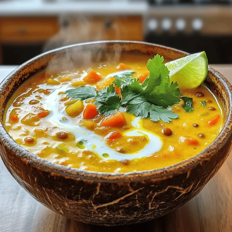 To make a delicious Coconut Curry Lentil Soup, you need simple and fresh ingredients. Each one adds flavor and nutrition. Here’s what you will need: - 1 cup red lentils, rinsed and drained - 1 can (14 oz) coconut milk - 1 tablespoon coconut oil - 1 medium onion, finely chopped - 3 cloves garlic, minced - 1 tablespoon fresh ginger, grated - 2 teaspoons curry powder - 1 teaspoon turmeric powder - 1 teaspoon cumin seeds - 4 cups vegetable broth - 1 medium carrot, diced - 1 bell pepper (red or yellow), chopped - 1 cup spinach, fresh or frozen - Salt and pepper to taste - Fresh cilantro for garnish - Lime wedges for serving These ingredients create a warm and hearty dish. The red lentils provide protein and fiber. Coconut milk makes the soup creamy and rich. The spices bring a lovely warmth and flavor. You can find the full recipe [here]. When you gather your ingredients, you set the stage for a comforting meal. Each item plays a key role in the final taste. The fresh herbs and lime add brightness to the rich soup. Enjoy the process of cooking with these vibrant ingredients! To make this coconut curry lentil soup, follow these easy steps. 1. Heat the coconut oil: Start by heating the coconut oil in a large pot over medium heat. This oil adds a nice flavor to the soup. 2. Sauté onion, garlic, and ginger: Next, add the finely chopped onion. Sauté it until it turns translucent, which takes about five minutes. Then, stir in the minced garlic and grated ginger. Cook them for another two minutes until they smell great. 3. Add spices and vegetable broth: Now, add the curry powder, turmeric, and cumin seeds. Stir well so the spices coat the onion mixture. This step builds the soup's rich flavor. Pour in the vegetable broth and bring it to a simmer. 4. Stir in lentils and vegetables: Add the rinsed red lentils, diced carrot, and chopped bell pepper. Stir everything together. Cover the pot and let it cook for about 20 minutes. This allows the lentils and vegetables to become tender. 5. Incorporate coconut milk and spinach: Once the lentils are cooked, stir in the coconut milk and spinach. Cook for another five minutes. You want the spinach to wilt and the soup to heat through. 6. Season and serve: Finally, season with salt and pepper to your taste. Serve the soup hot. Garnish with fresh cilantro and add lime wedges on the side for a zesty touch. This recipe is not only simple but also delicious. You can find the full recipe above for your reference. Enjoy your cooking! To make your Coconut Curry Lentil Soup even better, try these tips: - Adjust seasoning to taste with additional spices. You can add more curry powder or a pinch of chili for heat. - Use fresh herbs like cilantro or basil for added flavor. They brighten the dish and enhance the taste. - Experiment with different vegetables or lentil varieties. You can swap red lentils for green or brown lentils if you like. Adding seasonal veggies can also make it special! The way you cook makes a big difference. Here are some techniques: - For sautéing vegetables, start with medium heat. This helps the onion get soft and sweet without burning. Stir often for even cooking. - To achieve the right texture for lentils, rinse them well before cooking. This removes any dust and helps them cook evenly. Keep an eye on them while simmering. You want them soft but not mushy. These tips will help you create a flavorful and comforting Coconut Curry Lentil Soup. For the full recipe, don’t forget to check the recipe section! {{image_2}} You can easily make coconut curry lentil soup vegan or gluten-free. The base of this soup is already vegan, using lentils and vegetables. Just ensure your vegetable broth is vegan-friendly. For gluten-free options, check that your spices are gluten-free. If you want to change the flavor, there are good alternatives to coconut milk. You can use almond milk for a nutty taste or cashew cream for a rich texture. These swaps keep the soup creamy while adding a new twist. Want to spice things up? Make a spicy coconut curry lentil soup by adding red pepper flakes or fresh chili peppers. This change will give the soup a nice kick. If you prefer a creamier soup, add extra cream or whole milk. This makes the soup rich and smooth. Exploring these variations lets you customize the dish to fit your taste. Each option brings its unique flavor, making this soup a fun choice for any meal. For the full recipe, check out the detailed instructions provided. To keep your coconut curry lentil soup fresh, store it in the fridge. Use airtight containers. This helps prevent strong odors from other foods from mixing in. You can store leftovers for about 3 to 5 days. For longer storage, freeze your soup. When freezing, use freezer-safe containers or heavy-duty freezer bags. Leave some space at the top, as the soup will expand when frozen. Label the containers with the date. This way, you can track how long it's been stored. Reheating your soup is easy and keeps the flavors intact. The best way is to use a pot on the stove. Heat it over medium-low heat. Stir often to make sure it warms evenly. If your soup seems too thick, add a splash of vegetable broth or water. This adds moisture back into the soup. You can also use a microwave. Just heat it in a microwave-safe bowl. Cover it to keep moisture in, and stir halfway through. For both methods, always taste and adjust the seasoning as needed. Enjoy your soup warm and comforting! What can I substitute for red lentils? You can use yellow lentils or split peas. Both will work well in this soup. They have a similar texture and cook time. However, red lentils cook faster and break down more. This gives the soup a creamy base. Can I freeze coconut curry lentil soup? Yes, you can freeze this soup. Let it cool down first. Then, pour it into airtight containers. It will last for about three months in the freezer. When you want to eat it, thaw it in the fridge overnight. Heat it on the stove or in the microwave. How long does the soup last in the refrigerator? The soup lasts about four days in the fridge. Store it in an airtight container. Make sure to check for any off smells or changes in texture before serving. Coconut curry lentil soup is packed with nutrients. The red lentils are rich in protein and fiber. They help keep you full and satisfied. Coconut milk adds healthy fats. These fats can support heart health. The spices, like turmeric and cumin, have anti-inflammatory properties. Each serving has about 300 calories. It contains: - Protein: 12 grams - Fiber: 10 grams - Fat: 15 grams - Carbohydrates: 30 grams This soup is not just tasty; it is also good for you! You can find the full recipe above to start cooking today. In this blog post, we explored making a delicious coconut curry lentil soup. We covered ingredients like red lentils, coconut milk, and spices. I outlined simple steps for preparation and offered tips for enhancing flavor. Variations allow for dietary adjustments, while storage tips help keep leftovers fresh. Overall, this dish is nutritious and easy to make. Enjoy experimenting with flavors and make it your own. Your kitchen will smell amazing, and each bite will be rewarding. Happy cooking!