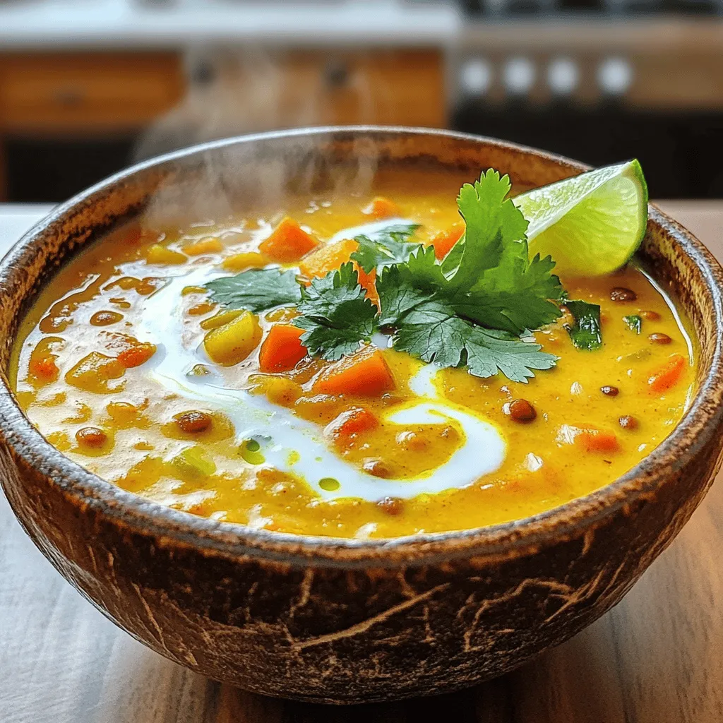 To make a delicious Coconut Curry Lentil Soup, you need simple and fresh ingredients. Each one adds flavor and nutrition. Here’s what you will need: - 1 cup red lentils, rinsed and drained - 1 can (14 oz) coconut milk - 1 tablespoon coconut oil - 1 medium onion, finely chopped - 3 cloves garlic, minced - 1 tablespoon fresh ginger, grated - 2 teaspoons curry powder - 1 teaspoon turmeric powder - 1 teaspoon cumin seeds - 4 cups vegetable broth - 1 medium carrot, diced - 1 bell pepper (red or yellow), chopped - 1 cup spinach, fresh or frozen - Salt and pepper to taste - Fresh cilantro for garnish - Lime wedges for serving These ingredients create a warm and hearty dish. The red lentils provide protein and fiber. Coconut milk makes the soup creamy and rich. The spices bring a lovely warmth and flavor. You can find the full recipe [here]. When you gather your ingredients, you set the stage for a comforting meal. Each item plays a key role in the final taste. The fresh herbs and lime add brightness to the rich soup. Enjoy the process of cooking with these vibrant ingredients! To make this coconut curry lentil soup, follow these easy steps. 1. Heat the coconut oil: Start by heating the coconut oil in a large pot over medium heat. This oil adds a nice flavor to the soup. 2. Sauté onion, garlic, and ginger: Next, add the finely chopped onion. Sauté it until it turns translucent, which takes about five minutes. Then, stir in the minced garlic and grated ginger. Cook them for another two minutes until they smell great. 3. Add spices and vegetable broth: Now, add the curry powder, turmeric, and cumin seeds. Stir well so the spices coat the onion mixture. This step builds the soup's rich flavor. Pour in the vegetable broth and bring it to a simmer. 4. Stir in lentils and vegetables: Add the rinsed red lentils, diced carrot, and chopped bell pepper. Stir everything together. Cover the pot and let it cook for about 20 minutes. This allows the lentils and vegetables to become tender. 5. Incorporate coconut milk and spinach: Once the lentils are cooked, stir in the coconut milk and spinach. Cook for another five minutes. You want the spinach to wilt and the soup to heat through. 6. Season and serve: Finally, season with salt and pepper to your taste. Serve the soup hot. Garnish with fresh cilantro and add lime wedges on the side for a zesty touch. This recipe is not only simple but also delicious. You can find the full recipe above for your reference. Enjoy your cooking! To make your Coconut Curry Lentil Soup even better, try these tips: - Adjust seasoning to taste with additional spices. You can add more curry powder or a pinch of chili for heat. - Use fresh herbs like cilantro or basil for added flavor. They brighten the dish and enhance the taste. - Experiment with different vegetables or lentil varieties. You can swap red lentils for green or brown lentils if you like. Adding seasonal veggies can also make it special! The way you cook makes a big difference. Here are some techniques: - For sautéing vegetables, start with medium heat. This helps the onion get soft and sweet without burning. Stir often for even cooking. - To achieve the right texture for lentils, rinse them well before cooking. This removes any dust and helps them cook evenly. Keep an eye on them while simmering. You want them soft but not mushy. These tips will help you create a flavorful and comforting Coconut Curry Lentil Soup. For the full recipe, don’t forget to check the recipe section! {{image_2}} You can easily make coconut curry lentil soup vegan or gluten-free. The base of this soup is already vegan, using lentils and vegetables. Just ensure your vegetable broth is vegan-friendly. For gluten-free options, check that your spices are gluten-free. If you want to change the flavor, there are good alternatives to coconut milk. You can use almond milk for a nutty taste or cashew cream for a rich texture. These swaps keep the soup creamy while adding a new twist. Want to spice things up? Make a spicy coconut curry lentil soup by adding red pepper flakes or fresh chili peppers. This change will give the soup a nice kick. If you prefer a creamier soup, add extra cream or whole milk. This makes the soup rich and smooth. Exploring these variations lets you customize the dish to fit your taste. Each option brings its unique flavor, making this soup a fun choice for any meal. For the full recipe, check out the detailed instructions provided. To keep your coconut curry lentil soup fresh, store it in the fridge. Use airtight containers. This helps prevent strong odors from other foods from mixing in. You can store leftovers for about 3 to 5 days. For longer storage, freeze your soup. When freezing, use freezer-safe containers or heavy-duty freezer bags. Leave some space at the top, as the soup will expand when frozen. Label the containers with the date. This way, you can track how long it's been stored. Reheating your soup is easy and keeps the flavors intact. The best way is to use a pot on the stove. Heat it over medium-low heat. Stir often to make sure it warms evenly. If your soup seems too thick, add a splash of vegetable broth or water. This adds moisture back into the soup. You can also use a microwave. Just heat it in a microwave-safe bowl. Cover it to keep moisture in, and stir halfway through. For both methods, always taste and adjust the seasoning as needed. Enjoy your soup warm and comforting! What can I substitute for red lentils? You can use yellow lentils or split peas. Both will work well in this soup. They have a similar texture and cook time. However, red lentils cook faster and break down more. This gives the soup a creamy base. Can I freeze coconut curry lentil soup? Yes, you can freeze this soup. Let it cool down first. Then, pour it into airtight containers. It will last for about three months in the freezer. When you want to eat it, thaw it in the fridge overnight. Heat it on the stove or in the microwave. How long does the soup last in the refrigerator? The soup lasts about four days in the fridge. Store it in an airtight container. Make sure to check for any off smells or changes in texture before serving. Coconut curry lentil soup is packed with nutrients. The red lentils are rich in protein and fiber. They help keep you full and satisfied. Coconut milk adds healthy fats. These fats can support heart health. The spices, like turmeric and cumin, have anti-inflammatory properties. Each serving has about 300 calories. It contains: - Protein: 12 grams - Fiber: 10 grams - Fat: 15 grams - Carbohydrates: 30 grams This soup is not just tasty; it is also good for you! You can find the full recipe above to start cooking today. In this blog post, we explored making a delicious coconut curry lentil soup. We covered ingredients like red lentils, coconut milk, and spices. I outlined simple steps for preparation and offered tips for enhancing flavor. Variations allow for dietary adjustments, while storage tips help keep leftovers fresh. Overall, this dish is nutritious and easy to make. Enjoy experimenting with flavors and make it your own. Your kitchen will smell amazing, and each bite will be rewarding. Happy cooking!