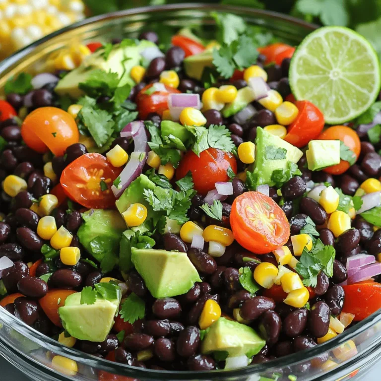 - 1 can (15 oz) black beans, rinsed and drained - 1 cup corn kernels (fresh or frozen) - 1 red bell pepper, diced - 1 small red onion, finely chopped - 1 avocado, diced - Juice of 2 limes - 2 tablespoons olive oil - 1 teaspoon cumin - 1 teaspoon chili powder - Salt and pepper to taste - Step 1: In a large bowl, combine black beans, corn, diced red bell pepper, and chopped red onion. - Step 2: Add halved cherry tomatoes and diced avocado to the bowl. - Step 3: In a small bowl, whisk lime juice, olive oil, cumin, chili powder, salt, and pepper. - Step 4: Gently fold in cilantro to mix well. - Step 5: Adjust seasoning as needed and let sit for 10 minutes. This salad is colorful and tasty. You can find the Full Recipe to make it easy! To make your Zesty Black Bean Salad pop, allow the flavors to meld. After mixing, let it sit for about ten minutes. This time helps the tastes blend together. You can also adjust spices to fit your taste. If you like it spicy, add more chili powder. If you want a milder dish, use less. Always taste and tweak as needed. Serving the salad in glass bowls is a great idea. It shows off the vibrant colors. You can also serve it in individual cups for a fun touch. To make it even prettier, garnish with cilantro and lime. This adds a splash of color and fresh flavor. A well-presented dish makes everyone excited to eat! Feel free to change the ingredients to suit your needs. You can add proteins like chicken or shrimp for a hearty meal. For a vegetarian or vegan option, leave out any animal products. You can swap in other veggies too, like diced cucumbers or jalapeños. It's all about what you enjoy. You can try different oils for the dressing. Avocado oil gives a nice flavor twist. You might also want to use herbs like basil or parsley. These additions can change the taste profile and keep it fresh. Experiment with what you have to find your favorite mix. For the full recipe, check the main article. To keep your zesty black bean salad fresh, store it in the fridge. Use an airtight container. The salad will stay good for about 3 days. If you notice any browning on the avocado, eat it sooner. You can freeze this salad, but some parts change texture. If you want to freeze it, skip adding the avocado and cilantro first. Pack the rest in a freezer-safe bag. It’s best to eat it within 3 months. When ready to eat, let it thaw in the fridge overnight. Then, mix in fresh avocado and cilantro for the best flavor. Black beans offer a lot of fiber. One cup has about 15 grams. This helps with digestion and keeps you full longer. Other ingredients also add value. Corn gives you vitamins, while bell peppers add antioxidants. Together, they make this salad not just tasty but healthy. A good serving size is about 1 cup. This amount provides a nice mix of nutrients. It helps you get enough fiber and vitamins without overdoing it. Enjoy this salad as a side or a main dish for balanced meals. For the complete recipe, check the [Full Recipe]. {{image_2}} How do I make a Zesty Black Bean Salad? To make this salad, gather your ingredients. You will need black beans, corn, red bell pepper, red onion, avocado, cherry tomatoes, and cilantro. Then, rinse and drain the black beans. Chop the veggies and mix them in a bowl. For the dressing, whisk lime juice, olive oil, cumin, chili powder, salt, and pepper. Pour this over the salad. Toss gently to mix, then fold in the cilantro. This salad is fresh and colorful! Can I prepare this salad ahead of time? Yes, you can make this salad ahead of time! It tastes even better after the flavors blend. Just prepare all the ingredients, but wait to add the avocado and cilantro until closer to serving. This keeps the avocado fresh and green. You can store it in the fridge for up to two days. Just stir it well before serving. What can I add for extra protein? For extra protein, you can add cooked chicken or shrimp. Black beans already provide some protein, but these additions give a nice boost. You can also use quinoa or chickpeas for a vegetarian option. They blend well with the other flavors and make the dish heartier. This blog post covered how to make a tasty Zesty Black Bean Salad. We talked about main ingredients like black beans, corn, and avocado, plus a flavorful dressing. I shared step-by-step instructions to help you mix and serve the salad perfectly. Use the tips to enhance flavor and presentation. Remember, this salad is customizable to fit your taste. Whether you want to add protein or try a new dressing, feel free to experiment. Enjoy healthy eating with this simple, vibrant dish!