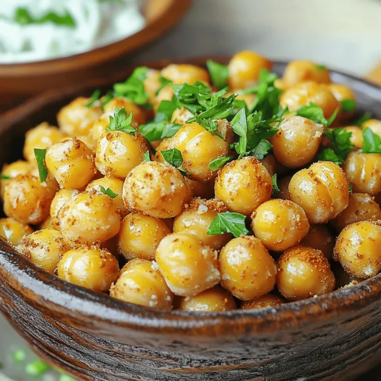To make crispy roasted chickpeas, gather these simple items: - 1 can (15 oz) chickpeas, drained and rinsed - 2 tablespoons olive oil - 1 teaspoon smoked paprika - 1 teaspoon garlic powder - 1/2 teaspoon ground cumin - 1/2 teaspoon sea salt - 1/4 teaspoon black pepper - 1/4 teaspoon cayenne pepper (optional for heat) - Fresh parsley, chopped (for garnish) You can change the flavor of your crispy chickpeas. Here are some ideas: - Use curry powder for a warm spice. - Add lemon zest for a fresh kick. - Try nutritional yeast for a cheesy taste. - Mix in some herbs like rosemary or thyme. These options let you create a snack that fits your taste. Chickpeas are not just tasty; they are also healthy. Here’s why they are great: - High in protein: Chickpeas give you a good dose of plant-based protein. - Rich in fiber: They help keep your gut healthy and can aid digestion. - Low in fat: This snack is a better choice than chips or other fried snacks. - Packed with vitamins: They contain iron, magnesium, and B vitamins. Adding chickpeas to your diet can boost your health and keep you full longer. For the full recipe, you can check out the Crispy Roasted Chickpea Snack 🥳. To start, you need to prepare the chickpeas. Grab a can of chickpeas, about 15 ounces. Drain and rinse them under cold water. This step washes away extra salt and reduces the canned taste. Next, spread the chickpeas on a clean kitchen towel. Pat them dry gently. It’s important to remove moisture. Dry chickpeas become crispier when roasted. Now, let’s get to the seasoning. In a large bowl, combine your dried chickpeas with 2 tablespoons of olive oil. Add 1 teaspoon of smoked paprika, 1 teaspoon of garlic powder, and 1/2 teaspoon of ground cumin. Sprinkle in 1/2 teaspoon of sea salt, 1/4 teaspoon of black pepper, and 1/4 teaspoon of cayenne pepper if you want some heat. Mix everything well. Make sure each chickpea gets coated in those tasty spices. This step adds flavor and excitement to your snack. For the roasting, preheat your oven to 400°F (200°C). Line a baking sheet with parchment paper. Spread the seasoned chickpeas in a single layer on the sheet. This helps them cook evenly. Roast in the oven for 20-25 minutes. Halfway through, shake the pan gently. This action helps ensure even cooking. You want them to turn golden brown and crispy. Once done, take them out and let them cool slightly. Taste and adjust the seasoning if needed. For a nice touch, garnish with chopped fresh parsley before you enjoy. You can follow the full recipe for details and enjoy these crispy roasted chickpeas anytime! To get the crispiest chickpeas, start by drying them well. After rinsing, use a kitchen towel to absorb moisture. This step is key. The drier the chickpeas, the crunchier they will be. Also, roast them at a high temperature. I recommend 400°F (200°C). This heat helps them turn golden brown and crisp. Shake the pan halfway through cooking. This action ensures that all sides get even heat. Crispy roasted chickpeas pair well with many dips. Try tzatziki or hummus for a creamy touch. You can also serve them with guacamole for a fresh taste. If you want a kick, consider a spicy salsa. For a twist, sprinkle some nutritional yeast on top. This gives a cheesy flavor without dairy. Mix and match flavors to find your favorite combination. One common mistake is not drying the chickpeas enough. If they stay wet, they won’t get crispy. Another mistake is overcrowding the baking sheet. Spread them out in one layer for best results. Avoid using too much oil; just enough to coat is perfect. Finally, don’t skip shaking the pan. This step is vital for even cooking. Following these tips will help you make perfect crispy roasted chickpeas every time. For the complete recipe, check the Full Recipe section. {{image_2}} You can change the flavor of crispy roasted chickpeas easily. Try using different spices. Instead of smoked paprika, you might like chili powder for a kick. If you want something zesty, use lemon zest or zest from a lime. Mix it up! Use Italian herbs like oregano or basil for a fresh taste. You can add more ingredients to your chickpeas for fun twists. Try tossing in some nuts or seeds. Sunflower seeds or pumpkin seeds add crunch and nutrition. You can also mix in some dried herbs like thyme or rosemary. These additions can make your snack even more exciting! Crispy roasted chickpeas can be both sweet and savory. For a sweet snack, coat the chickpeas with a little maple syrup and cinnamon. Roast them just like the savory ones. They become a crunchy treat that’s perfect for dessert. You can make both types and serve them together. It’s a great way to please everyone! To keep your crispy roasted chickpeas fresh, store them in an airtight container. Glass jars work great, as do plastic containers with tight lids. Avoid leaving them out in the open, as they can get stale quickly. If you have leftovers, let them cool completely before sealing them up. This helps maintain their crunch. If your roasted chickpeas lose some crispiness, you can easily reheat them. Spread them on a baking sheet and place them in a preheated oven at 350°F (175°C) for about 5 to 10 minutes. This method revives their crunch without overcooking them. You can also toss them into an air fryer for about 3 minutes on high heat. Crispy roasted chickpeas can last for about one week when stored properly. However, the sooner you eat them, the better! For the best taste and texture, enjoy them within the first few days. After that, they may lose their delightful crunch. For long-term storage, consider freezing them, though the texture may change slightly once thawed. For the full recipe, check out the Crispy Roasted Chickpea Snack. Yes, you can use dried chickpeas. First, soak them overnight in water. After soaking, cook them until they are tender. Then, dry them well before seasoning and roasting. This method takes more time, but the flavor is rich and satisfying. To make crispy roasted chickpeas in an air fryer, follow these steps: - Drain and rinse the chickpeas. - Pat them dry with a towel. - Toss the chickpeas with olive oil and spices in a bowl. - Place them in the air fryer basket in a single layer. - Cook at 400°F (200°C) for 12-15 minutes. - Shake the basket halfway for even cooking. This method gives you great crunch without using the oven. You can find pre-made crispy roasted chickpea snacks at many grocery stores. Look in the snack aisle or the health food section. Some online retailers also offer them. Check brands that focus on healthy snacks to find tasty options. In this blog post, we explored how to make crispy roasted chickpeas. We covered key ingredients, including optional ones for flavor. You learned step-by-step instructions to prepare, season, and roast chickpeas. I shared tips for maximum crispiness and flavor pairings. Additionally, we looked at storage best practices and answered common questions. Crispy roasted chickpeas are easy to make and delicious. Use your favorite spices to customize them. Enjoy your healthy snacks!