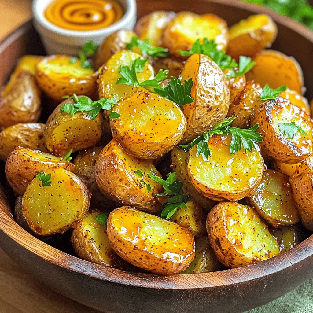 To make honey mustard roasted potatoes, gather these simple ingredients: - 2 pounds baby potatoes, halved - 3 tablespoons honey - 3 tablespoons Dijon mustard - 2 tablespoons olive oil - 1 teaspoon garlic powder - ½ teaspoon smoked paprika - Salt and pepper, to taste - Fresh parsley, chopped (for garnish) You can easily swap some ingredients if needed. Here are a few ideas: - Potatoes: Use any small potato, like red or fingerling. - Honey: Maple syrup works well for a different sweetness. - Dijon mustard: Yellow mustard can be a good alternative. - Olive oil: Canola or avocado oil will also work. - Garlic powder: Fresh minced garlic adds a nice kick. - Smoked paprika: Regular paprika gives a milder taste. This dish is not only tasty but also fairly healthy. Here’s a quick look at what you get per serving: - Calories: 200 - Protein: 3g - Fat: 7g - Carbohydrates: 34g - Fiber: 4g - Sugar: 4g You can find the full recipe [Full Recipe] for step-by-step instructions. This recipe takes about 10 minutes to prep. You will need about 30 minutes to cook them. In total, you will spend about 40 minutes to make these tasty honey mustard roasted potatoes. 1. First, set your oven to 400°F (200°C). This heat helps the potatoes turn nice and crispy. 2. Next, grab a large mixing bowl. In it, whisk together 3 tablespoons of honey, 3 tablespoons of Dijon mustard, and 2 tablespoons of olive oil. Add 1 teaspoon of garlic powder, ½ teaspoon of smoked paprika, salt, and pepper. Mix it well. 3. Now, take 2 pounds of halved baby potatoes and toss them in the honey mustard mix. Make sure every piece gets coated. 4. Spread the coated potatoes on a baking sheet lined with parchment paper. Place them cut side down. This step helps them caramelize better. 5. Roast the potatoes for 25-30 minutes. Flip them halfway through for even browning. 6. After they are golden brown and tender, take them out of the oven. Let them cool for a few minutes. 7. Before serving, taste and adjust the seasoning if you want. Finally, garnish with fresh chopped parsley. - Make sure not to overcrowd the baking sheet. This helps the heat circulate. - Use fresh ingredients for the best flavor. Fresh parsley really lifts the dish. - Preheating the oven is key. It ensures even cooking from the start. - For extra crispiness, try flipping the potatoes halfway through cooking. This helps all sides get that nice golden color. These tips will help you create perfectly roasted and flavorful honey mustard potatoes. Enjoy the process and the tasty results! For the complete recipe, check [Full Recipe]. When making honey mustard roasted potatoes, avoid these common errors: - Choosing the wrong potato: Baby potatoes work best. They are small and cook evenly. - Not cutting potatoes evenly: Halve them to ensure they roast at the same rate. - Skipping the toss: Always coat the potatoes well in the honey mustard mix. This adds flavor. - Overcrowding the pan: Leave space between potatoes for even roasting. This helps them crisp up. Honey mustard roasted potatoes shine when served warm. They go great with many main dishes. Try them with: - Grilled chicken for a tasty combo. - Baked fish for a light meal. - A fresh salad to balance flavors. Place them in a rustic bowl for a beautiful presentation. Garnish with parsley for a pop of color. These potatoes pair well with: - Green beans: Their crunch complements the soft potatoes. - Steak: The richness of steak goes well with the sweet mustard. - Pork chops: This classic match brings out the best in both dishes. For a fun twist, serve extra honey mustard on the side for dipping. Try this recipe for a delightful side dish. Check out the Full Recipe for all the details! {{image_2}} You can use many types of potatoes for this dish. Baby potatoes work great, but you can also try red or Yukon gold potatoes. These types hold their shape well during cooking. If you want a creamier taste, use Russet potatoes. They give a nice fluffy texture inside. Each kind brings its own flavor to the mix, so feel free to experiment. Mixing in other vegetables can add color and flavor. Carrots and bell peppers pair well with potatoes. You can also add sliced onions for a sweet touch. Just remember to cut all veggies to the same size. This helps them cook evenly. Toss them in the honey mustard mix with the potatoes for a tasty twist. You can amp up the flavor with herbs and spices. Fresh rosemary or thyme adds great taste. Just chop them finely and add them to the mix. If you like heat, try a pinch of cayenne pepper. It gives a nice kick without overpowering the dish. You can find your perfect blend of flavors by trying different combinations. For the full recipe, check out the Honey Mustard Roasted Potatoes recipe. After you enjoy your honey mustard roasted potatoes, let them cool down. Place the leftovers in an airtight container. They can stay fresh in the fridge for up to three days. Make sure to seal the container well to keep moisture out. When you're ready to eat your leftovers, preheat your oven to 350°F (175°C). Spread the potatoes on a baking sheet. Heat them for about 10-15 minutes until they are warm and crispy again. This helps keep them tasty and prevents sogginess. You can freeze these potatoes if you want to save some for later. First, let them cool completely. Then, place them in a freezer-safe container or bag. They can last for up to three months in the freezer. When you're ready to eat, thaw them overnight in the fridge before reheating. Yes, you can prepare honey mustard roasted potatoes in advance. Make the honey mustard mix and coat the potatoes. Store them in the fridge for up to 24 hours. When you're ready to cook, spread them on a baking sheet and roast. This saves time and makes meal prep easier. Dijon mustard is my top choice for this recipe. It gives a smooth, tangy flavor. You can also try whole grain mustard for a bit of texture. If you want something sweeter, use honey mustard. The key is to pick a mustard that matches your taste. Absolutely! Sweet potatoes add a lovely sweetness that pairs well with the honey mustard. Just cut them into similar-sized pieces for even cooking. The roasting time may be a bit shorter, so keep an eye on them for the best results. For the full recipe, check out [Full Recipe]. In this blog post, I shared how to make honey mustard roasted potatoes. We discussed ingredients, step-by-step instructions, and essential tips. I covered ingredient substitutions and explored variations you can try. You learned about storing leftovers and reheating methods. I hope these tips help you create tasty dishes. Enjoy experimenting with flavors and finding your favorite versions!
