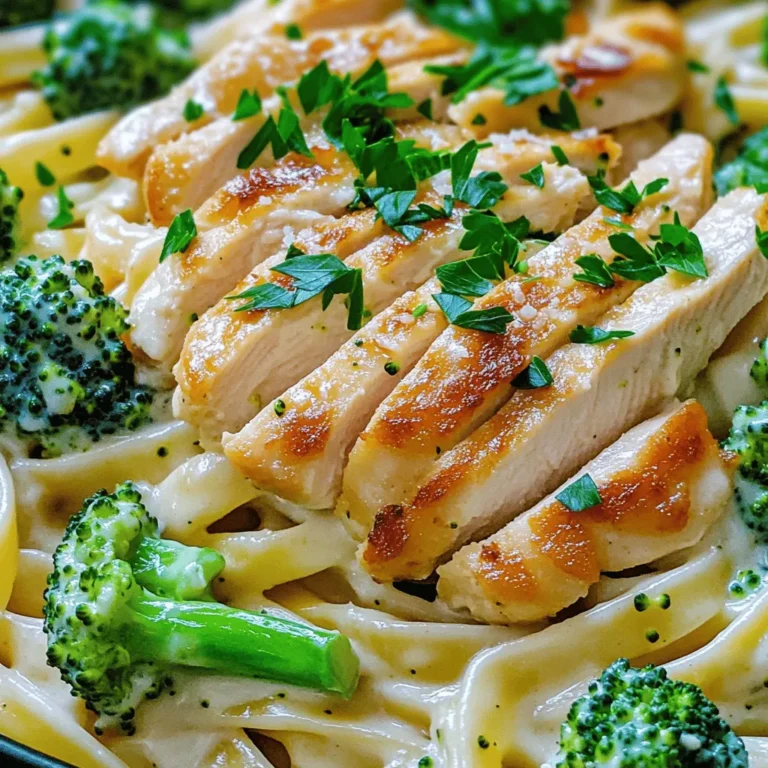 - Chicken and Broccoli - 2 boneless, skinless chicken breasts - 1 cup broccoli florets - Fettuccine Pasta - 8 oz fettuccine pasta - Alfredo Sauce Components - 2 tablespoons olive oil - 3 cloves garlic, minced - 1 cup heavy cream - 1 cup grated Parmesan cheese - Seasonings and Garnish - Salt and pepper to taste - 1 teaspoon Italian seasoning - Fresh parsley, chopped (for garnish) To make Chicken and Broccoli Alfredo, these ingredients are key. Start with fresh chicken breasts and vibrant broccoli. The fettuccine pasta acts as the perfect base. For the sauce, heavy cream and Parmesan cheese create that rich, creamy texture we love. Don't forget the garlic for flavor. Seasonings like salt, pepper, and Italian herbs enhance the dish. Lastly, parsley adds a fresh touch on top. This full recipe brings it all together in a delicious meal. To cook the fettuccine, start with a large pot. Fill it with salted water and bring it to a boil. I suggest using about 1 tablespoon of salt. This adds flavor right to the pasta. Add the fettuccine and cook according to the package instructions. Usually, it takes about 8 to 10 minutes to reach al dente. Now, here’s a great tip. In the last 3 minutes of cooking, toss in the broccoli florets. This method makes sure your broccoli stays bright and crisp. Once done, drain the pasta and broccoli together. Always remember to save about 1/2 cup of pasta water. We might need it later for the sauce. Next, let's focus on the chicken. Start by seasoning the chicken breasts with salt, pepper, and Italian seasoning. I recommend using a good amount to enhance the taste. Heat your skillet over medium-high heat and add 2 tablespoons of olive oil. This will help the chicken brown nicely. Cook the chicken for about 6 to 7 minutes on each side. You want it to reach an internal temperature of 165°F (75°C). The chicken should look golden brown. After cooking, let it rest for a few minutes before slicing. This helps keep the juices in. For the Alfredo sauce, we need to sauté the garlic first. In the same skillet where you cooked the chicken, reduce the heat to medium. Add the minced garlic and sauté for about 30 seconds. You want it to smell fragrant but not brown. Next, pour in the heavy cream. Bring it to a gentle simmer. Stir in the grated Parmesan cheese until it melts. This is where the magic happens! If the sauce feels too thick, add a splash of the reserved pasta water. This will help you reach the perfect sauce consistency. Now it’s time to combine everything. Add the cooked fettuccine and broccoli to the skillet with the Alfredo sauce. Toss gently to coat all the pasta and broccoli evenly. If it needs more flavor, sprinkle in some salt and pepper to taste. Before serving, slice the cooked chicken and place it on top of the pasta. This adds a nice touch. Don’t forget to garnish with freshly chopped parsley for a pop of color. Enjoy your creamy Chicken and Broccoli Alfredo! For more details, check the Full Recipe. - Use of Fresh Herbs: Fresh herbs add a bright taste. I love adding parsley or basil. Chop them finely and sprinkle on top before serving. This adds color and freshness to your dish. - Alternative Seasonings: While Italian seasoning is great, feel free to mix things up. Try adding a pinch of red pepper flakes for heat. Lemon zest can also brighten the flavor. - Skillet Tips for Chicken: When cooking chicken, use medium-high heat. This gives a nice brown crust. Let the chicken rest after cooking. This keeps it juicy and tender. - Pasta Cooking Hacks: For perfect pasta, always salt your water. This enhances the pasta's flavor. Remember to reserve some pasta water. You can use it to adjust your sauce later. - Adjusting Sauce Thickness: If your Alfredo sauce is too thick, add reserved pasta water. Start with a tablespoon and mix. Keep adding until it reaches your desired creaminess. - Preventing Separation: To avoid sauce separation, don’t boil it once you add the cheese. Keep the heat low and stir gently. This helps the cheese melt smoothly into the sauce. {{image_2}} You can switch up your chicken choice. Chicken thighs bring a richer taste. They remain moist and tender. You can also try shrimp for a seafood twist. Just cook them until they turn pink for best results. For a dairy-free version, use coconut cream. It adds a nice flavor while keeping it creamy. Almond milk can also work, but it may not be as rich. Be sure to add some nutritional yeast for a cheesy flavor. Adding spinach or peas can enhance the dish. Spinach cooks quickly and adds color. Peas bring sweetness and a pop of green. You can toss them in during the last few minutes of cooking. Seasonal veggies like asparagus or bell peppers also shine here. They add crunch and flavor. Just remember to chop them small for even cooking. Fettuccine is classic, but you can try other pasta types. Penne or rigatoni can bring fun shapes. They hold the sauce well and add texture. If you need gluten-free options, use rice or quinoa pasta. These options work great and taste good. Just follow the package's cooking instructions for best results. For the full recipe, check the details above. To keep your Chicken and Broccoli Alfredo fresh, follow these tips. First, let the dish cool to room temperature. Then, place it in an airtight container. This helps to keep moisture in and air out. Store it in the fridge for up to three days. For longer storage, you can freeze it. Just use a freezer-safe container. Be sure to label it with the date. When you're ready to enjoy leftovers, reheating is key. Use a skillet over low heat for the best results. Add a splash of milk or cream to help the sauce stay smooth. Stir often to keep everything from sticking. Avoid using the microwave if you can. It can make the pasta mushy and the chicken dry. In the fridge, your Chicken and Broccoli Alfredo lasts about three days. Check for signs it has spoiled. If it smells sour or has a strange color, it’s best to toss it out. Always trust your senses. Keeping your food safe is important. How can I make it spicier? You can add red pepper flakes or a pinch of cayenne. Both will give it heat. Start with a small amount. You can always add more later. Can I add more vegetables to this dish? Yes! You can add bell peppers, carrots, or snap peas. Just steam them lightly before mixing. It adds color and taste. What can I use instead of heavy cream? Try using half-and-half or coconut cream for a lighter option. You can also use a blend of milk and flour to thicken. How to make the best Alfredo sauce? Start with fresh garlic for flavor. Use quality Parmesan cheese for richness. Stir well to avoid lumps. Adjust the thickness with reserved pasta water as needed. Can I prepare this in advance? Yes, you can cook the chicken and pasta ahead. Store them in the fridge separately. Make the sauce fresh when you’re ready to serve. What to serve with Chicken and Broccoli Alfredo? Serve it with a crisp green salad or garlic bread. Both complement the creamy sauce well. Ideal wines or beverages to pair with this dish A light white wine like Pinot Grigio works great. Sparkling water with lemon is also refreshing. This blog post covered the key steps to making Chicken and Broccoli Alfredo. We explored the ingredients you need, cooking tips, and ways to keep your dish creamy. I shared variations to fit your taste and tips for storing leftovers. By following these steps, you can create a delicious meal. Enjoy trying new flavors and variations. Cooking should be fun and satisfying, so make it your own!